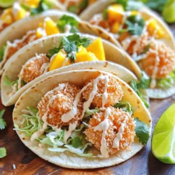 To make crispy coconut shrimp tacos, you need a few key items: - 1 lb large shrimp, peeled and deveined - 1 cup shredded sweetened coconut - 1 cup Panko breadcrumbs - 1/2 cup all-purpose flour - 2 eggs, beaten - 1 teaspoon garlic powder - 1 teaspoon paprika - Salt and pepper to taste - 8 small corn tortillas - 1 cup shredded cabbage - 1/2 cup diced mango - 1/4 cup fresh cilantro, chopped - 1 lime, cut into wedges - 1/2 cup spicy mayo (mix mayonnaise with Sriracha to taste) These ingredients create a perfect mix of crunchy and fresh flavors. You can customize your tacos with fun add-ins and toppings. Here are some ideas: - Sliced jalapeños for heat - Avocado or guacamole for creaminess - Fresh lime juice for brightness - Sliced radishes for crunch - Cotija cheese for a salty kick Feel free to mix and match to suit your taste. To create this dish, you'll need some basic kitchen tools: - Baking sheet - Parchment paper - Three mixing bowls - Whisk for the eggs - Skillet for warming tortillas - Tongs to handle the shrimp Having the right equipment makes cooking easier and more fun. For the full recipe, check the earlier sections. Start by prepping all your ingredients. You need large shrimp, shredded coconut, and Panko breadcrumbs. Set up three bowls for breading. In the first bowl, mix all-purpose flour with garlic powder, paprika, salt, and pepper. In the second bowl, beat two eggs. In the third bowl, combine the shredded coconut and Panko. This setup helps you bread the shrimp easily and quickly. Take each shrimp and dip it into the flour mixture first. Shake off any extra flour. Next, dip it in the beaten eggs. This step makes the coating stick. Finally, coat the shrimp in the coconut-Panko mix. Press gently to ensure the coating sticks well. Lay the breaded shrimp on a baking sheet in a single layer. Preheat your oven to 400°F (200°C). Bake the shrimp for 15-20 minutes. Flip them halfway for even cooking. While the shrimp bake, warm small corn tortillas in a skillet. Once the shrimp are golden and crispy, assemble your tacos. Start with shredded cabbage on each tortilla, then add 2-3 crispy shrimp. Top with diced mango and chopped cilantro. Drizzle spicy mayo on top, and serve with lime wedges. Enjoy your tasty meal! To get that perfect crunch, follow a few steps. First, use fresh, large shrimp. The size helps keep them juicy. Second, dry the shrimp well before breading. Moisture can ruin the crispiness. Coat the shrimp in flour, then in eggs, and finally in the coconut and Panko mix. Press the coating firmly to help it stick. Bake at 400°F until golden. Flip them halfway for even cooking. This method gives you a delightful crunch with every bite. You can swap ingredients if you need to. For the shrimp, chicken or tofu works well. If you don't have Panko, regular breadcrumbs are fine, but they won’t be as crispy. For coconut, unsweetened shredded coconut is an option if you prefer less sweetness. You can also use any tortillas you like—flour or corn both work. For the spicy mayo, mix regular mayo with hot sauce to taste. These swaps keep your tacos tasty and fun. Serve these tacos with fresh lime wedges. The lime adds a zesty kick! You can also add a side of black beans or rice for a hearty meal. If you love heat, try a jalapeño salsa or hot sauce on top. A simple salad with avocado and cilantro makes a great side. For a fun twist, serve with tropical fruit like pineapple or mango. Each bite bursts with flavor and makes your meal special. For the full recipe, check out the section above. {{image_2}} You can swap shrimp for chicken or tofu. Both work well and taste great. For chicken, use thin strips and follow the same breading method. For tofu, press it first to remove water, then cut into cubes. This way, you can enjoy crispy coconut tacos with different proteins. You can change the flavor by adding spices. Try curry powder for a warm taste. Or, mix in lime zest for a fresh kick. You can also use sweet chili sauce instead of spicy mayo for a different flavor. Experimenting with these changes can create a fun twist on the dish. To make this recipe gluten-free, use gluten-free breadcrumbs and flour. You can also use lettuce wraps instead of tortillas to keep it low-carb. If you’re vegan, replace shrimp with chickpeas and use flax eggs for binding. These adjustments let everyone enjoy crispy coconut shrimp tacos, no matter their diet. For the full recipe, visit the link provided. To keep your crispy coconut shrimp tacos fresh, store them in an airtight container. Place the shrimp in one container and the tortillas and toppings in another. This method prevents the shrimp from getting soggy. Use leftovers within two days for the best taste. When you’re ready to enjoy your leftovers, preheat the oven to 375°F (190°C). Place the shrimp on a baking sheet and heat for about 10 minutes. This will help them regain their crispiness. Warm the tortillas in a skillet for a minute on each side. Serve with fresh toppings to bring back the flavor. If you want to save some shrimp for later, freeze them before cooking. Arrange the breaded shrimp in a single layer on a baking sheet and freeze for one hour. Once frozen, transfer them to a freezer bag. They’ll keep well for up to three months. When you’re ready to cook, bake them straight from the freezer for 20-25 minutes at 400°F (200°C). Enjoy your crispy coconut shrimp tacos any time! Find the full recipe at the beginning of this article. To make crispy coconut shrimp, start by setting up a breading station. You need three bowls. In the first bowl, mix flour, salt, pepper, garlic powder, and paprika. In the second bowl, beat two eggs. In the third bowl, combine shredded coconut and Panko breadcrumbs. Coat each shrimp in the flour, shake off the extra, then dip it in the eggs. Finally, press the shrimp into the coconut-Panko mix. This makes a nice, crunchy coating. Bake the shrimp at 400°F until golden brown. Yes, you can use frozen shrimp. Just be sure to thaw them first. Place them in cold water for about 15 minutes. This makes them easier to bread. Pat them dry with a towel to help the coating stick better. Crispy coconut shrimp tacos go well with many side dishes. Here are some great options: - Black bean salad - Mango salsa - Cilantro lime rice - Grilled corn on the cob - Fresh guacamole These sides add different flavors and textures to your meal. You can find the full recipe for crispy coconut shrimp tacos above. It includes all the ingredients and detailed steps to make this tasty dish. Enjoy cooking! Crispy coconut shrimp tacos are a fun and tasty dish. We covered the main ingredients and helpful tips to make them great. Remember, the right cooking method and fresh ingredients are key. You can mix and match flavors or adjust for special diets. Store leftovers correctly to enjoy them later. Try these tacos at your next meal, and share them with friends. Baking makes them healthier without losing flavor. Dive in and enjoy your culinary adventure!