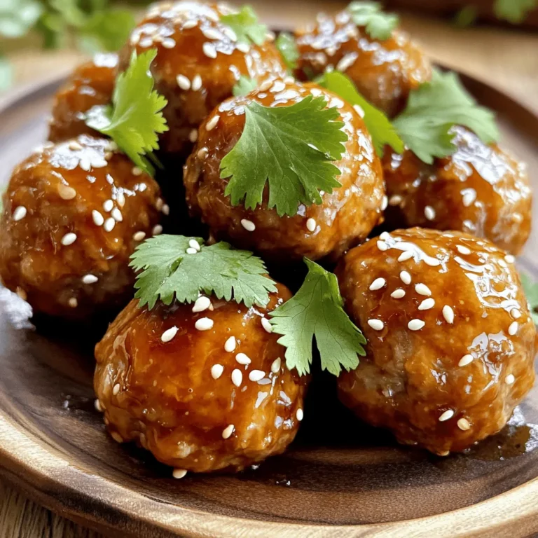 To make teriyaki glazed meatballs, you need these key ingredients: - 1 lb ground chicken (or turkey) - 1/2 cup breadcrumbs (preferably panko for crunch) - 1/4 cup green onions, finely chopped - 1 egg, lightly beaten - 2 tablespoons soy sauce - 1 tablespoon ginger, minced - 1 tablespoon garlic, minced - 1/4 teaspoon black pepper - 1/4 teaspoon sesame oil - 1/2 cup teriyaki sauce (store-bought or homemade) - 1 tablespoon sesame seeds (for garnish) - Fresh cilantro leaves (for garnish) These ingredients create a great flavor and texture. The ground chicken keeps the meatballs juicy. Panko breadcrumbs add a nice crunch. Soy sauce and sesame oil give a rich taste. You can change the recipe to suit your taste. Try adding: - Chopped bell peppers for extra crunch - A dash of red pepper flakes for spice - Pineapple pieces for sweetness - Different herbs like parsley or basil These options let you make the dish your own. Feel free to mix and match! To cook these meatballs, you will need some basic kitchen tools: - A large mixing bowl - A baking sheet - Parchment paper (for easy cleanup) - A small saucepan (for warming the teriyaki sauce) - A spatula or tongs (for tossing the meatballs) Having the right tools makes cooking easy. Gather everything before you start, and you’ll enjoy the process. For the full recipe, check the instructions to create these delicious meatballs! To start, gather your ingredients. You need ground chicken, breadcrumbs, green onions, an egg, soy sauce, ginger, garlic, black pepper, and sesame oil. In a large bowl, mix them all together. I like to use my hands for this part. It helps to blend everything well. The mixture should be sticky but hold together. This is the base for our tasty meatballs. Now, it’s time to shape the meatballs. Wet your hands with water to avoid sticking. Take a small amount of the mixture and roll it into a ball about one inch wide. Place each meatball on a baking sheet lined with parchment paper. Leave some space between them for even cooking. Preheat your oven to 400°F (200°C). Bake the meatballs for 15 to 20 minutes. You want them to be cooked through and slightly golden. While the meatballs bake, warm up your teriyaki sauce in a small saucepan. Stir it gently over medium heat. Once the meatballs finish baking, transfer them to a large bowl. Drizzle the warm teriyaki sauce over the meatballs. Toss them gently to coat each meatball evenly. Serve them hot, topped with sesame seeds and fresh cilantro. For the full recipe, check the earlier section. Enjoy your delicious teriyaki glazed meatballs! To make the best teriyaki glazed meatballs, use fresh ingredients. Fresh ground chicken gives the best flavor. I prefer panko breadcrumbs for a nice crunch. Mix the meat gently; over mixing makes them tough. Keep meatballs about one inch wide for even cooking. A common mistake is not preheating the oven. Always start with a hot oven for perfect meatballs. Don’t skip wetting your hands; it helps shape the meatballs easily. Avoid crowding the baking sheet; give them space to brown. Check the meatballs early to prevent overcooking. These meatballs shine when served over rice or noodles. Try pairing them with steamed veggies for a complete meal. Drizzle extra teriyaki sauce on top for added flavor. For a fun twist, serve them as appetizers. Garnish with sesame seeds and cilantro to impress your guests. For the full recipe, click here. {{image_2}} You can use different meats for teriyaki glazed meatballs. Ground beef works well. It gives a rich flavor. Ground pork adds juiciness and a great taste. If you like poultry, turkey is a leaner choice. You can also try ground lamb for a unique twist. Each meat adds its own flavor and texture to the dish. For a vegetarian option, you can swap meat for plant-based alternatives. Use lentils or chickpeas as the base. Mix them with breadcrumbs and spices for protein. Tofu crumbles are another great choice. They soak up flavors well. For a vegan option, replace the egg with ground flaxseed mixed with water. This helps bind the mixture while keeping it plant-based. While teriyaki sauce is classic, other sauces can change the flavor. Try sweet and sour sauce for a tangy twist. A spicy hoisin sauce adds heat and depth. For a smoky touch, use BBQ sauce. You can even mix sauces together for unique flavors. Add garlic or chili flakes for extra zest. Experimenting with these sauces can make your meatballs stand out. For the full recipe, check the link provided. To store leftover meatballs, let them cool first. Place them in an airtight container. You can keep them in the fridge for up to three days. Make sure to separate layers with parchment paper to prevent sticking. When you're ready to eat, take the meatballs out of the fridge. You can reheat them in the oven at 350°F (175°C) for about 10-15 minutes. If you prefer, you can also use the microwave. Heat them for about 1-2 minutes until warm. Just cover them with a damp paper towel to keep them moist. Freezing is a great way to save time. To freeze, first, let the meatballs cool completely. Then, place them in a single layer on a baking sheet. Freeze until solid, about 1-2 hours. After that, transfer them to a freezer bag or container. You can keep them in the freezer for up to three months. When you're ready to enjoy them, thaw overnight in the fridge. Then reheat as mentioned earlier. Enjoy your tasty teriyaki glazed meatballs anytime! You can serve teriyaki glazed meatballs with many tasty sides. Rice is a great choice. Steamed white or brown rice pairs well with the sweet sauce. Noodles are another option. Try soba or udon noodles for a fun twist. You can also add a side of veggies. Broccoli, snap peas, or carrots work nicely. A simple salad with sesame dressing adds freshness too. Yes, you can make teriyaki glazed meatballs ahead of time. Prepare the meatballs and bake them. Let them cool and store in the fridge for up to three days. You can also freeze them. Just place the cooked meatballs in a freezer-safe bag. They will last up to three months. When ready to serve, just reheat and coat with teriyaki sauce. To check if the meatballs are fully cooked, look for a few signs. They should be golden brown on the outside. The inside should not be pink. You can also use a meat thermometer. The internal temperature should reach 165°F (74°C). Once they are ready, drizzle them with teriyaki sauce from the Full Recipe and enjoy! This blog post shared how to make teriyaki glazed meatballs. You learned about key ingredients and skills needed. We covered tips for perfecting your meatballs and avoiding common mistakes. You can customize them with various ingredients and sauces based on your taste. In the end, cooking should be fun and easy. Enjoy making these teriyaki glazed meatballs for your family and friends!