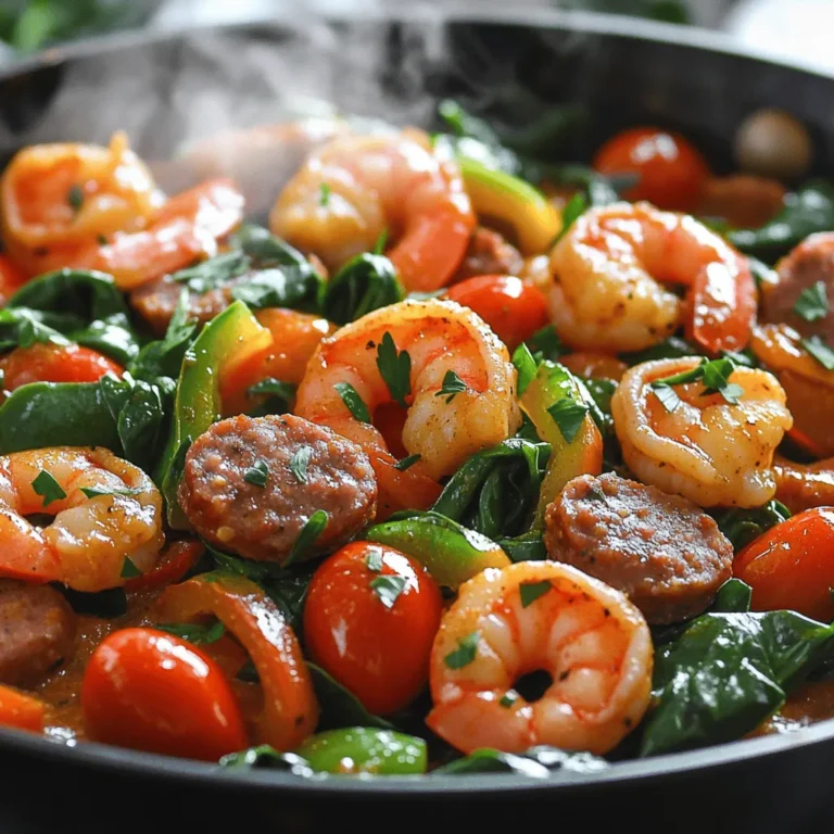 - 1 lb shrimp, peeled and deveined - 1 lb smoked sausage, sliced (Andouille or your choice) - 1 medium bell pepper, diced (red or green) - 1 small onion, chopped - 3 cloves garlic, minced - 1 cup cherry tomatoes, halved - 2 cups fresh spinach - 2 teaspoons Cajun seasoning - 1 teaspoon paprika - 1/2 teaspoon cayenne pepper (adjust for spice level) - Salt and pepper to taste - 3 tablespoons olive oil - Fresh parsley, chopped (for garnish) When I make Cajun Shrimp and Sausage Skillet, I start with fresh ingredients. Fresh shrimp brings a sweet flavor. Smoked sausage adds a rich, savory taste. I love the crunch from the bell pepper and the sweetness of cherry tomatoes. Fresh spinach gives the dish a nice green color and extra nutrients. Next, I focus on spices. Cajun seasoning gives the dish its bold flavor. Paprika adds a hint of smokiness. The cayenne pepper gives a kick. You can adjust the heat to your liking. Finally, salt and pepper balance all the flavors. For cooking, I use olive oil. It helps brown the sausage and adds healthy fat. Fresh parsley on top makes the dish look pretty and bright. These ingredients come together to create a delicious meal. You can find the full recipe [here](Full Recipe). - Heat 3 tablespoons of olive oil in a large skillet. - Cook 1 lb of sliced sausage until browned, about 4-5 minutes. - Set the sausage aside and prepare your vegetables. - Sauté 1 chopped onion and 1 diced bell pepper in the same skillet. - Add 3 minced garlic cloves and 1 cup of halved cherry tomatoes. - Incorporate spices: 2 teaspoons Cajun seasoning, 1 teaspoon paprika, and 1/2 teaspoon cayenne pepper. Stir well and return the sausage to the skillet. - Add 1 lb of shrimp and 2 cups of fresh spinach. - Cook until the shrimp turns pink, about 3-4 minutes. - Adjust seasoning with salt and pepper to taste, then serve hot. For the complete method, check out the Full Recipe. - How to choose the best shrimp: Look for shrimp that are firm and smell fresh. Wild-caught shrimp often taste better. Avoid shrimp that smell like ammonia. - Tips for perfectly cooked sausage: Cut sausage into even pieces. This helps them cook evenly. Sauté until they are golden brown for the best flavor. - Adjusting spice levels for personal preference: Start with less cayenne pepper if you prefer milder dishes. You can always add more spice later, but you can't take it away. - Serving suggestions with crusty bread: Serve the skillet dish hot with crusty bread. It soaks up the sauce well and adds texture. - Pairing options for a complete meal: Serve over rice or with a side salad. This will balance the meal and add freshness. - Garnishing ideas for aesthetics: Sprinkle chopped parsley on top. It adds color and a fresh taste. A slice of lemon can also brighten the dish. - Overcooking shrimp: Shrimp cook quickly. Watch them closely. They turn pink and opaque when done. Remove them from heat as soon as they are cooked. - Skipping the seasoning step: Seasoning is key to flavor. Don’t skip the Cajun spices. They make the dish tasty and vibrant. - Not using a large enough skillet: Use a big skillet for even cooking. Crowding the pan can lead to steaming instead of browning. {{image_2}} You can easily change the main proteins in this dish. Try chicken or tofu instead of shrimp. Both options work well with the spices and flavors. For extra nutrition, add vegetables like zucchini or carrots. You can also switch spices to make new flavor profiles. Consider using cumin or Italian herbs for a different twist. This dish can fit many diets. For gluten-free options, make sure your sausage is gluten-free. If you want a low-carb meal, skip the sausage and serve the shrimp with more veggies. For vegan variations, use plant-based sausage and tofu in place of shrimp and sausage. You still get a tasty meal. You can add Creole flavors by mixing in sliced okra or using a spicy Creole seasoning. Incorporate Louisiana-style ingredients like crawfish for a coastal touch. For a Mediterranean flair, add olives and feta cheese. These twists keep the dish fresh and exciting. You can find the full recipe on our site for more ideas. To keep your Cajun Shrimp and Sausage Skillet fresh, store it in the fridge. Place it in an airtight container. This helps prevent the meal from drying out. You can enjoy leftovers for up to three days. If you have a large batch, consider dividing it into smaller portions. This makes it easy to reheat later. When it’s time to eat your leftovers, reheating is key. The best way to reheat is on the stove. Place the skillet over low heat and stir often. This helps to keep the shrimp juicy and tasty. Make sure the shrimp reach a safe temperature of 165°F. You can also use a microwave, but be careful not to overcook. Yes, you can freeze Cajun Shrimp and Sausage Skillet! Just let it cool completely before freezing. Use freezer-safe containers to avoid freezer burn. For best quality, eat within three months. To thaw, place it in the fridge overnight. Reheat on the stove to restore the texture. Making Cajun Shrimp and Sausage Skillet takes about 30 minutes. The prep time is roughly 15 minutes, and cooking takes around 15 minutes. This quick meal fits perfectly into a busy weeknight. Yes, you can use frozen shrimp. Just thaw them before cooking. Place the shrimp in cold water for about 20 minutes. If you cook them straight from frozen, they can become tough. Thawing makes sure they stay juicy and tender. You can serve this dish with many sides. Here are some tasty options: - Crusty bread for dipping. - White rice or brown rice for a filling base. - A fresh green salad for crunch. - Pasta to soak up the flavors. Yes, this dish can be healthy. Shrimp is low in calories and high in protein. Smoked sausage adds flavor but is higher in fat. You can choose leaner sausage for a healthier option. The veggies, like spinach and bell peppers, provide vitamins and minerals. Enjoy this dish in moderation for a balanced meal. For the full recipe, check the details above. This blog showed you how to make a tasty Cajun Shrimp and Sausage Skillet. We covered fresh ingredients, spice choices, and cooking steps. Remember to avoid common mistakes to get the best flavor. You can adapt this dish to fit your taste with various proteins and spices. Try new ingredients or adjust seasonings for fun twists. Enjoy your cooking adventure, and don’t be afraid to experiment! Happy cooking!