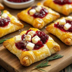 - 1 package of puff pastry (1 sheet, thawed) - 1 cup of fresh or canned cranberry sauce - 8 ounces of Brie cheese, cut into 1-inch cubes - 1 tablespoon of brown sugar - 1 tablespoon of chopped fresh rosemary (or 1 teaspoon dried rosemary) - 1 egg, beaten (for egg wash) - Sea salt for sprinkling For this recipe, I always use high-quality puff pastry. It puffs nicely and gives a flaky texture. You can use fresh cranberry sauce if you like a tart flavor. Canned cranberry sauce works well too if you want convenience. Brie cheese is key for this dish. I recommend using a creamy, soft Brie. It melts beautifully and adds a rich taste that pairs well with cranberry. To enhance the flavor, try adding a sprinkle of chopped walnuts or pecans on top. They add a nice crunch. You can also drizzle a bit of honey for sweetness. Serve these bites with a side of extra cranberry sauce for dipping. A glass of sparkling wine or cider pairs well with them too! Here’s what you need to make these bites: - Baking sheet - Parchment paper - Rolling pin Using parchment paper makes clean-up easy and helps the bites bake evenly. A rolling pin helps flatten the puff pastry quickly and smoothly. To start, you need to thaw your puff pastry. Leave it in the fridge for a few hours. If you're in a hurry, you can set it out at room temperature for about 30 minutes. Once it’s soft, roll out the pastry on a lightly floured surface. This helps smooth out any creases. Cut the pastry into 2-inch squares. You should get about 16 squares. Now, place each square on a baking sheet lined with parchment paper. This prevents sticking and makes cleanup easy. Next, let's add some flavor. In the center of each pastry square, spoon about a teaspoon of cranberry sauce. Then, add a cube of Brie cheese right on top. I love using a good, creamy Brie for this. It melts beautifully! Now, sprinkle a pinch of brown sugar and some chopped rosemary over the cheese. This adds a sweet and savory touch. Fold the corners of the pastry squares over the filling. Gather them in the center and pinch them to seal. Make sure they are tightly closed to keep the filling inside. To give the bites a nice glaze, brush each one with the beaten egg. This step is key for that golden look. Finally, sprinkle a small pinch of sea salt on top. It enhances the flavors beautifully. Now it’s time to bake! Preheat your oven to 400°F (200°C). This is the perfect temperature for a crispy crust. Bake your bites for 15 to 20 minutes. Keep an eye on them until they turn golden brown and puff up nicely. Once they are done, take them out and let them cool slightly. They will smell amazing! For the full recipe, check the details above. Enjoy your delicious Cranberry Brie Bites! To handle puff pastry well, keep it cold. If it warms up, it becomes sticky. Lightly flour your work surface to prevent sticking. When cutting, use a sharp knife for clean edges. This helps the pastry rise evenly. For flavor, try adding herbs like thyme or sage. A sprinkle of cinnamon can add warmth. You could also add a dash of balsamic glaze for a tangy twist. Mixing flavors keeps your bites exciting and fresh. Serve your cranberry Brie bites on a nice platter. A rustic wooden board works great. Place extra cranberry sauce in a bowl for dipping. Garnish with fresh rosemary for a pop of color. This makes your dish not just tasty but also beautiful. Pair these bites with sparkling wine or a light beer. They also match well with a fresh salad. A creamy dip, like spinach artichoke, can complement them nicely. These pairings enhance the overall flavor experience. One common mistake is overfilling the pastry. Too much filling can cause leaks. Keep it to a teaspoon of cranberry sauce and a small cube of Brie. This ensures the bites seal well. Also, watch the baking temperature. Preheat your oven to 400°F (200°C) before baking. This helps the pastry puff up and become golden. If your oven is too cool, the bites may end up soggy. Follow these tips from the Full Recipe for perfect results. {{image_2}} You can change the taste of your cranberry Brie bites by adding different fruits. Figs add a sweet touch. Apples bring a crisp bite. Try using Gouda or goat cheese instead of Brie for a new flavor. Each cheese has its own unique taste that can change the whole dish. If you need gluten-free options, look for gluten-free puff pastry. Many brands offer great choices that taste amazing. For a vegan version, swap out the Brie for vegan cheese. You can also use a plant-based egg wash made from almond milk and flour. These choices keep the recipe delicious for everyone. Make your bites special for the holidays by mixing in spiced cranberry sauce. Add cinnamon and nutmeg for a warm flavor. For parties, consider making a larger platter. Fill it with various bites, all with different flavors. This way, guests can enjoy a variety of tastes during celebrations. To store leftovers, let the bites cool first. Place them in an airtight container. Make sure to layer parchment paper between bites. This helps keep them from sticking together. Store in the fridge for up to three days. When you’re ready to enjoy them, take out only what you need. You can freeze these bites before or after baking. For unbaked bites, assemble them as usual. Place them on a baking sheet and freeze until solid. Once frozen, transfer to a freezer-safe bag. Label the bag and store for up to two months. If you want to freeze baked bites, allow them to cool completely. Store them in an airtight container or bag. Baked bites can be frozen for one month. To reheat, use the oven for the best results. Preheat your oven to 350°F (175°C). Place the bites on a baking sheet. Heat them for about 10-15 minutes. This method helps regain their crispy texture. Avoid microwaving, as it can make the pastry soggy. Enjoy your delicious Cranberry Brie Bites just like fresh! For the full recipe, check the [Full Recipe]. You can serve many tasty appetizers with Cranberry Brie Bites. Here are some great options: - Cheese platter: Include a variety of cheeses like cheddar, gouda, and blue cheese. - Fresh fruit: Grapes, apple slices, and pear wedges add a nice touch. - Charcuterie: Cured meats like prosciutto and salami pair well. - Veggie sticks: Carrots, celery, and bell peppers with dip bring crunch. These pairings will enhance your spread and impress your guests. Yes, you can prepare these bites in advance. Here’s how: - Make Ahead: Prepare the bites up to the point of baking. - Storage: Place them on a baking sheet and cover with plastic wrap. - Refrigerate: You can keep them in the fridge for up to 24 hours. - Baking: Bake them right before serving. Add a few extra minutes if baking from cold. This method saves you time and keeps the flavor fresh. To keep the pastry crisp, follow these tips: - Use cold ingredients: Keep the puff pastry and cheese cold before baking. - Don't overfill: Use just enough cranberry sauce and cheese to avoid sogginess. - Bake immediately: Once assembled, pop them in the oven without delay. - Parchment paper: Line your baking sheet with parchment to absorb extra moisture. These steps help ensure a delightful crunch in every bite. We covered how to make delicious cranberry Brie bites. First, we looked at ingredients and tools you'll need. Then, I shared step-by-step instructions for perfecting this dish. I also offered tips to avoid common mistakes and discussed tasty variations. These bites are great for any gathering or snack. With simple adjustments, you can make them your own. Enjoy baking and impressing everyone with your tasty treats!