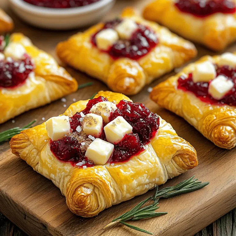 - 1 package of puff pastry (1 sheet, thawed) - 1 cup of fresh or canned cranberry sauce - 8 ounces of Brie cheese, cut into 1-inch cubes - 1 tablespoon of brown sugar - 1 tablespoon of chopped fresh rosemary (or 1 teaspoon dried rosemary) - 1 egg, beaten (for egg wash) - Sea salt for sprinkling For this recipe, I always use high-quality puff pastry. It puffs nicely and gives a flaky texture. You can use fresh cranberry sauce if you like a tart flavor. Canned cranberry sauce works well too if you want convenience. Brie cheese is key for this dish. I recommend using a creamy, soft Brie. It melts beautifully and adds a rich taste that pairs well with cranberry. To enhance the flavor, try adding a sprinkle of chopped walnuts or pecans on top. They add a nice crunch. You can also drizzle a bit of honey for sweetness. Serve these bites with a side of extra cranberry sauce for dipping. A glass of sparkling wine or cider pairs well with them too! Here’s what you need to make these bites: - Baking sheet - Parchment paper - Rolling pin Using parchment paper makes clean-up easy and helps the bites bake evenly. A rolling pin helps flatten the puff pastry quickly and smoothly. To start, you need to thaw your puff pastry. Leave it in the fridge for a few hours. If you're in a hurry, you can set it out at room temperature for about 30 minutes. Once it’s soft, roll out the pastry on a lightly floured surface. This helps smooth out any creases. Cut the pastry into 2-inch squares. You should get about 16 squares. Now, place each square on a baking sheet lined with parchment paper. This prevents sticking and makes cleanup easy. Next, let's add some flavor. In the center of each pastry square, spoon about a teaspoon of cranberry sauce. Then, add a cube of Brie cheese right on top. I love using a good, creamy Brie for this. It melts beautifully! Now, sprinkle a pinch of brown sugar and some chopped rosemary over the cheese. This adds a sweet and savory touch. Fold the corners of the pastry squares over the filling. Gather them in the center and pinch them to seal. Make sure they are tightly closed to keep the filling inside. To give the bites a nice glaze, brush each one with the beaten egg. This step is key for that golden look. Finally, sprinkle a small pinch of sea salt on top. It enhances the flavors beautifully. Now it’s time to bake! Preheat your oven to 400°F (200°C). This is the perfect temperature for a crispy crust. Bake your bites for 15 to 20 minutes. Keep an eye on them until they turn golden brown and puff up nicely. Once they are done, take them out and let them cool slightly. They will smell amazing! For the full recipe, check the details above. Enjoy your delicious Cranberry Brie Bites! To handle puff pastry well, keep it cold. If it warms up, it becomes sticky. Lightly flour your work surface to prevent sticking. When cutting, use a sharp knife for clean edges. This helps the pastry rise evenly. For flavor, try adding herbs like thyme or sage. A sprinkle of cinnamon can add warmth. You could also add a dash of balsamic glaze for a tangy twist. Mixing flavors keeps your bites exciting and fresh. Serve your cranberry Brie bites on a nice platter. A rustic wooden board works great. Place extra cranberry sauce in a bowl for dipping. Garnish with fresh rosemary for a pop of color. This makes your dish not just tasty but also beautiful. Pair these bites with sparkling wine or a light beer. They also match well with a fresh salad. A creamy dip, like spinach artichoke, can complement them nicely. These pairings enhance the overall flavor experience. One common mistake is overfilling the pastry. Too much filling can cause leaks. Keep it to a teaspoon of cranberry sauce and a small cube of Brie. This ensures the bites seal well. Also, watch the baking temperature. Preheat your oven to 400°F (200°C) before baking. This helps the pastry puff up and become golden. If your oven is too cool, the bites may end up soggy. Follow these tips from the Full Recipe for perfect results. {{image_2}} You can change the taste of your cranberry Brie bites by adding different fruits. Figs add a sweet touch. Apples bring a crisp bite. Try using Gouda or goat cheese instead of Brie for a new flavor. Each cheese has its own unique taste that can change the whole dish. If you need gluten-free options, look for gluten-free puff pastry. Many brands offer great choices that taste amazing. For a vegan version, swap out the Brie for vegan cheese. You can also use a plant-based egg wash made from almond milk and flour. These choices keep the recipe delicious for everyone. Make your bites special for the holidays by mixing in spiced cranberry sauce. Add cinnamon and nutmeg for a warm flavor. For parties, consider making a larger platter. Fill it with various bites, all with different flavors. This way, guests can enjoy a variety of tastes during celebrations. To store leftovers, let the bites cool first. Place them in an airtight container. Make sure to layer parchment paper between bites. This helps keep them from sticking together. Store in the fridge for up to three days. When you’re ready to enjoy them, take out only what you need. You can freeze these bites before or after baking. For unbaked bites, assemble them as usual. Place them on a baking sheet and freeze until solid. Once frozen, transfer to a freezer-safe bag. Label the bag and store for up to two months. If you want to freeze baked bites, allow them to cool completely. Store them in an airtight container or bag. Baked bites can be frozen for one month. To reheat, use the oven for the best results. Preheat your oven to 350°F (175°C). Place the bites on a baking sheet. Heat them for about 10-15 minutes. This method helps regain their crispy texture. Avoid microwaving, as it can make the pastry soggy. Enjoy your delicious Cranberry Brie Bites just like fresh! For the full recipe, check the [Full Recipe]. You can serve many tasty appetizers with Cranberry Brie Bites. Here are some great options: - Cheese platter: Include a variety of cheeses like cheddar, gouda, and blue cheese. - Fresh fruit: Grapes, apple slices, and pear wedges add a nice touch. - Charcuterie: Cured meats like prosciutto and salami pair well. - Veggie sticks: Carrots, celery, and bell peppers with dip bring crunch. These pairings will enhance your spread and impress your guests. Yes, you can prepare these bites in advance. Here’s how: - Make Ahead: Prepare the bites up to the point of baking. - Storage: Place them on a baking sheet and cover with plastic wrap. - Refrigerate: You can keep them in the fridge for up to 24 hours. - Baking: Bake them right before serving. Add a few extra minutes if baking from cold. This method saves you time and keeps the flavor fresh. To keep the pastry crisp, follow these tips: - Use cold ingredients: Keep the puff pastry and cheese cold before baking. - Don't overfill: Use just enough cranberry sauce and cheese to avoid sogginess. - Bake immediately: Once assembled, pop them in the oven without delay. - Parchment paper: Line your baking sheet with parchment to absorb extra moisture. These steps help ensure a delightful crunch in every bite. We covered how to make delicious cranberry Brie bites. First, we looked at ingredients and tools you'll need. Then, I shared step-by-step instructions for perfecting this dish. I also offered tips to avoid common mistakes and discussed tasty variations. These bites are great for any gathering or snack. With simple adjustments, you can make them your own. Enjoy baking and impressing everyone with your tasty treats!