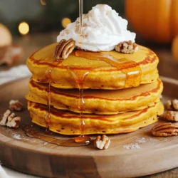 To make these fluffy pumpkin pancakes, you need: - 1 cup all-purpose flour - 1 teaspoon baking powder - 1/2 teaspoon baking soda - 1/2 teaspoon salt - 1 teaspoon ground cinnamon - 1/2 teaspoon ground nutmeg - 1/4 teaspoon ground ginger - 3/4 cup pumpkin puree (canned or fresh) - 2 tablespoons brown sugar - 1 large egg - 1 cup buttermilk (or milk + 1 tsp vinegar mixed) - 2 tablespoons melted butter - Cooking spray or more butter for the pan If you need to convert measurements, here are some quick tips: - 1 cup of flour is about 120 grams. - 1 tablespoon of butter is about 14 grams. - 1 cup of buttermilk equals about 240 milliliters. - 1 teaspoon is about 5 milliliters. Using these conversions can help you adjust your recipe easily. Choose the best ingredients for the best taste: - Flour: Look for unbleached all-purpose flour for a richer flavor. - Pumpkin Puree: Use 100% pure pumpkin. Check the label for added sugars or spices. - Spices: Fresh spices make a big difference. Smell them to check freshness. - Eggs: Use large, fresh eggs for better texture. - Dairy: Choose whole milk or buttermilk for creaminess. These tips will help you create the most delicious fluffy pumpkin pancakes. For the full recipe, refer to the earlier instructions. Start by taking a large bowl. Add 1 cup of all-purpose flour. Then sprinkle in 1 teaspoon of baking powder and 1/2 teaspoon of baking soda. Next, add 1/2 teaspoon of salt. For spice, mix in 1 teaspoon of ground cinnamon, 1/2 teaspoon of ground nutmeg, and 1/4 teaspoon of ground ginger. Whisk these dry ingredients together until they blend well. This step is key for even flavor. In another bowl, place 3/4 cup of pumpkin puree. You can use canned or fresh. Add 2 tablespoons of brown sugar and 1 large egg. Mix these until smooth. Next, pour in 1 cup of buttermilk or milk mixed with 1 teaspoon of vinegar. Then add 2 tablespoons of melted butter. Stir these wet ingredients together until they are fully combined and creamy. Now, pour the wet mixture into the dry mixture. Gently stir them together. It is important not to overmix. A few lumps are okay because they help make the pancakes fluffy. After mixing, preheat a non-stick skillet or griddle over medium heat. Lightly grease it with cooking spray or butter. Pour about 1/4 cup of batter per pancake onto the skillet. Cook until bubbles form, which takes about 2-3 minutes. Flip the pancakes and cook for another 2-3 minutes until they are golden brown. Repeat this with the remaining batter. For the full recipe, check the details above. To get fluffy pancakes, focus on two key steps: mixing and resting. First, mix your dry and wet ingredients separately. When you combine them, only stir until you see a few lumps. Overmixing makes pancakes dense. Next, let the batter rest for about 5-10 minutes. This allows the baking powder to activate. The result? Fluffy pancakes that rise beautifully on the skillet. Many home cooks make a few common mistakes. One big mistake is using old baking powder. Always check the expiration date. Another mistake is cooking on too high heat. If the skillet is too hot, the outside burns while the inside stays raw. Lastly, don’t skip the buttermilk. It adds moisture and helps create that perfect fluffy texture. For cooking pumpkin pancakes, I recommend using a non-stick skillet or a griddle. A skillet works well for small batches, while a griddle is great for cooking larger amounts at once. Make sure to preheat your cooking surface. A medium heat is best. This temperature cooks the pancakes evenly and helps them rise. Use a light coating of cooking spray or butter to prevent sticking. Enjoy your cooking experience and have fun flipping those pancakes! {{image_2}} You can make your pumpkin pancakes even more fun by adding chocolate chips or nuts. I love using semi-sweet chocolate chips. They melt slightly and make each bite sweet and rich. If you prefer nuts, try walnuts or pecans for a nice crunch. Just sprinkle a handful into the batter before cooking. This small change can turn a simple pancake into a tasty treat! If you need gluten-free pancakes, you can swap the all-purpose flour. Use a blend of gluten-free flours, like almond flour or oat flour. These flours can add a nice flavor and texture. Just remember, you may need to adjust the liquid in the recipe. Start with the same amount, then add more if the batter seems too thick. This makes it easy for everyone to enjoy pumpkin pancakes! Want to try different flavors? You can add other ingredients for a unique twist. A splash of vanilla extract can enhance the sweetness. Maple extract can give a warm, rich flavor. You can also mix in a bit of orange zest for a fresh taste. These options allow you to create pancakes that match your mood. The full recipe gives you a great base to start from, but feel free to explore! To keep your fluffy pumpkin pancakes fresh, place them in an airtight container. Let them cool to room temperature first. Layer the pancakes with parchment paper to prevent sticking. You can store them in the fridge for up to three days. If you want to keep them longer, freezing is a great option. Reheating pancakes properly keeps them fluffy and tasty. You can use the microwave or a skillet. For the microwave, place a pancake on a plate and cover it with a damp paper towel. Heat for about 20 to 30 seconds. This adds moisture and keeps them soft. If using a skillet, warm it over low heat. Flip the pancake after about a minute. This method keeps the pancakes fluffy and nice. Freezing pancakes is easy and perfect for quick meals. Stack pancakes with parchment paper in between. Wrap them tightly in plastic wrap and then in foil. Place them in the freezer for up to two months. To thaw, take out the pancakes and let them sit at room temperature for about 30 minutes. You can also microwave them directly from frozen for about one minute. Enjoy your delicious pancakes anytime! For the full recipe, refer to the earlier section. You can make pumpkin pancakes without eggs by using substitutes. Common substitutes include mashed bananas or applesauce. Use 1/4 cup of either for each egg. This keeps the pancakes moist and fluffy. You can also try flaxseed meal mixed with water. Mix 1 tablespoon of flaxseed meal with 3 tablespoons of water. Let it sit for about five minutes until it thickens. Yes, you can substitute all-purpose flour with whole wheat flour. Whole wheat flour adds more fiber and nutrients. Use the same amount as the recipe calls for. Note that this can make the pancakes a bit denser. To lighten them, you can mix half whole wheat and half all-purpose flour. The best toppings for pumpkin pancakes are maple syrup, whipped cream, and nuts. You can also try fresh fruit like bananas or berries. A sprinkle of cinnamon or powdered sugar adds a nice touch too. For a fun twist, consider adding chocolate chips or a dollop of yogurt. These toppings enhance the flavor and make your pancakes even more delicious. For the full recipe, check out the main section. Fluffy pumpkin pancakes require quality ingredients and precise steps. We covered how to mix wet and dry ingredients for the best texture. Tips on achieving fluffiness and avoiding mistakes can guide you. You can also try fun variations, from gluten-free options to tasty toppings. In the end, enjoy these pancakes. Store leftovers well, and don’t forget the reheating tips for that perfect fluff. Happy cooking!