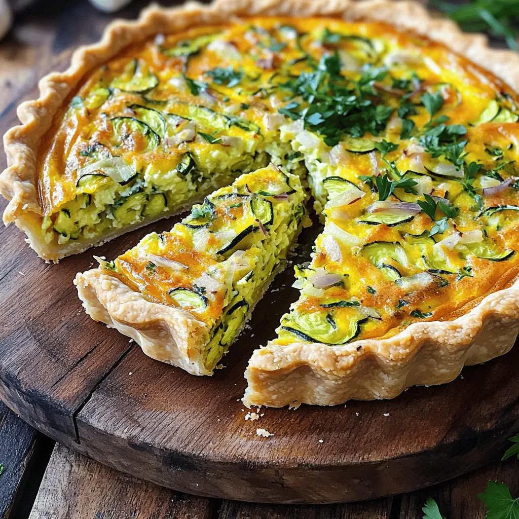 To make the perfect Easy Zucchini Quiche, you need just a few key items. Here’s what you will need: - 1 pre-made pie crust - 2 medium zucchinis, grated - 1 cup shredded cheese (e.g., cheddar or mozzarella) - 4 large eggs - 1 cup milk - 1 small onion, finely chopped - 1 clove garlic, minced - 1 teaspoon dried oregano - Salt and pepper to taste - Fresh herbs for garnish (e.g., parsley or chives) These simple ingredients blend together to create a delicious quiche. The zucchinis add moisture and flavor, while the eggs and cheese create a rich filling. Cheese makes this quiche even better. I love using cheddar or mozzarella for their creamy texture. You can also try feta for a tangy kick or Swiss for a nutty flavor. Mix and match different cheeses to find your favorite combo. If you want a lighter quiche, there are easy swaps. Use a whole-wheat pie crust instead of a regular one. For a dairy-free option, almond milk works great in place of regular milk. You can also use egg substitutes if you need to avoid eggs. These changes keep the quiche tasty and healthy. For the full recipe, check out Easy Zucchini Quiche! Enjoy your cooking! To start, gather your ingredients. Grate the zucchini using a box grater. This will help it cook evenly. Next, chop the onion finely. In a skillet, heat a splash of olive oil over medium heat. Add the chopped onion and minced garlic. Sauté them for about 3 to 4 minutes. You want them to turn soft and clear. Then, add the grated zucchini to the skillet. Cook it for another 5 minutes. Stir often until the zucchini softens. Season this mix with salt, pepper, and dried oregano. After cooking, set it aside to cool for a bit. In a large bowl, crack the eggs. Add the milk and whisk until it looks smooth. Now, stir in the shredded cheese. You can use cheddar or mozzarella for a tasty blend. Once combined, add the sautéed zucchini and onion mix to the bowl. Mix well to ensure every bite has flavor. This base is key to a rich and creamy quiche. Take the pre-made pie crust and place it in a pie dish. Pour the egg and veggie mixture into the crust. Spread it evenly for a nice bake. Preheat your oven to 375°F (190°C). Bake the quiche for 35 to 40 minutes. You’ll know it’s done when the center is set and the top is lightly golden. After baking, let it cool for about 10 minutes. This helps it slice nicely. Enjoy your Easy Zucchini Quiche warm or at room temperature. For the full recipe, refer to the main section. To keep your crust crispy, you must pre-bake it. This process is called blind baking. Simply line the pie crust with parchment paper and add weights. Bake it for about 10 minutes at 375°F (190°C). This step prevents moisture from the filling from making the crust soggy. You can prepare the zucchini quiche in advance. Make it a day before you need it. Just follow the full recipe and store it in the fridge. When you are ready, bake it fresh. This saves you time on busy mornings. For this quiche, a deep pie dish works best. A non-stick skillet will help when cooking the zucchini and onion. A whisk is great for mixing the eggs and milk. Finally, a sharp knife is handy for slicing the quiche. These tools make the process easy and fun! {{image_2}} You can add protein to your Easy Zucchini Quiche for a heartier meal. Ham or bacon both work well. If you choose ham, chop it into small pieces and mix it with the zucchini. For bacon, cook it first until crispy, then crumble it. Stir either into the egg and cheese mix before pouring it into the crust. This will give your quiche a rich flavor and texture. If you want a vegetarian option, spinach or bell peppers are great choices. For spinach, use fresh or frozen. If using fresh, sauté it until wilted. For bell peppers, chop them finely and add them to the skillet with the onion and garlic. Both options add color and nutrients to your quiche. They also pair well with the zucchini, making it a tasty dish. Cheese can really boost the taste of your quiche. Cheddar is a classic choice, but you can mix it up. Try mozzarella for a milder taste or feta for a tangy twist. Mixing different cheeses can create a rich flavor profile. You can even add some grated Parmesan on top for a crispy finish. Experiment with what you have at home for a unique dish. For the full recipe, check out the Easy Zucchini Quiche section. To keep your leftover quiche fresh, let it cool first. Wrap it tightly in plastic wrap or foil. You can also place it in an airtight container. Store it in the fridge for up to four days. This method preserves its flavor and texture. To reheat your quiche, use an oven for the best taste. Preheat the oven to 350°F (175°C). Place the quiche on a baking sheet and cover it with foil. Heat for about 15-20 minutes. This keeps the crust crisp and the filling warm. You can also use a microwave, but it may make the crust soft. If you want to save quiche for later, freezing works well. Wrap the cooled quiche in plastic wrap, then in foil. It can be frozen for up to three months. When you are ready to eat it, thaw it in the fridge overnight. Reheat it in the oven for best results. This way, you can enjoy your Easy Zucchini Quiche anytime! For the Full Recipe, check the earlier section. The quiche takes about 35 to 40 minutes to bake. You want it to be set in the center. The top should be lightly golden. Keep an eye on it to avoid burning. Use a toothpick to check if it is done. If it comes out clean, you’re good to go! Yes, you can use other types of crust! For a healthier option, try a whole wheat crust. You can also use a tortilla for a fun twist. If you want to skip the crust, make a crustless quiche. Just pour the filling right into a greased pan. Each option can change the taste and texture. Zucchini quiche pairs well with many sides. A fresh side salad adds crunch and color. You might also serve it with fruit for a sweet touch. Try some roasted vegetables for a warm side. These options will balance the flavors and make your meal more complete. Check out the Full Recipe for more ideas! This blog post covered how to make a tasty zucchini quiche. We discussed the key ingredients, the best cheese options, and healthier substitutes. You learned step-by-step instructions to prep, mix, and bake. I shared tips to avoid a soggy crust and make ahead for busy days. You also found variations that include proteins and veggies, along with storage tips. Zucchini quiche is easy and fun to make. Now, you can enjoy this dish any time!