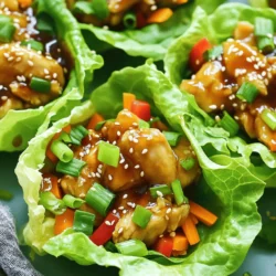 - 1 lb boneless, skinless chicken thighs, diced - 1/4 cup low-sodium soy sauce - 2 tablespoons honey - 1 tablespoon rice vinegar - 1 tablespoon sesame oil - 2 green onions, chopped - 1 small carrot, grated - 1/2 red bell pepper, finely diced - 1 tablespoon fresh ginger, minced - 2 cloves garlic, minced - 1 head of butter lettuce or iceberg lettuce, leaves separated - Sesame seeds for garnish The first step in making teriyaki chicken lettuce cups is gathering all your ingredients. Each item plays an important role in taste and texture. I recommend using boneless, skinless chicken thighs. They stay juicy and tender. Low-sodium soy sauce is key. It keeps the dish flavorful without too much salt. Honey adds sweetness, while rice vinegar gives a nice tang. Sesame oil enhances the dish with a nutty aroma. Chop green onions and grate the carrot for crunch. Dicing the red bell pepper adds a sweet note. Fresh ginger and garlic bring warmth and depth to the sauce, making it truly memorable. Don’t forget the lettuce. You will use it like a cup, holding all the tasty filling. Butter lettuce is soft, while iceberg adds a crisp bite. Lastly, sesame seeds are the perfect garnish, adding a little crunch. For a detailed guide, refer to the Full Recipe. To make the teriyaki sauce, start by whisking the following ingredients together: - 1/4 cup low-sodium soy sauce - 2 tablespoons honey - 1 tablespoon rice vinegar - 1 tablespoon sesame oil - 1 tablespoon fresh ginger, minced - 2 cloves garlic, minced Using low-sodium soy sauce is key. It adds flavor without too much salt. This helps balance the sweetness of the honey and keeps the dish light. For cooking the chicken, heat a large skillet over medium heat. Add 1 pound of diced boneless, skinless chicken thighs. Cook until the chicken is browned, about 5-7 minutes. The ideal cooking temperature is 165°F (74°C). This ensures the chicken is safe to eat. For perfect browning, avoid crowding the pan. If you add too much chicken at once, it will steam instead of brown. Keep an eye on it, and stir occasionally for even cooking. To assemble the lettuce cups, take a few leaves from a head of butter or iceberg lettuce. Each leaf should be about the size of your hand. Place a generous spoonful of the teriyaki chicken mixture into the center of each leaf. Folding the leaves is simple. Just wrap them around the filling like a cup. For serving, sprinkle sesame seeds on top for a nice crunch and extra flavor. Enjoy your teriyaki chicken lettuce cups fresh and warm! To keep your chicken moist, start with boneless, skinless chicken thighs. These cuts stay juicy while cooking. Cook them over medium heat for about 5-7 minutes. Once they are browned, add the teriyaki sauce. For thick sauce, let it simmer for 2-3 minutes. Stir often to coat the chicken well. This will help the sauce cling nicely. You can add more veggies for extra crunch. Try carrots, bell peppers, or even water chestnuts. They bring great texture and color. If you want a kick, add red pepper flakes or a dash of sriracha. These spices enhance the sweet teriyaki flavor. For garnishing, sprinkle sesame seeds on top. They add a nice crunch and visual appeal. You can also use colorful lettuce like red leaf or romaine. These options make your dish pop. Arrange the lettuce cups on a platter for a fun serving style. For the full recipe, check the earlier section. {{image_2}} You can switch up the protein in Teriyaki Chicken Lettuce Cups. Ground turkey or beef works well. They cook quickly and absorb flavors nicely. If you prefer a meatless option, try tofu. Firm tofu is best. Just cube it and sauté until golden. This adds a nice texture to your dish. You can make your teriyaki sauce unique. For a spicy kick, add red pepper flakes or sriracha. Start with a small amount, and taste as you go. You can also adjust the sweetness. If you like it sweeter, add more honey or brown sugar. For less sweetness, reduce the honey or use a sugar substitute. Feel free to get creative with how you serve this dish. You can turn it into a salad by adding mixed greens and a light dressing. This makes a fresh and crunchy meal. If you want to try something different, use wraps beyond lettuce cups. Tortillas or rice paper can add a fun twist. You can find the full recipe for Teriyaki Chicken Lettuce Cups in the earlier section. To keep your Teriyaki Chicken Lettuce Cups fresh, store leftovers right away. Place the chicken in a tight container. This will help keep it tasty. Use a glass or plastic container with a lid. It can last in the fridge for up to three days. - Best practices for storing leftovers: Let the chicken cool before sealing. Avoid adding lettuce to the mix. Store lettuce leaves in a separate bag. This keeps them crisp. - Recommended container types: Use airtight glass containers for better preservation. Plastic containers work well too but may stain. You can freeze any extra teriyaki chicken. This is a great way to save food. - How to freeze cooked chicken: Allow the chicken to cool. Place it in a freezer-safe bag. Remove as much air as you can. Label the bag with the date. - Thawing and reheating guidelines: To eat later, thaw in the fridge overnight. You can also use the microwave for quick thawing. Reheating is simple. You want to keep the flavor and texture. - Best methods to maintain flavor and texture: The stovetop is best. Heat the chicken in a pan over low heat. Add a splash of water to keep it moist. - Microwave versus stovetop: The microwave is quick but can dry out food. If you use it, cover the chicken. This helps it stay juicy as it warms. Making Teriyaki Chicken Lettuce Cups takes about 30 minutes. This includes 15 minutes for prep and 15 minutes for cooking. You can have a tasty dish ready in no time! Yes, you can prep the chicken and make the sauce ahead of time. Just store them in separate containers. The chicken stays fresh in the fridge for up to two days. When ready, heat the chicken and assemble your cups. This keeps the lettuce crisp! You can serve these cups with rice or noodles for a complete meal. A simple salad pairs well too. Try adding steamed broccoli or edamame for extra veggies. These side dishes balance the flavors and add nutrition! You can find Teriyaki Chicken Lettuce Cups at many local Asian restaurants. Popular chains like P.F. Chang's and Pei Wei also offer them. Check your area for tasty options! The Teriyaki Chicken Lettuce Cups are easy to make and tasty. You learned about the key ingredients, tools, and how to cook everything perfectly. I shared tips for flavors, variations, and storage, so you can enjoy leftovers. This dish is great for meals or parties. I hope you feel confident trying it out. Enjoy making these delightful cups!