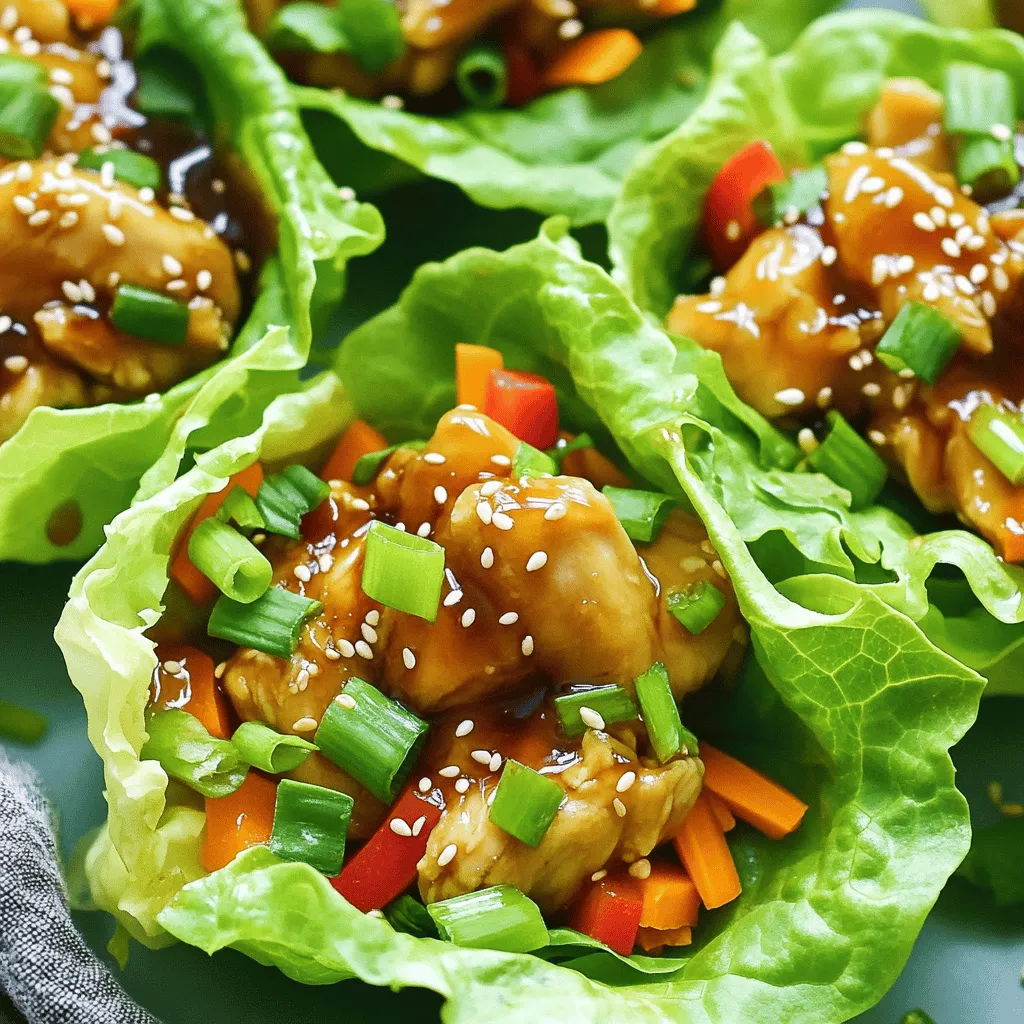 - 1 lb boneless, skinless chicken thighs, diced - 1/4 cup low-sodium soy sauce - 2 tablespoons honey - 1 tablespoon rice vinegar - 1 tablespoon sesame oil - 2 green onions, chopped - 1 small carrot, grated - 1/2 red bell pepper, finely diced - 1 tablespoon fresh ginger, minced - 2 cloves garlic, minced - 1 head of butter lettuce or iceberg lettuce, leaves separated - Sesame seeds for garnish The first step in making teriyaki chicken lettuce cups is gathering all your ingredients. Each item plays an important role in taste and texture. I recommend using boneless, skinless chicken thighs. They stay juicy and tender. Low-sodium soy sauce is key. It keeps the dish flavorful without too much salt. Honey adds sweetness, while rice vinegar gives a nice tang. Sesame oil enhances the dish with a nutty aroma. Chop green onions and grate the carrot for crunch. Dicing the red bell pepper adds a sweet note. Fresh ginger and garlic bring warmth and depth to the sauce, making it truly memorable. Don’t forget the lettuce. You will use it like a cup, holding all the tasty filling. Butter lettuce is soft, while iceberg adds a crisp bite. Lastly, sesame seeds are the perfect garnish, adding a little crunch. For a detailed guide, refer to the Full Recipe. To make the teriyaki sauce, start by whisking the following ingredients together: - 1/4 cup low-sodium soy sauce - 2 tablespoons honey - 1 tablespoon rice vinegar - 1 tablespoon sesame oil - 1 tablespoon fresh ginger, minced - 2 cloves garlic, minced Using low-sodium soy sauce is key. It adds flavor without too much salt. This helps balance the sweetness of the honey and keeps the dish light. For cooking the chicken, heat a large skillet over medium heat. Add 1 pound of diced boneless, skinless chicken thighs. Cook until the chicken is browned, about 5-7 minutes. The ideal cooking temperature is 165°F (74°C). This ensures the chicken is safe to eat. For perfect browning, avoid crowding the pan. If you add too much chicken at once, it will steam instead of brown. Keep an eye on it, and stir occasionally for even cooking. To assemble the lettuce cups, take a few leaves from a head of butter or iceberg lettuce. Each leaf should be about the size of your hand. Place a generous spoonful of the teriyaki chicken mixture into the center of each leaf. Folding the leaves is simple. Just wrap them around the filling like a cup. For serving, sprinkle sesame seeds on top for a nice crunch and extra flavor. Enjoy your teriyaki chicken lettuce cups fresh and warm! To keep your chicken moist, start with boneless, skinless chicken thighs. These cuts stay juicy while cooking. Cook them over medium heat for about 5-7 minutes. Once they are browned, add the teriyaki sauce. For thick sauce, let it simmer for 2-3 minutes. Stir often to coat the chicken well. This will help the sauce cling nicely. You can add more veggies for extra crunch. Try carrots, bell peppers, or even water chestnuts. They bring great texture and color. If you want a kick, add red pepper flakes or a dash of sriracha. These spices enhance the sweet teriyaki flavor. For garnishing, sprinkle sesame seeds on top. They add a nice crunch and visual appeal. You can also use colorful lettuce like red leaf or romaine. These options make your dish pop. Arrange the lettuce cups on a platter for a fun serving style. For the full recipe, check the earlier section. {{image_2}} You can switch up the protein in Teriyaki Chicken Lettuce Cups. Ground turkey or beef works well. They cook quickly and absorb flavors nicely. If you prefer a meatless option, try tofu. Firm tofu is best. Just cube it and sauté until golden. This adds a nice texture to your dish. You can make your teriyaki sauce unique. For a spicy kick, add red pepper flakes or sriracha. Start with a small amount, and taste as you go. You can also adjust the sweetness. If you like it sweeter, add more honey or brown sugar. For less sweetness, reduce the honey or use a sugar substitute. Feel free to get creative with how you serve this dish. You can turn it into a salad by adding mixed greens and a light dressing. This makes a fresh and crunchy meal. If you want to try something different, use wraps beyond lettuce cups. Tortillas or rice paper can add a fun twist. You can find the full recipe for Teriyaki Chicken Lettuce Cups in the earlier section. To keep your Teriyaki Chicken Lettuce Cups fresh, store leftovers right away. Place the chicken in a tight container. This will help keep it tasty. Use a glass or plastic container with a lid. It can last in the fridge for up to three days. - Best practices for storing leftovers: Let the chicken cool before sealing. Avoid adding lettuce to the mix. Store lettuce leaves in a separate bag. This keeps them crisp. - Recommended container types: Use airtight glass containers for better preservation. Plastic containers work well too but may stain. You can freeze any extra teriyaki chicken. This is a great way to save food. - How to freeze cooked chicken: Allow the chicken to cool. Place it in a freezer-safe bag. Remove as much air as you can. Label the bag with the date. - Thawing and reheating guidelines: To eat later, thaw in the fridge overnight. You can also use the microwave for quick thawing. Reheating is simple. You want to keep the flavor and texture. - Best methods to maintain flavor and texture: The stovetop is best. Heat the chicken in a pan over low heat. Add a splash of water to keep it moist. - Microwave versus stovetop: The microwave is quick but can dry out food. If you use it, cover the chicken. This helps it stay juicy as it warms. Making Teriyaki Chicken Lettuce Cups takes about 30 minutes. This includes 15 minutes for prep and 15 minutes for cooking. You can have a tasty dish ready in no time! Yes, you can prep the chicken and make the sauce ahead of time. Just store them in separate containers. The chicken stays fresh in the fridge for up to two days. When ready, heat the chicken and assemble your cups. This keeps the lettuce crisp! You can serve these cups with rice or noodles for a complete meal. A simple salad pairs well too. Try adding steamed broccoli or edamame for extra veggies. These side dishes balance the flavors and add nutrition! You can find Teriyaki Chicken Lettuce Cups at many local Asian restaurants. Popular chains like P.F. Chang's and Pei Wei also offer them. Check your area for tasty options! The Teriyaki Chicken Lettuce Cups are easy to make and tasty. You learned about the key ingredients, tools, and how to cook everything perfectly. I shared tips for flavors, variations, and storage, so you can enjoy leftovers. This dish is great for meals or parties. I hope you feel confident trying it out. Enjoy making these delightful cups!