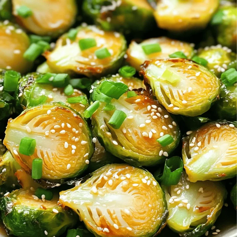 - 1 lb Brussels sprouts, trimmed and halved - 3 tablespoons honey - 3 cloves garlic, minced - 2 tablespoons olive oil - 1 tablespoon soy sauce (low sodium) - 1/2 teaspoon red pepper flakes (optional) - Salt and pepper to taste - 1 tablespoon sesame seeds (for garnish) - 2 green onions, chopped (for garnish) Gathering fresh ingredients is key for great flavor. I always choose Brussels sprouts that feel firm and look vibrant. The honey adds sweetness, while garlic gives a punch. Olive oil keeps everything moist. Low sodium soy sauce balances the flavor without being too salty. Adding red pepper flakes gives a nice kick, but that's up to you. Lastly, sesame seeds and green onions really make the dish shine. You can find the full recipe for more details. - Baking sheet - Parchment paper - Large mixing bowl - Measuring cups and spoons Having the right tools makes cooking easier. I love using a baking sheet lined with parchment paper. It prevents sticking and makes cleanup a breeze. A large mixing bowl is perfect for tossing the sprouts with the honey garlic mix. Make sure your measuring cups and spoons are ready for accuracy. This prep will lead to a tasty side dish! First, trim the Brussels sprouts. Cut off the stem ends and remove any yellow leaves. Then, halve each sprout lengthwise. This helps them cook evenly and soak up the honey garlic mix. Next, prepare your baking sheet. Line it with parchment paper. This step prevents sticking and makes cleanup easy. Now it's time to make the sweet and savory blend. In a large bowl, combine three tablespoons of honey and three minced garlic cloves. Add two tablespoons of olive oil and one tablespoon of low-sodium soy sauce. For extra flavor, toss in half a teaspoon of red pepper flakes if you like heat. Season with salt and pepper. Mix everything well. Spread the halved Brussels sprouts on the prepared baking sheet. Make sure they are in a single layer. This ensures that they roast properly and get that nice caramelization. Preheat your oven to 400°F (200°C). Roast the sprouts for 20 to 25 minutes. Stir them halfway through so they cook evenly. They should be golden brown and tender when done. Once they’re roasted, sprinkle sesame seeds and chopped green onions on top. This adds a nice crunch and flavor. Serve warm and enjoy this tasty side dish! For the full recipe, check out the details above. To get the best Brussels sprouts, space them out evenly on the baking sheet. This helps them cook nicely and turn crispy. If they are too close, they will steam instead of roast. To check if they are done, look for a deep golden color and tenderness when pierced with a fork. Perfectly roasted sprouts will be crispy on the outside and soft inside. You can make these sprouts even tastier by adding spices or herbs. Try a sprinkle of garlic powder or a dash of smoked paprika. If you want more heat, add extra red pepper flakes. Adjusting the sweetness is easy, too. If you like it sweeter, add more honey. If you prefer less sweetness, cut back a bit. When serving, sprinkle sesame seeds and chopped green onions on top. This adds a nice crunch and color. For serving suggestions, these sprouts pair well with grilled chicken or roasted fish. They also make a great side for any holiday meal. Enjoy your delicious creation! {{image_2}} You can switch up the sweetener in this recipe. Instead of honey, try maple syrup or agave. Both add a unique taste. If you want more crunch, add nuts like walnuts or pecans. Dried fruits, like cranberries or raisins, can also enhance sweetness. These small changes can give your dish a fresh twist. You can cook Brussels sprouts in different ways. Pan-searing gives them a nice, crispy texture. This method cooks them quickly while keeping them tender. Roasting is another great option. Roasting brings out the natural sweetness and caramelizes the outside. For a fun twist, try grilling your Brussels sprouts. Grilling adds a smoky flavor that pairs well with the honey garlic sauce. You can make this dish vegan by swapping honey for maple syrup. To make it gluten-free, use tamari instead of soy sauce. These simple changes keep the dish tasty while fitting different diets. Enjoy this flavorful side without worry! To keep your Honey Garlic Brussels Sprouts fresh, store them in the fridge. Place them in an airtight container. This will help maintain their taste and texture. Always let the sprouts cool to room temperature before sealing them up. They can last in the fridge for about 3-4 days. When it's time to reheat, the oven is your best friend. Preheat it to 350°F (175°C). Spread the sprouts on a baking sheet and warm them for about 10-15 minutes. This keeps them crispy. You can also use a skillet on medium heat. Stir them gently until heated through. Avoid the microwave, as it can make them soggy. If you want to freeze your Brussels sprouts, first blanch them. Boil water and add the sprouts for 2-3 minutes. Then, plunge them into ice water to stop the cooking. Drain and pack them into freezer bags. They can stay fresh for up to 3 months. When you're ready to use them, thaw them in the fridge overnight. You can roast or sauté them directly from frozen for a quick meal. Enjoy your Honey Garlic Brussels Sprouts anytime! For the full recipe, check out the [Full Recipe]. Yes, you can use frozen Brussels sprouts. However, they may become softer after cooking. This can change the texture of your dish. If you choose frozen, cook them for 5-10 minutes longer. This ensures they heat through and get a nice roast. These sprouts go well with many main dishes. You can serve them with grilled chicken or fish. They also pair great with pork chops or beef. If you want a vegetarian option, try them with quinoa or a hearty grain salad. To add heat, you can increase the red pepper flakes. Start with 1 teaspoon instead of 1/2 teaspoon. You can also add a dash of hot sauce to the honey garlic mixture. Another option is to mix in diced jalapeños before roasting. Yes, this recipe is great for meal prep. Cook a large batch and store them in the fridge. They taste amazing for up to 3 days. Reheat them in the oven to keep their crispness. For meal prep, I suggest using glass containers for easy storage. Check out the Full Recipe for more details. This blog post covered a tasty recipe for Honey Garlic Brussels Sprouts. We discussed ingredients needed, cooking steps, and tips for perfect results. Remember to check for doneness and try different sweeteners or spices for fun flavors. These sprouts are great as a side dish or meal prep. Store leftovers properly to keep them fresh. Enjoy experimenting with this easy recipe, and have fun cooking! Your meals will be more colorful and flavorful with this dish on the table.
