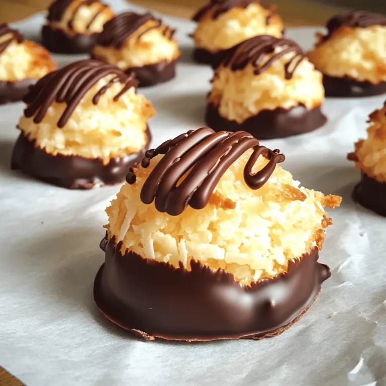 - 2 ½ cups unsweetened shredded coconut - 1 cup sweetened condensed milk - 1 teaspoon vanilla extract - ½ teaspoon almond extract - 2 large egg whites - ¼ teaspoon salt - 1 cup semi-sweet chocolate chips - 1 tablespoon coconut oil Importance of unsweetened vs. sweetened coconut: Using unsweetened shredded coconut gives you control over the sugar level. Sweetened coconut can make your macaroons overly sweet. The balance of flavors shines when you choose unsweetened coconut. This way, you can enjoy the rich coconut taste without it being too sugary. Selecting the right type of chocolate for dipping: For dipping, semi-sweet chocolate is the best choice. It offers a nice balance of sweet and bitter. You can also try dark chocolate for a richer flavor. Make sure your chocolate chips are high quality. This will enhance the overall taste of your macaroons. Each macaroon has about 100 calories. They contain around 5 grams of fat, 12 grams of carbs, and 1 gram of protein. These treats are rich and satisfying, making them a great snack. Enjoy them in moderation to balance the sweetness with your diet. 1. Preheat the oven and prepare your baking sheet: Set your oven to 325°F (160°C). While it warms up, grab a baking sheet and line it with parchment paper. This will help the macaroons not stick. 2. Combining wet and dry ingredients in separate bowls: In a large bowl, mix together 2 ½ cups of unsweetened shredded coconut, 1 cup of sweetened condensed milk, 1 teaspoon of vanilla extract, and ½ teaspoon of almond extract. Stir until everything is mixed well. In another bowl, beat 2 large egg whites with ¼ teaspoon of salt until stiff peaks form. This should take about 3-5 minutes. Be gentle when folding the egg whites into the coconut mixture. You want to keep the air in the egg whites. 1. Portioning and spacing macaroons on the baking sheet: Use a tablespoon or a small cookie scoop to drop the mixture onto your prepared baking sheet. Space each mound about 2 inches apart. This gives them room to puff up while baking. 2. Baking time and signs of doneness: Place the baking sheet in the oven and bake for 20-25 minutes. Watch for the tops to turn golden brown. Once they are golden, take them out and let them cool completely on the baking sheet. 1. Melting chocolate and coconut oil: While your macaroons cool, you can prepare the chocolate dip. In a microwave-safe bowl, mix 1 cup of semi-sweet chocolate chips with 1 tablespoon of coconut oil. Microwave this mixture in 30-second bursts, stirring in between, until it is smooth. 2. Dipping technique and optional drizzle: Once the macaroons are cool, dip the bottom half of each macaroon into the melted chocolate. Let any extra chocolate drip off. Place them back on the parchment paper. If you like, drizzle any leftover chocolate over the tops for a nice touch. For the full recipe, refer to the section above. Enjoy making these delicious treats! To make the best macaroons, start by beating your egg whites to stiff peaks. This means you should whisk the egg whites until they form firm peaks that stand tall. Use a clean, dry bowl and beaters. Any grease can prevent the whites from whipping up correctly. It usually takes about 3 to 5 minutes with an electric mixer. Next, ensure even baking and browning. Space each macaroon about 2 inches apart on the baking sheet. This gives them room to expand. Rotate the baking sheet halfway through baking for even heat. One big mistake is overmixing the batter. When you fold in the egg whites, do it gently. If you mix too hard, you can deflate the whites. This will lead to a dense macaroon instead of a light one. Another mistake is incorrect cooling techniques. Let the macaroons cool completely on the baking sheet. If you try to move them too soon, they may fall apart. Pair your macaroons with drinks like coffee or tea. The sweet flavors of the macaroons balance well with these beverages. For a fun presentation, serve macaroons on a pretty plate. You could also stack them in a glass jar. Add a ribbon for a nice touch. These small ideas make your treats more inviting. For the full recipe, check out the detailed steps provided earlier. {{image_2}} You can change the flavor of your macaroons in fun ways. Try adding a few drops of mint extract for a fresh twist. If you prefer citrus, mix in some orange zest. Both flavors add a bright note to the rich coconut. You can also get creative by mixing in nuts or dried fruits. Chopped almonds or walnuts will add crunch. Dried cranberries or cherries can bring a sweet and tart flavor. These additions make each bite unique and exciting. The chocolate you choose can change everything. You might want to use dark chocolate for a rich taste. Its deep flavor pairs well with the sweet coconut. Alternatively, white chocolate gives a creamy contrast. It adds a different sweetness that many love. Don't stop there! Experiment with flavored chocolates. You can find chocolate with hints of sea salt, coffee, or even raspberry. Each type will bring its own charm to your macaroons. If you need gluten-free options, worry not! This recipe is already gluten-free. Use unsweetened coconut to keep it clean. For vegan or dairy-free macaroons, substitute sweetened condensed milk. You can find plant-based versions in stores. Also, you can skip the egg whites. Instead, try aquafaba, the liquid from canned chickpeas. It whips up nicely and works well in this recipe. With these variations, you can enjoy Chocolate Dipped Coconut Macaroons in many ways. Feel free to explore and make them your own! For the full recipe, check out the details above. Store your chocolate dipped coconut macaroons at room temperature for short-term freshness. If you live in a warm area, keep them in the fridge. The cool air helps maintain their texture. Use an airtight container to keep them fresh longer. This helps prevent them from drying out or absorbing odors. You can freeze these yummy treats for later enjoyment. To freeze macaroons, let them cool completely. Place them in a single layer on a baking sheet. Freeze until solid, then transfer them to an airtight container. This helps avoid freezer burn. To thaw, simply leave them at room temperature for about an hour. If you want them extra fresh, warm them in the oven for a few minutes. How long do macaroons last? When stored properly, they can last about a week at room temperature. If refrigerated, they may last up to two weeks. Signs of spoilage include a strange smell or dry texture. If they feel hard or crumbly, it's best to toss them. Enjoy your delicious sweets while they're still fresh! For the full recipe, check out the [Full Recipe]. To make these macaroons, follow these steps. First, combine unsweetened shredded coconut, sweetened condensed milk, vanilla extract, and almond extract in a bowl. Mix until smooth. Then, beat the egg whites with salt until stiff peaks form. Gently fold the egg whites into the coconut mixture. Scoop the mixture onto a lined baking sheet, leaving space between each. Bake at 325°F for 20-25 minutes until golden. After cooling, dip the bottoms in melted chocolate mixed with coconut oil. Let them set in the fridge. For the complete process, check the Full Recipe. Yes, you can replace some ingredients. Instead of sweetened condensed milk, try using coconut cream for a dairy-free option. If you don’t have almond extract, vanilla extract works well. You can use any chocolate chips you prefer. Dark or white chocolate also works great! Just keep in mind that these changes may alter the flavor slightly. You can find these macaroons in many bakeries and dessert shops. Many grocery stores also carry them, especially in the baking aisle. If you want fresh ones, consider ordering online from specialty dessert shops. Some places even offer delivery right to your door, making it easy to enjoy these treats. To help prevent crumbling, ensure you beat the egg whites until they form stiff peaks. This gives the macaroons structure. Also, don’t overmix when folding in the egg whites. Overmixing can deflate the mixture and make them dense. Finally, make sure to let them cool completely before dipping in chocolate. This helps them hold their shape. Yes, you can make macaroons ahead of time! Once baked and cooled, store them in an airtight container. Keep them at room temperature for up to five days. If you want to store them longer, consider freezing them. Just thaw them in the fridge before serving. This keeps them fresh and tasty for your next treat! You learned how to make tasty chocolate-dipped coconut macaroons. We covered essential ingredients, preparation steps, and tips for success. Understanding the difference between shredded coconut types helps your macaroons shine. Storing them properly keeps them fresh longer. Feel free to get creative with flavors and variations. With these tools and insights, you can make delightful treats that impress. Enjoy your baking journey and share these sweet treats with friends and family.