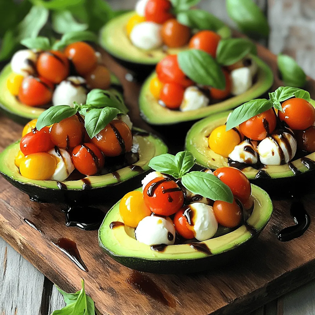 Caprese stuffed avocados are a simple and tasty dish. They mix creamy avocados with fresh, vibrant ingredients. This recipe takes just 10 minutes to make and serves two people. - 2 ripe avocados - 1 cup cherry tomatoes, halved - 1 cup fresh mozzarella balls (bocconcini) - 1/4 cup fresh basil leaves, chopped - 2 tablespoons balsamic glaze - 1 tablespoon olive oil - Salt and pepper to taste You can add extra flavor with optional ingredients. Try adding pine nuts or a sprinkle of chili flakes. If you want a different cheese, use feta or goat cheese. For a vegan option, swap mozzarella with tofu or chickpeas. These changes can make your dish even more special. To start, grab two ripe avocados. Cut each avocado in half lengthwise. Carefully remove the pit with a spoon or knife. Be cautious not to cut yourself. Next, scoop out a little flesh from each half. This step gives you more room for the filling. Set the avocado halves aside on a plate. Now, let’s make the tasty filling. In a mixing bowl, combine one cup of halved cherry tomatoes and one cup of fresh mozzarella balls. Add one-fourth cup of freshly chopped basil leaves. Drizzle one tablespoon of olive oil over this mix. Sprinkle salt and pepper to taste. Gently toss everything together. Make sure all the ingredients blend well. It's time to fill the avocados! Take a spoon and scoop the Caprese mixture into each hollow avocado half. Pack the filling generously. It should look colorful and inviting. To finish, drizzle balsamic glaze over the top. This adds a nice touch and extra flavor. Your Caprese stuffed avocados are now ready to serve! Check the [Full Recipe] for more details. To choose the best avocados, look for ones that feel slightly soft when you press them. The skin should be dark green or black. If it's too firm, it isn't ripe yet. If it feels mushy, it might be overripe. Always check for blemishes or dark spots. These can mean the fruit is bad inside. When mixing your ingredients, cut the cherry tomatoes and mozzarella into small pieces. This helps distribute the flavors evenly. Use a gentle hand when tossing the mixture. You want everything to blend well without crushing the ingredients. Taste as you mix to ensure the seasoning is just right. Adjust salt and pepper to your liking. For a beautiful presentation, place the stuffed avocados on a rustic wooden board. Drizzle some extra balsamic glaze over the top for a shiny finish. Add a few whole basil leaves around the plate for color. You can even sprinkle some flaky sea salt for a nice crunch. These simple touches make your dish look gourmet. For the complete recipe, check out the Full Recipe. {{image_2}} You can easily add protein to your Caprese stuffed avocados. Cooked chicken or shrimp works great. For chicken, use grilled or rotisserie chicken, shredded into small pieces. For shrimp, sauté with a little olive oil and garlic until they turn pink. Mix the protein with the Caprese filling. This adds more flavor and makes the meal heartier. If you want a vegetarian option, try quinoa or chickpeas. Quinoa is a great choice. It adds a nice texture and is healthy. Cook it according to the package. For chickpeas, use canned ones for ease. Rinse and drain them before mixing with tomatoes and mozzarella. Both options boost protein and fiber. To mix things up, try adding pesto or different cheeses. A spoonful of pesto in the filling gives a fresh taste. You can also swap mozzarella for feta or goat cheese. These cheeses bring a tangy flavor that pairs well with avocados. Experiment with flavors to find your favorite combination. For the full recipe, check out the detailed steps above. To store leftover stuffed avocados, wrap them tightly in plastic wrap. This helps to keep air out and prevents browning. Place them in an airtight container for extra protection. Always store them in the fridge. They taste best within 1 to 2 days. I recommend enjoying stuffed avocados fresh. If you need to reheat them, do it gently. Place them in the microwave for about 15 seconds. Check the warmth before adding more time. Avoid overheating, as it can affect the texture and taste. Stored avocados can lose some nutrients over time. Vitamin C and healthy fats are key in fresh avocados. Cherry tomatoes offer vitamins A and C. Mozzarella provides calcium and protein. While stored ingredients may change, they still have good nutritional value when consumed within a few days. Yes, you can prepare the filling ahead of time. Mix the tomatoes, mozzarella, and basil. Store it in a sealed container. However, cut avocados brown quickly. For best taste, fill them just before serving. Caprese stuffed avocados go great with many dishes. Try serving them with grilled chicken or fish. They also pair well with a light salad. A zesty lemon vinaigrette can enhance the flavors. Stuffed avocados last about one day in the fridge. The avocado flesh can brown quickly. If you store them, cover with plastic wrap. This helps keep them fresh a little longer. Enjoy them as soon as possible for the best taste. For the full recipe, check the earlier section! This blog post provided a full recipe for delicious Caprese Stuffed Avocados. We covered key ingredients, tips for preparation, and assembly steps. I shared variations to suit different diets and preferences. You also learned how to store them to keep them fresh. Now, you can easily make this tasty dish at home. Enjoy your cooking and get creative with your ingredients!