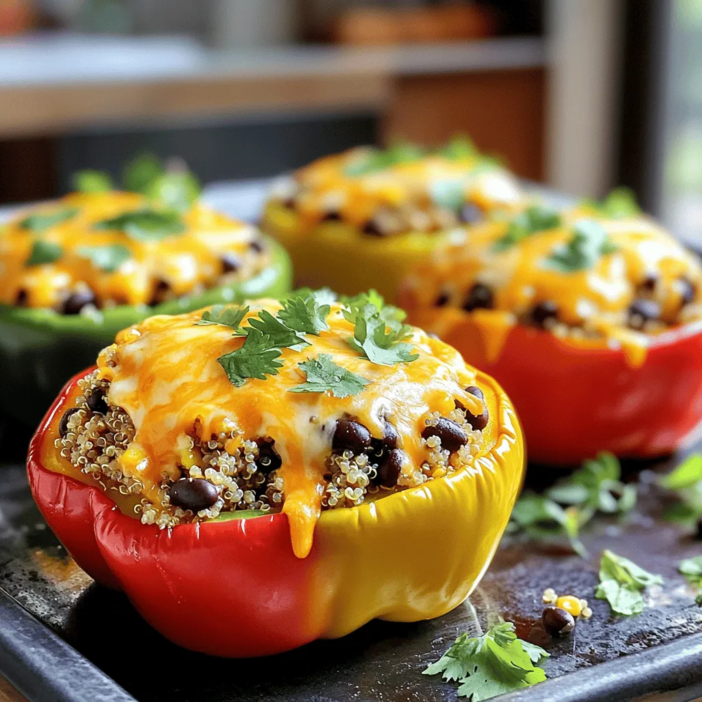 - 4 large bell peppers (any color) - 1 cup quinoa, rinsed - 2 cups vegetable broth - 1 cup black beans, drained and rinsed - 1 cup corn kernels (fresh, frozen, or canned) - 1 teaspoon cumin - 1 teaspoon chili powder - ½ teaspoon garlic powder - Salt and pepper to taste - 1 cup shredded cheddar cheese (or a vegan alternative) When choosing bell peppers, pick ones that feel firm and look vibrant. You can use red, yellow, or green peppers. Each has a unique taste, making the dish even more fun. Quinoa is a great base here. It adds texture and protein. Rinsing it helps remove any bitter taste. Black beans add fiber and nutrients. They also bring a nice creaminess to the mix. Feel free to use canned corn for ease. Fresh or frozen corn works well too. The spices are key! Cumin, chili powder, and garlic powder create warmth and flavor. - Fresh cilantro, chopped - Other garnishing ideas: avocado, sour cream, or lime wedges Adding fresh cilantro gives a burst of flavor. You can also try avocado slices or a dollop of sour cream. Lime wedges add a zesty touch. These garnishes make the dish look pretty too. - Baking dish - Medium saucepan - Mixing bowl - Measuring cups and spoons You don’t need fancy tools for this recipe. A simple baking dish works great for the peppers. A medium saucepan is perfect for cooking the quinoa. A mixing bowl helps combine all the tasty filling. Measuring cups and spoons ensure you use just the right amount of each ingredient. For the full recipe, you can refer to the details provided earlier. This dish is not only easy to make but also a healthy delight! To start, preheat your oven to 375°F (190°C). This step is key for a great bake. Next, take your bell peppers and cut the tops off. Remove the seeds and membranes inside. This makes them ready for stuffing. Place the peppers upright in a baking dish. Now, let's cook the quinoa. In a medium saucepan, bring 2 cups of vegetable broth to a boil. Then, add 1 cup of rinsed quinoa. Cover the pot, lower the heat, and let it simmer for about 15 minutes. You want the liquid to absorb, leaving you with fluffy quinoa. Once the quinoa is cooked, it's time to create the filling. In a large mixing bowl, combine the cooked quinoa, 1 cup of drained black beans, and 1 cup of corn. These ingredients add great flavor and texture. Next, season the mixture with 1 teaspoon of cumin, 1 teaspoon of chili powder, ½ teaspoon of garlic powder, and salt and pepper to taste. Mix everything well. This blend will give your peppers a tasty kick. Now, let's stuff those bell peppers! Generously fill each pepper with the quinoa mixture. Press down gently to pack it in well. This ensures each bite is full of flavor. After stuffing, sprinkle 1 cup of shredded cheddar cheese evenly on top of the peppers. If you prefer a vegan option, use a dairy-free cheese instead. Cover the baking dish with foil and bake in the preheated oven for 25 minutes. After that time, remove the foil and bake for another 10 minutes. You want the cheese to melt and bubble nicely. Once done, let the peppers rest for a few minutes before serving. Enjoy your healthy delight! For the complete recipe, check the [Full Recipe]. - How to avoid mushy peppers To keep your peppers firm, pre-bake them for 10 minutes before stuffing. This helps them hold their shape. Also, make sure you don’t overcook them in the oven. - Ensuring the quinoa is fluffy Rinse the quinoa well before cooking. This removes the bitter coating. Use a 2:1 ratio of broth to quinoa. Once it cooks, let it sit covered for 5 minutes. Then fluff with a fork. - Best cheeses for stuffed peppers Cheddar melts perfectly and adds a nice flavor. Other great choices are Monterey Jack or mozzarella. They make the dish creamy and delicious. - Vegan alternatives For a vegan option, use cashew cheese or a store-bought vegan cheese. Nutritional yeast also gives a cheesy flavor without dairy. - Instant Pot method You can cook stuffed peppers in an Instant Pot. Place a cup of water in the pot. Set the peppers on a trivet. Cook for 6 minutes on high pressure. Quick release afterwards. - Grilling stuffed peppers Grilling gives a smoky flavor. Cut the peppers in half and remove seeds. Stuff them and wrap in foil. Grill for about 20 minutes until tender. This method adds a nice char. {{image_2}} You can change the filling of stuffed peppers to suit your taste. If you like meat, ground beef or turkey works well. Simply cook the meat before mixing it into your filling. For a vegetarian or vegan option, try using lentils or chickpeas. They add protein and flavor. You can also mix in diced vegetables like zucchini or mushrooms. This way, you can make a healthy meal that everyone loves. Enhancing the flavor of your stuffed peppers is easy. You can add spices like paprika or cayenne for a kick. Just a pinch can make a big difference. Also, think about adding different vegetables. Chopped onions, garlic, or spinach can boost the taste and nutrition. Experiment with herbs like basil or oregano for fresh notes. These little changes can make your dish stand out. When serving stuffed peppers, think about the sides. A fresh salad pairs nicely, adding crunch and color. You can also serve rice or quinoa on the side. Both complement the flavors well. For plating, place the peppers upright on a colorful plate. Drizzle some sauce or yogurt on top for a beautiful finish. This makes your meal look as good as it tastes. For the full recipe, check out the main article. To keep your stuffed bell peppers fresh, store them properly. First, let the peppers cool completely at room temperature. Then, wrap them tightly with plastic wrap or place them in an airtight container. This helps prevent air from getting in and keeps them fresh. You can refrigerate stuffed bell peppers for up to four days. If you want to keep them longer, freezing is a great option. Before freezing, wrap each pepper in plastic wrap and then place them in a freezer-safe bag. Make sure to remove as much air as possible to avoid freezer burn. You can freeze them for up to three months. When it's time to enjoy your stuffed bell peppers again, reheating is easy. The best method is to use an oven. Preheat your oven to 350°F (175°C). Place the peppers in a baking dish and cover them with foil to keep moisture in. Heat for about 20 minutes or until warmed through. If you’re in a hurry, you can use a microwave. Place the peppers on a microwave-safe plate. Cover them with a damp paper towel and heat for 2-3 minutes. Check to see if they are hot enough. To keep the peppers from becoming soggy, avoid using too much water in the dish. Cooked stuffed peppers can last in the fridge for about four days. If frozen, they can last for up to three months. Always check for signs of spoilage before eating. If you see mold or an off smell, it’s best to discard them. Freshness is key to enjoying your tasty meal! Can I make stuffed peppers ahead of time? Yes, you can prepare stuffed peppers ahead. Make the filling and stuff the peppers. Store them in the fridge for up to 24 hours before baking. This saves time on busy nights. Just pop them in the oven when you’re ready to eat. What's the best way to cut bell peppers for stuffing? To cut bell peppers for stuffing, slice off the top. Remove the seeds and membranes. Keep the pepper upright for easy stuffing. This method helps the peppers hold their shape while baking. Calories and macro breakdown of the recipe Each stuffed pepper has about 300 calories. You get roughly 12 grams of protein and 45 grams of carbs. This meal is filling and nutritious, making it a great choice for lunch or dinner. Nutritional benefits of stuffed bell peppers Stuffed bell peppers are rich in vitamins A and C. They also provide fiber and protein. Quinoa adds complete protein, making this dish a healthy option. The beans and corn boost the fiber content, too. Can I use rice instead of quinoa? Yes, you can use rice instead of quinoa. Just cook it as directed before mixing it with the other filling ingredients. This change will still taste great, but quinoa adds more protein. Alternatives for black beans and corn You can swap black beans for kidney beans or pinto beans. If you don't have corn, try using diced tomatoes or peas. Each option gives a different flavor, but all will work well in your peppers. Stuffed bell peppers are simple and delicious. You learned key ingredients, tools, and steps to make them. We explored tips for perfect cooking, cheese choices, and ways to vary flavors. Lastly, we discussed storage and reheating methods. These peppers can fit any meal or preference. With a few changes, you can make them your own. Enjoy the process and share with others! The joy of cooking and eating is what matters most.