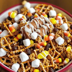 - 2 cups gingerbread-flavored cereal - 1 cup pretzel sticks - 1 cup mini marshmallows - 1 cup chocolate-covered raisins - 1/2 cup candy corn - 1/2 cup yogurt-covered raisins - 1/4 cup chopped pecans (optional) - 1 teaspoon ground cinnamon - 1 teaspoon ground ginger - 1/2 teaspoon nutmeg - 1/4 cup white candy melts Each ingredient in this mix adds a fun taste and texture. The gingerbread-flavored cereal gives a warm, sweet base. Pretzel sticks add a nice crunch. Mini marshmallows bring a soft, sweet touch. Chocolate-covered raisins provide rich flavor, while candy corn adds a pop of color. If you can’t find gingerbread-flavored cereal, you could use cinnamon toast cereal. You can swap out nuts with seeds like pumpkin or sunflower seeds for a nut-free mix. For candy, feel free to use your favorites like M&M's or gummy bears. For gingerbread flavor, I recommend brands like Cinnamon Toast Crunch. For candy melts, Wilton is a top choice. Other great snack brands include Annie's for a more natural option. These brands help you create a fun and tasty snack mix. First, gather all your ingredients. You will need a large mixing bowl. Add 2 cups of gingerbread-flavored cereal. Next, toss in 1 cup of pretzel sticks, 1 cup of mini marshmallows, and 1 cup of chocolate-covered raisins. Then, add 1/2 cup of candy corn and 1/2 cup of yogurt-covered raisins. If you like, include 1/4 cup of chopped pecans. Now, let’s add our spices. Sprinkle 1 teaspoon of ground cinnamon, 1 teaspoon of ground ginger, and 1/2 teaspoon of nutmeg over the mix. Gently toss everything together to coat the snacks evenly. To melt the candy melts, take a microwave-safe bowl. Add 1/4 cup of white candy melts. Microwave it in 30-second intervals. Stir after each interval until the candy melts are smooth. Watch closely to avoid overcooking. Once your candy melts are ready, it's time to drizzle! Hold the bowl above your snack mix. Use a spatula or spoon to drizzle the melted candy over the mix. Make sure to cover it evenly. This adds a nice touch and enhances the flavor. To make your mix visually appealing, arrange the ingredients so colors show. Use bright candies like candy corn and white candy melts to catch the eye. Mix in nuts for texture and color contrast. A little effort makes your snack look amazing! For serving, think festive! Use a bright bowl to display your mix. You can also serve it in individual treat bags. This is great for parties or gifts. Use clear bags tied with ribbons to show off the colorful treats inside. If you want to gift it, add a personal note. Share how you made it. With these tips, your Gingerbread House Snack Mix will be a hit at any gathering. For the complete recipe, refer to the Full Recipe section. To make the best gingerbread house snack mix, balance is key. You want it sweet, but not too sweet. Use gingerbread cereal for flavor and add salty pretzels. This mix needs crunch, so keep the pretzels and cereal fresh. If they sit too long, they can become soft. Drizzling melted candy is fun! Heat the white candy melts in short bursts of 30 seconds. Stir after each time until smooth. This helps avoid burning. When you drizzle, do it quickly. If you wait too long, the candy can harden too much. You want a nice flow over the mix. After enjoying your snack mix, store leftovers properly. Use an airtight container to keep it fresh. A glass jar or a plastic bin works well. Keep it in a cool place away from heat. This way, the mix stays crunchy and tasty for days. {{image_2}} You can add even more fun to your Gingerbread House Snack Mix. One great idea is to include peppermint. It brings a fresh, minty taste that pairs well with gingerbread. You can also try adding spices like nutmeg or allspice for a warm twist. Incorporating dried fruits makes the mix more colorful and tasty. Cranberries add a burst of tartness. Chopped dried apricots or figs work well too. You can mix and match to find your favorite flavors. If you're looking for gluten-free options, use gluten-free cereal. There are many great brands available. You can also swap in gluten-free pretzel sticks. This way, everyone can enjoy the snack! For a vegan version, look for dairy-free candy. Many brands offer vegan chocolate or yogurt-covered snacks. You can even use maple syrup as a sweetener instead of candy melts. This keeps it plant-based and delicious. You can easily adjust this mix for other holidays. For Easter, swap gingerbread for pastel-colored candies. Use chocolate bunnies or eggs for added fun. For Halloween, include candy corn and spooky shapes. This makes the mix festive for any occasion! Feel free to get creative with themed additions. You can even personalize it for birthdays or other special events. The Gingerbread House Snack Mix is versatile and always a hit! For the full recipe, check out the recipe section above. You want to keep your gingerbread house snack mix fresh. The best way is to use airtight containers. This keeps air out and locks in flavor. You can also use resealable bags. Just squeeze out the air before sealing. Store it in a cool, dry place. Avoid direct sunlight, as it can make your mix stale. This tasty snack mix can last for about two weeks if stored well. Keep an eye out for signs of spoilage. If you notice any off smells or changes in texture, it's time to toss it. Stale pretzels or soft cereal can ruin your mix's taste. Yes, you can freeze the snack mix! To do this, place it in an airtight container or freezer bag. Remove as much air as possible. When you're ready to enjoy it, thaw it in the fridge overnight. This keeps the texture nice. Avoid microwaving it, as it can make the mix soggy. Gingerbread House Snack Mix is a tasty treat full of fun flavors. It combines sweet, salty, and crunchy elements. You get the cozy flavor of gingerbread from the gingerbread-flavored cereal. The pretzel sticks add a nice crunch. Mini marshmallows give a soft, chewy texture. Chocolate-covered raisins add sweetness, while candy corn brings a pop of color. The yogurt-covered raisins add a creamy element. All these mix together for a festive snacking experience. Yes, you can make this snack mix ahead of time. To do this, prepare it a day in advance. Store it in an airtight container. This keeps it fresh and crunchy. You can also make small batches and store them separately. Just remember to let it cool after drizzling the candy melts. This way, the mix won't stick together. Absolutely! To make a nut-free version, simply skip the chopped pecans. You can replace them with more pretzel sticks or even puffed rice. This keeps the mix crunchy without nuts. Always check labels to ensure the other ingredients are nut-free. Many candies and cereals offer nut-free options. You can serve this snack mix in several fun ways. Use a big bowl for sharing at parties. Or, fill small treat bags for guests to take home. Add some festive decorations to your serving dish. Try using holiday-themed plates or bowls. For a special touch, place the mix in clear jars tied with ribbons. Yes, you can customize the ingredients to fit your taste! Try adding dried fruits like cranberries or raisins. You can also swap out candy for different kinds, like chocolate chips or seasonal candies. Experiment with different cereals for unique flavors. The options are endless, so feel free to get creative! For the full recipe, check out the Gingerbread House Snack Mix instructions. This blog post covered how to create a delightful Gingerbread House Snack Mix. We discussed the ingredients you need for flavor and texture. You learned how to combine them effectively for a perfect mix. We also shared tips on serving and storing your creation. In conclusion, this snack mix is fun, festive, and easy to customize. Enjoy making it for any occasion or a cozy night in. Your friends and family will love it. Mix, share, and enjoy the holiday spirit!