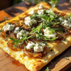 To make the caramelized onion goat cheese flatbread, you need a few simple ingredients. This recipe is easy and fun. You will enjoy making it as much as eating it. It takes about 40 minutes from start to finish and serves 2 to 4 people. You can find the full recipe above. - 1 large flatbread or naan - 2 medium yellow onions, thinly sliced - 1 tablespoon olive oil - 1 teaspoon balsamic vinegar - 4 oz goat cheese, crumbled - 1/2 cup shredded mozzarella cheese - 1 teaspoon fresh thyme leaves (or 1/2 teaspoon dried thyme) - Salt and pepper to taste - Fresh arugula for garnish You can easily swap ingredients if you need to. Here are some ideas: - Flatbread or Naan: Use pita bread or a tortilla instead. - Yellow Onions: Red onions or shallots work well too. - Goat Cheese: Feta cheese or cream cheese are tasty alternatives. - Mozzarella Cheese: Use any melty cheese, like provolone or gouda. - Fresh Thyme: Oregano or rosemary can add a nice touch. - Arugula: Spinach or mixed greens are great for garnish. With these options, you can create a version that fits your taste. Enjoy cooking! To start, you need to caramelize the onions. Grab a large skillet and heat one tablespoon of olive oil over medium heat. Next, add two medium yellow onions, thinly sliced. Sprinkle in a pinch of salt. This helps the onions soften faster. Stir the onions every few minutes. Cook them for about 20 to 25 minutes until they turn soft and golden brown. When they reach that sweet spot, drizzle one teaspoon of balsamic vinegar over them. Mix well and then take the skillet off the heat. This will give your flatbread a rich, deep flavor. While your onions cool a bit, preheat your oven to 425°F (220°C). Place one large flatbread or naan on a baking sheet. This is where all the magic happens. You want your flatbread to be nice and warm. Once the oven is ready, you can start assembling your flatbread. Spread the caramelized onions evenly over the flatbread. Next, sprinkle four ounces of crumbled goat cheese and a half cup of shredded mozzarella cheese on top. For a touch of freshness, add one teaspoon of fresh thyme leaves. Season with salt and pepper to taste. Now it's time to bake! Slide your baking sheet into the preheated oven. Bake for about 10 to 12 minutes. Keep an eye on it. You want the cheeses to melt and bubble, and the edges of the flatbread to crisp up. Once done, take it out and let it cool for a minute. For a great finish, top with fresh arugula for a peppery kick. Slice into pieces and serve. This flatbread is perfect for sharing or for a cozy night in. For the full recipe, check out the complete instructions! To make the best caramelized onions, use medium heat. Start with a large skillet. Add olive oil and sliced onions. Stir them often for even cooking. This will take about 20 to 25 minutes. Watch for a deep golden color. If they cook too fast, lower the heat a bit. Adding a pinch of salt helps draw out moisture. When they are soft and sweet, add balsamic vinegar. This adds a rich flavor that pairs well with goat cheese. While goat cheese shines on this flatbread, you can mix it up. Try adding some creamy feta for a saltier kick. Mozzarella brings a nice stretch and richness. A bit of sharp cheddar can add depth. If you like blue cheese, it adds a bold taste. Just remember to balance strong flavors with milder ones. Mixing cheeses gives more layers to your dish. For a beautiful presentation, use a wooden cutting board. Place the flatbread on the board right after it cools slightly. Scatter some fresh arugula on top for color. Drizzle a little olive oil around the edges for a polished look. Slice the flatbread into smaller pieces for easy sharing. This adds a touch of elegance and makes it more inviting. You can also serve it with a side salad or a light dip. These choices enhance the meal and make it more enjoyable. {{image_2}} If you want to make this flatbread vegetarian, you’re in luck! The base recipe is already meat-free. You can add more veggies for a fresh twist. Try adding sliced bell peppers, mushrooms, or spinach. Each will bring its own flavor and color. Roasted vegetables also work well. Just make sure to roast them before adding them to the flatbread. This way, they stay tender and tasty. For those who need a gluten-free option, use gluten-free flatbread or cauliflower crust. Many stores sell gluten-free flatbreads. If you prefer homemade, you can make a simple crust with almond flour or chickpea flour. Just remember to adjust the baking time. A thinner crust bakes faster, while a thicker one needs more time. Always check the crust for a nice golden color. Don’t be afraid to get creative with toppings! Here are some ideas to enhance your flatbread: - Caramelized Garlic: Add roasted garlic for a rich flavor. - Feta Cheese: Crumble some feta on top for a salty kick. - Sliced Apples or Pears: These add a sweet crunch that pairs well with goat cheese. - Nuts: Sprinkle walnuts or pine nuts for extra texture. - Fresh Herbs: Try basil or parsley for a fresh finish. You can mix and match these toppings to suit your taste. The goal is to enjoy the flatbread while having fun in the kitchen! For the complete recipe, check out the Full Recipe provided earlier. To keep your flatbread fresh, store any leftovers in an airtight container. Place parchment paper between layers to prevent sticking. This method keeps the flatbread from becoming soggy. You can store it in the fridge for up to three days. If you want to keep it longer, freezing is a great option. Reheating your flatbread is simple. Preheat your oven to 350°F (175°C). Place the flatbread on a baking sheet. Heat for about 10 minutes. This method helps restore its crispy edges. You can also use a skillet over medium heat for about 5 minutes. Just cover the skillet to melt the cheese evenly. To freeze your flatbread, wrap it tightly in plastic wrap. Then, place it in a freezer bag. Make sure to remove as much air as possible. Your flatbread can last up to three months in the freezer. When ready to eat, thaw it overnight in the fridge. Reheat it in the oven for a delicious meal anytime. For the full recipe, check out the details above. Making this flatbread takes about 40 minutes. You spend 10 minutes prepping and 30 minutes cooking. First, you caramelize the onions, which takes about 20-25 minutes. Then, you bake the flatbread for 10-12 minutes. This makes a tasty dish perfect for a quick meal or snack. Yes, you can customize the toppings! Add your favorite veggies like bell peppers or mushrooms. You can also swap goat cheese for feta or mozzarella. Fresh herbs like basil or parsley can boost flavor too. Get creative! This flatbread is a great canvas for your ideas. This flatbread pairs well with a simple salad. A fresh arugula salad with lemon dressing works great. You can also serve it with a bowl of soup, like tomato or butternut squash. A side of roasted veggies adds color and nutrition. Enjoy this flatbread with any of these sides for a complete meal! This blog post covered everything you need to make caramelized onion goat cheese flatbread. We explored the key ingredients, step-by-step instructions, helpful tips, and tasty variations. You can easily swap ingredients and make it your own. Remember to store leftovers properly and enjoy them later. Cooking can be fun, so don’t be afraid to try new toppings or sides. Now, you can impress friends and family with this delicious recipe. Enjoy your cooking!