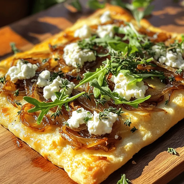 To make the caramelized onion goat cheese flatbread, you need a few simple ingredients. This recipe is easy and fun. You will enjoy making it as much as eating it. It takes about 40 minutes from start to finish and serves 2 to 4 people. You can find the full recipe above. - 1 large flatbread or naan - 2 medium yellow onions, thinly sliced - 1 tablespoon olive oil - 1 teaspoon balsamic vinegar - 4 oz goat cheese, crumbled - 1/2 cup shredded mozzarella cheese - 1 teaspoon fresh thyme leaves (or 1/2 teaspoon dried thyme) - Salt and pepper to taste - Fresh arugula for garnish You can easily swap ingredients if you need to. Here are some ideas: - Flatbread or Naan: Use pita bread or a tortilla instead. - Yellow Onions: Red onions or shallots work well too. - Goat Cheese: Feta cheese or cream cheese are tasty alternatives. - Mozzarella Cheese: Use any melty cheese, like provolone or gouda. - Fresh Thyme: Oregano or rosemary can add a nice touch. - Arugula: Spinach or mixed greens are great for garnish. With these options, you can create a version that fits your taste. Enjoy cooking! To start, you need to caramelize the onions. Grab a large skillet and heat one tablespoon of olive oil over medium heat. Next, add two medium yellow onions, thinly sliced. Sprinkle in a pinch of salt. This helps the onions soften faster. Stir the onions every few minutes. Cook them for about 20 to 25 minutes until they turn soft and golden brown. When they reach that sweet spot, drizzle one teaspoon of balsamic vinegar over them. Mix well and then take the skillet off the heat. This will give your flatbread a rich, deep flavor. While your onions cool a bit, preheat your oven to 425°F (220°C). Place one large flatbread or naan on a baking sheet. This is where all the magic happens. You want your flatbread to be nice and warm. Once the oven is ready, you can start assembling your flatbread. Spread the caramelized onions evenly over the flatbread. Next, sprinkle four ounces of crumbled goat cheese and a half cup of shredded mozzarella cheese on top. For a touch of freshness, add one teaspoon of fresh thyme leaves. Season with salt and pepper to taste. Now it's time to bake! Slide your baking sheet into the preheated oven. Bake for about 10 to 12 minutes. Keep an eye on it. You want the cheeses to melt and bubble, and the edges of the flatbread to crisp up. Once done, take it out and let it cool for a minute. For a great finish, top with fresh arugula for a peppery kick. Slice into pieces and serve. This flatbread is perfect for sharing or for a cozy night in. For the full recipe, check out the complete instructions! To make the best caramelized onions, use medium heat. Start with a large skillet. Add olive oil and sliced onions. Stir them often for even cooking. This will take about 20 to 25 minutes. Watch for a deep golden color. If they cook too fast, lower the heat a bit. Adding a pinch of salt helps draw out moisture. When they are soft and sweet, add balsamic vinegar. This adds a rich flavor that pairs well with goat cheese. While goat cheese shines on this flatbread, you can mix it up. Try adding some creamy feta for a saltier kick. Mozzarella brings a nice stretch and richness. A bit of sharp cheddar can add depth. If you like blue cheese, it adds a bold taste. Just remember to balance strong flavors with milder ones. Mixing cheeses gives more layers to your dish. For a beautiful presentation, use a wooden cutting board. Place the flatbread on the board right after it cools slightly. Scatter some fresh arugula on top for color. Drizzle a little olive oil around the edges for a polished look. Slice the flatbread into smaller pieces for easy sharing. This adds a touch of elegance and makes it more inviting. You can also serve it with a side salad or a light dip. These choices enhance the meal and make it more enjoyable. {{image_2}} If you want to make this flatbread vegetarian, you’re in luck! The base recipe is already meat-free. You can add more veggies for a fresh twist. Try adding sliced bell peppers, mushrooms, or spinach. Each will bring its own flavor and color. Roasted vegetables also work well. Just make sure to roast them before adding them to the flatbread. This way, they stay tender and tasty. For those who need a gluten-free option, use gluten-free flatbread or cauliflower crust. Many stores sell gluten-free flatbreads. If you prefer homemade, you can make a simple crust with almond flour or chickpea flour. Just remember to adjust the baking time. A thinner crust bakes faster, while a thicker one needs more time. Always check the crust for a nice golden color. Don’t be afraid to get creative with toppings! Here are some ideas to enhance your flatbread: - Caramelized Garlic: Add roasted garlic for a rich flavor. - Feta Cheese: Crumble some feta on top for a salty kick. - Sliced Apples or Pears: These add a sweet crunch that pairs well with goat cheese. - Nuts: Sprinkle walnuts or pine nuts for extra texture. - Fresh Herbs: Try basil or parsley for a fresh finish. You can mix and match these toppings to suit your taste. The goal is to enjoy the flatbread while having fun in the kitchen! For the complete recipe, check out the Full Recipe provided earlier. To keep your flatbread fresh, store any leftovers in an airtight container. Place parchment paper between layers to prevent sticking. This method keeps the flatbread from becoming soggy. You can store it in the fridge for up to three days. If you want to keep it longer, freezing is a great option. Reheating your flatbread is simple. Preheat your oven to 350°F (175°C). Place the flatbread on a baking sheet. Heat for about 10 minutes. This method helps restore its crispy edges. You can also use a skillet over medium heat for about 5 minutes. Just cover the skillet to melt the cheese evenly. To freeze your flatbread, wrap it tightly in plastic wrap. Then, place it in a freezer bag. Make sure to remove as much air as possible. Your flatbread can last up to three months in the freezer. When ready to eat, thaw it overnight in the fridge. Reheat it in the oven for a delicious meal anytime. For the full recipe, check out the details above. Making this flatbread takes about 40 minutes. You spend 10 minutes prepping and 30 minutes cooking. First, you caramelize the onions, which takes about 20-25 minutes. Then, you bake the flatbread for 10-12 minutes. This makes a tasty dish perfect for a quick meal or snack. Yes, you can customize the toppings! Add your favorite veggies like bell peppers or mushrooms. You can also swap goat cheese for feta or mozzarella. Fresh herbs like basil or parsley can boost flavor too. Get creative! This flatbread is a great canvas for your ideas. This flatbread pairs well with a simple salad. A fresh arugula salad with lemon dressing works great. You can also serve it with a bowl of soup, like tomato or butternut squash. A side of roasted veggies adds color and nutrition. Enjoy this flatbread with any of these sides for a complete meal! This blog post covered everything you need to make caramelized onion goat cheese flatbread. We explored the key ingredients, step-by-step instructions, helpful tips, and tasty variations. You can easily swap ingredients and make it your own. Remember to store leftovers properly and enjoy them later. Cooking can be fun, so don’t be afraid to try new toppings or sides. Now, you can impress friends and family with this delicious recipe. Enjoy your cooking!