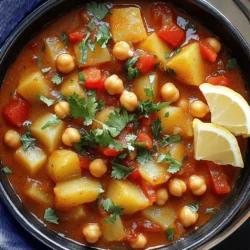For a tasty Moroccan chickpea stew, gather these ingredients: - 1 can (15 oz) chickpeas, drained and rinsed - 1 medium onion, chopped - 2 cloves garlic, minced - 1 red bell pepper, diced - 1 carrot, diced - 2 medium potatoes, peeled and cubed - 1 can (14 oz) diced tomatoes - 2 cups vegetable broth - 1 tablespoon olive oil - 2 teaspoons ground cumin - 1 teaspoon ground coriander - 1 teaspoon paprika - 1/2 teaspoon cayenne pepper (adjust to taste) - 1 teaspoon ground cinnamon - Salt and pepper to taste - Fresh cilantro or parsley for garnish - Lemon wedges for serving I love using fresh ingredients when I can. Fresh onions, garlic, and bell peppers add bright flavors. However, canned chickpeas and tomatoes are great shortcuts. They save time and still taste good. If you're in a rush, don't worry about using canned ingredients. Just make sure to rinse the chickpeas well. This helps remove excess sodium and improves the taste. Spices are key in Moroccan cooking. They add warmth and depth. You’ll want ground cumin, coriander, paprika, and cinnamon for this stew. Each spice brings its unique flavor. Cumin gives a nutty taste, while coriander adds a hint of citrus. Paprika offers sweetness, and cinnamon brings warmth. If you like heat, cayenne pepper is your friend. Use it sparingly at first, then add more if you want. Mixing these spices well with the veggies makes a fragrant base for your stew. To make Moroccan chickpea stew, start with the right pot. I use a large pot for even cooking. First, heat one tablespoon of olive oil over medium heat. Add the chopped onion and sauté for about five minutes. You want the onion to become soft and clear. Then, stir in two cloves of minced garlic, one diced red bell pepper, and one diced carrot. Cook this mix for two to three minutes. The veggies should start to soften. Next, it's time for the potatoes. Add two cubed medium potatoes to the pot. Stir well, cooking for about five minutes. This step helps the potatoes absorb flavors. Now, sprinkle in the spices: two teaspoons of ground cumin, one teaspoon of ground coriander, one teaspoon of paprika, half a teaspoon of cayenne pepper, and one teaspoon of ground cinnamon. Stir everything to coat the veggies. Cook for one more minute to release those fragrant aromas. Now, pour in one can of diced tomatoes and their juice. Add the drained and rinsed chickpeas, plus two cups of vegetable broth. Bring this mixture to a gentle simmer. Cover the pot and let it cook for 25 to 30 minutes, or until the potatoes and carrots are tender. Stir occasionally. If the stew thickens too much, add a bit of water. Finally, season with salt and pepper to taste. Sautéing is key to building flavor. When you sauté, you unlock the natural sweetness in onions and garlic. Keep the heat moderate to avoid burning. Stir often to cook evenly. Simmering is just as important. It lets the flavors blend well. A gentle simmer keeps the stew from boiling too hard. This helps the ingredients cook through while keeping them intact. Timing is everything in cooking. When you sauté the onions, you want them just right. Overcooking can lead to bitterness. Temperature control is also vital. A medium heat works best for sautéing and simmering. Too hot can burn, while too low can lead to undercooking. Follow the times closely for the best results. This Moroccan chickpea stew is not just tasty; it’s also simple to make. You can find the full recipe above to guide you through the process. To enhance the flavors, start with fresh ingredients. Fresh garlic and onions bring out the best taste. Sauté them well until soft and fragrant. Add spices at the right time. This helps release their oils and flavors. You can also add a splash of lemon juice at the end. It brightens the dish and adds a nice zing. One common mistake is not seasoning enough. Always taste as you cook. You can add salt and pepper throughout to build layers of flavor. Another mistake is overcooking the vegetables. They should be tender, not mushy. Stir the stew gently to avoid breaking the chickpeas. This keeps your stew looking nice and fresh. Serve your Moroccan chickpea stew with warm bread or rice. This helps soak up all the delicious sauce. You can add a dollop of yogurt for creaminess. Fresh herbs like cilantro or parsley make a great garnish. For drinks, try a light white wine or mint tea. These pair well with the spices in the stew. For the full recipe, check out the complete instructions above. {{image_2}} You can easily make this stew vegetarian or vegan. The base is already meat-free since it uses chickpeas. This makes it rich in protein. You can also add more vegetables like zucchini or spinach. For a creamier texture, try adding coconut milk. This adds a nice twist to the classic flavor. If you have food allergies or dietary needs, adjustments work well. Use sweet potatoes instead of regular potatoes for a sweeter taste. If you're gluten-free, check your broth for any gluten ingredients. You can swap vegetable broth for low-sodium broth if salt is a concern. Moroccan stew can change based on the region. In some areas, people add dried fruits like apricots or raisins for a sweet touch. Others may include different spices like turmeric or saffron for unique flavors. Each variation gives the stew its own personality, making it fun to try new things. To keep your Moroccan chickpea stew fresh, let it cool first. Store the stew in an airtight container. You can place it in the fridge for up to four days. Make sure to label the container with the date. This helps you remember when to eat it. When it's time to enjoy your stew again, reheat it gently. You can use the stovetop or microwave. If using the stovetop, put the stew in a pot over medium heat. Stir often to heat it evenly. If using a microwave, heat in short bursts. Stir between each burst to avoid hot spots. If you want to keep the stew longer, freezing is a great option. You can freeze it for up to three months. Use a freezer-safe container or bag. Leave some space for the stew to expand. To thaw, move the container to the fridge overnight. Reheat as mentioned to enjoy your delicious meal again. For the full recipe, check the links provided. Moroccan Chickpea Stew has roots in North African cuisine. This region blends spices and flavors from many cultures. You can find dishes like this in Morocco, Algeria, and Tunisia. The stew reflects a mix of Berber, Arab, and Mediterranean influences. People enjoy it for its warmth and depth of flavor. It often showcases local ingredients like chickpeas, vegetables, and spices. These ingredients create a hearty meal perfect for sharing. Yes, you can make Moroccan Chickpea Stew in a slow cooker. It’s a great way to enhance the flavors. Start by sautéing the onion, garlic, and peppers in a pan. Then, add them to the slow cooker with the rest of the ingredients. Set the slow cooker on low for about 6-8 hours or high for 3-4 hours. This method allows the spices to meld together beautifully. You will enjoy a rich and tasty stew without much fuss. Chickpeas are a superfood packed with nutrients. They are high in protein and fiber, which can help keep you full. Eating chickpeas may also support heart health. They contain healthy fats that can lower cholesterol. Additionally, chickpeas are rich in vitamins and minerals like iron, magnesium, and folate. Including them in your diet can boost your overall health. Plus, they are versatile and can be used in many dishes. You can find the full recipe for Spicy Moroccan Chickpea Stew in the article above. It provides step-by-step guidance to help you create this delightful dish. Just follow the instructions, and you will have a wonderful meal ready in no time! Moroccan Chickpea Stew is simple yet full of flavor. We covered the key ingredients, from fresh produce to spice mixes. I shared step-by-step cooking techniques and tips to avoid common mistakes. You can adjust the recipe for dietary needs and enjoy regional variations. Remember to store leftovers properly to maintain their taste. This dish is healthy and easy to make. Try it now and enjoy each bite!