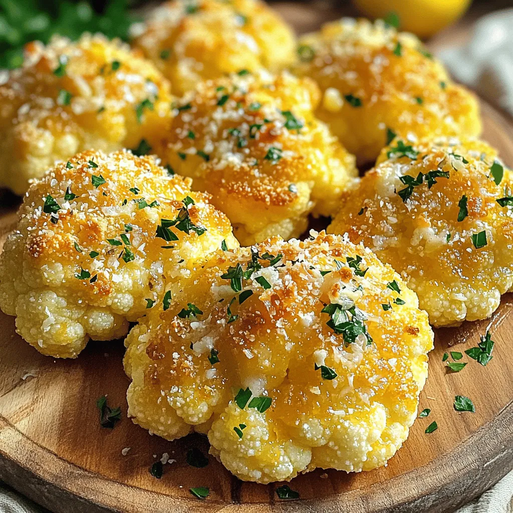 - 1 large head of cauliflower, cut into florets - 3 tablespoons olive oil - 4 cloves garlic, minced - 1 teaspoon Italian seasoning - 1/2 teaspoon salt - 1/4 teaspoon black pepper - 1/3 cup grated Parmesan cheese - 2 tablespoons fresh parsley, chopped (for garnish) - Zest of 1 lemon (optional, for a fresh twist) Baked garlic Parmesan cauliflower is simple yet packs a punch. You start with a large head of cauliflower. This veggie is the star of the dish. Cut it into small florets for even cooking. Next, you’ll need olive oil. It adds richness and helps the garlic stick. Minced garlic brings a strong flavor that pairs well with the cheese. For seasonings, Italian seasoning adds depth. Salt and pepper enhance all the flavors. Parmesan cheese is key for that cheesy, crispy topping. Garnishing with fresh parsley and lemon zest gives it a fresh touch. The zest adds brightness, making the dish pop. You can find the full recipe for exact measurements and steps. Enjoy this easy and savory dish as a side or snack! 1. Preheat the oven: Set your oven to 425°F (220°C). This helps the cauliflower cook evenly and get crispy. 2. Mix marinade ingredients: In a large bowl, combine: - 3 tablespoons olive oil - 4 cloves garlic, minced - 1 teaspoon Italian seasoning - 1/2 teaspoon salt - 1/4 teaspoon black pepper Stir these ingredients well to create a flavorful marinade. 3. Tossing florets in the marinade: Add the large head of cauliflower, cut into florets, to the bowl. Toss the florets until they are well coated in the marinade. This step ensures each piece is full of flavor. 4. Preparing the baking sheet: Line a baking sheet with parchment paper. This makes cleanup easier and helps to prevent sticking. 5. Initial baking time: Spread the seasoned cauliflower in a single layer on the baking sheet. Bake it for about 25-30 minutes. Turn the florets halfway through to cook them evenly. 6. Adding Parmesan cheese: After 25 minutes, take the baking sheet out of the oven. Sprinkle 1/3 cup grated Parmesan cheese evenly over the cauliflower. This adds a cheesy, savory layer. 7. Final baking for crispiness: Return the baking sheet to the oven. Bake for an extra 5-7 minutes. This step allows the cheese to melt and become slightly crispy. Once you finish these steps, your Baked Garlic Parmesan Cauliflower will be ready to enjoy. Don't forget to check out the Full Recipe for more details! Using fresh garlic brings a strong taste. It adds a punch that minced garlic can't match. When you chop garlic, the flavor becomes brighter. For the best taste, use four cloves of fresh garlic. Mix it well with your olive oil and seasonings. To ensure even flavor, coat all the florets fully. Toss them well in the marinade. This way, every bite is packed with flavor. To avoid soggy cauliflower, follow a few simple steps. First, make sure you cut the florets evenly. This helps them cook at the same rate. Next, bake them in a single layer. Crowding the pan traps steam, making the cauliflower mushy. Use a large baking sheet and spread the florets out. This allows them to roast nicely and become golden brown. Garnishing adds a nice touch to your dish. Fresh parsley works great for color and flavor. Add a sprinkle right before serving. You can also use lemon zest for a fresh twist. It brightens the dish and adds zing. Serve the cauliflower warm as a side dish. It pairs well with grilled chicken or fish. This makes for a colorful and tasty plate. For more serving ideas, check the Full Recipe. {{image_2}} You can change up the cheese in this dish. Parmesan offers a nice salty flavor, but you can try other cheeses too. For a milder taste, use mozzarella. It melts well and adds creaminess. If you want a spicy kick, add pepper jack. This cheese brings heat and a fun twist to the dish. Adding extra ingredients can enhance the dish. Roasted nuts like almonds or walnuts give a nice crunch. They add texture and flavor. You can also toss in other vegetables. Try bell peppers, zucchini, or carrots. These veggies add color and nutrition. Herbs and spices can change the flavor of baked cauliflower. Fresh herbs like thyme or rosemary work well. They add a fragrant touch. You can also experiment with spices. A pinch of paprika or cumin adds warmth. For a fresh zing, squeeze lemon juice over the dish before serving. It brightens the flavors and balances the richness of the cheese. For the full recipe, check out the Baked Garlic Parmesan Cauliflower 🧄. To keep your baked garlic Parmesan cauliflower fresh, store it in the refrigerator. Place leftovers in an airtight container. This will help keep it tasty for later. You can also wrap it tightly in plastic wrap. It’s best to eat it within three days for the best flavor. If you want to save it for longer, freezing is an option. Let the cauliflower cool completely before freezing. Then, place it in a freezer-safe container or bag. It should stay good for about one month. Remember to label it with the date! When you’re ready to enjoy your leftovers, reheating is key. The best way to reheat is in the oven. Preheat it to 350°F (175°C). Spread the cauliflower on a baking sheet and heat for about 10-15 minutes. This method helps keep the texture crisp. You can also use a microwave, but this may make the cauliflower soggy. If you do use the microwave, heat in short bursts. Check often to avoid overcooking. In the fridge, your baked garlic Parmesan cauliflower lasts about three days. Keep an eye on it, though. Signs of spoilage include a sour smell or a change in color. If you see any mold, throw it away. Storing properly will help you enjoy this dish for days to come. For the full recipe, check the section above. Yes, you can prepare Baked Garlic Parmesan Cauliflower ahead of time. To do this, follow the recipe steps but stop before baking. Place the coated cauliflower in a container and cover it. You can store it in the fridge for up to 24 hours. When ready to eat, just preheat your oven and bake as directed. This will save you time on busy days. Baked Garlic Parmesan Cauliflower is quite healthy. Cauliflower is low in calories and high in fiber. One serving has about 100 calories, making it a great side dish. It also offers vitamins C and K, plus antioxidants. Using olive oil adds healthy fats, while Parmesan gives flavor and protein. Together, they make a nutritious choice. Yes, you can use frozen cauliflower in this recipe. However, fresh cauliflower gives the best texture. If you use frozen, thaw it first and drain excess water. This helps avoid sogginess during baking. Adjust the baking time by a few minutes if needed. Enjoy the same great flavor and ease with frozen cauliflower. - Full Recipe: Baked Garlic Parmesan Cauliflower 🧄 Baked Garlic Parmesan Cauliflower is a simple, tasty dish. You start with fresh cauliflower, olive oil, and garlic, then season it just right. Baking brings out its flavor and gives it a nice crisp. You can add your favorite cheese and spices for a twist. Storing it is easy, too. Just follow the tips for reheating, and it stays fresh! This dish is healthy and fun to make. Enjoy customizing it to fit your taste! Your guests will love it.