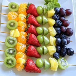For rainbow fruit skewers, you need fresh and colorful fruits. I like to use: - 1 cup strawberries, hulled and halved - 1 cup orange segments (or mandarins) - 1 cup pineapple chunks - 1 cup green grapes, halved - 1 cup blueberries - 1 cup kiwi, peeled and sliced These fruits not only look great, but they also taste amazing together. Each fruit brings a unique flavor and texture. Strawberries are sweet and juicy, while oranges add a bright tang. Pineapple gives a tropical touch, and grapes are crisp. Blueberries are small bursts of flavor, and kiwi adds a fun twist with its bright green color. You can make your skewers even more fun! Here are some optional items: - 1 tablespoon honey (for sweetness) - 1 tablespoon fresh mint, chopped (for garnish) Honey adds a nice sweetness. You can drizzle it over the skewers before serving. Fresh mint gives a lovely scent and flavor. It’s a great way to make your skewers look fancy too! To make these skewers, you’ll need a few simple tools: - Skewers (wooden or metal) If you use wooden skewers, soak them in water for about 30 minutes. This helps prevent burning when you grill or bake them. Using metal skewers is great too, as they are reusable and sturdy. This recipe is simple and fun, perfect for any party! For the full recipe, check the [Full Recipe]. First, wash all your fruit well. This keeps everything clean and safe. Next, cut the fruit as needed: - Hull the strawberries and slice them in half. - Segment the oranges or mandarins. - Cut the pineapple into chunks. - Halve the green grapes. - Peel and slice the kiwi. It’s important to have all the fruit ready before you start assembling. This makes the process smooth and fun. Grab your skewers and start with a piece of strawberry. Thread it onto the skewer first. After that, add an orange segment. Continue adding fruit in this order: 1. Strawberry 2. Orange 3. Pineapple 4. Green grape 5. Blueberry 6. Kiwi Repeat this until you use all the fruit. Make sure to alternate the colors to create a rainbow look. It’s a feast for the eyes! If you use wooden skewers, soak them in water for about 30 minutes. This helps them not burn while you cook. Once your skewers are ready, drizzle them with honey if you like. Honey adds a nice sweetness. Chill the skewers in the fridge for 15 to 20 minutes. This keeps them fresh and tasty. Just before serving, sprinkle some chopped mint on top. This adds a pop of flavor and color. Your rainbow fruit skewers are now ready to impress! For the full recipe, check out the details above. When making rainbow fruit skewers, pick fresh and ripe fruit. Choose strawberries that are bright red and firm. Look for oranges that feel heavy for their size. Pineapple should smell sweet and have a golden color. Grapes should be plump and green. Blueberries need to be deep blue, while kiwis should be slightly soft to touch. Mixing colors makes the skewers look fun and bright. You can also pick fruits based on what you like best. To make great-looking skewers, start with a strong base. Use a wooden skewer or metal one. If using wood, soak it in water for 30 minutes. This step helps prevent burning. Begin by threading fruit in a rainbow order: strawberry, orange, pineapple, green grape, blueberry, and kiwi. Push the fruit close together, but don’t squish it. This way, every bite is tasty. Feel free to change the order to create your design. Garnishes are a simple way to add more flavor. Drizzle honey over the skewers for sweetness. You can also add chopped mint for a fresh taste. Try lime juice for a zesty kick. These flavors really make the fruit shine. Plus, they add a nice touch to the presentation. For the full recipe, check the section above. {{image_2}} You can mix and match fruits based on the season. In spring, try sweet strawberries and juicy cherries. Summer brings ripe peaches and plump blueberries. Fall is great for apples and pears. In winter, go for citrus fruits like oranges and grapefruits. This keeps your skewers fresh and exciting. Seasonal fruits also taste better and are easier to find. Make these skewers fit your needs. If you want a vegan option, skip the honey. You can use agave or maple syrup instead. For a low-sugar version, pick fruits like berries and melon. If you need gluten-free options, all fruits are safe! You can also add nuts or seeds for extra crunch, but check for allergies first. Make your fruit skewers pop with fun ideas. Arrange them in a colorful vase for parties. You can also serve them on a large platter with a rainbow design. Try dipping them in yogurt or chocolate for added fun. Use cookie cutters to shape fruit into stars or hearts for special occasions. These ideas will make your skewers a hit! For the full recipe, check out the earlier section. To store leftover rainbow fruit skewers, place them in an airtight container. This helps keep them fresh. Keep the container in the fridge. They should stay good for up to two days. If you see any signs of browning or mushiness, it’s best to toss them. To maintain freshness, only assemble the skewers right before serving. Store the fruit separately if you plan to make them ahead. You can wash and cut fruits a day in advance. Just keep them covered in the fridge. This way, your fruits will taste crisp and bright when you’re ready to serve. Freezing fruit skewers is a fun way to enjoy them later. However, the texture may change when thawed. If you want to freeze them, it’s best to freeze the fruits first. Place each type of fruit in a separate bag. Once frozen, you can assemble the skewers with these fruits. When you’re ready to eat, thaw them in the fridge overnight. Enjoy them cold for a refreshing treat! You can use frozen fruit, but it will change the texture. Frozen fruit often becomes mushy when thawed. This can make your skewers less fun to eat. Fresh fruit is best for a crunchy bite. If you must use frozen fruit, thaw it and drain excess water. This will help keep the skewers from getting soggy. To make fruit skewers ahead of time, prepare the fruit and assemble them. You can cut the fruit a day in advance. Keep them in an airtight container in the fridge. Assemble the skewers a few hours before serving. This keeps the fruit fresh and vibrant. If you want to avoid browning, squeeze some lemon juice on the apples or bananas. Fruit skewers taste great with a variety of dips. You might enjoy yogurt, chocolate, or even honey. Here are some tasty ideas: - Yogurt Dip: Mix plain yogurt with honey and a splash of vanilla. - Chocolate Sauce: Melt dark or milk chocolate for a rich dip. - Honey Lime Dip: Combine honey, lime juice, and zest for a zesty kick. Each dip adds a fun twist to your skewers, making them even more enjoyable! We explored fruit skewers, detailing fresh fruit choices, optional extras, and essential tools. You learned how to prepare, assemble, and serve these delicious snacks. I shared tips for selecting the best fruits and creative presentation ideas to impress your guests. Remember, storing leftovers correctly keeps your fruit fresh. Feel free to mix frozen fruit into your skewers or try fun dips. Fruit skewers are tasty, easy, and perfect for any gathering. Enjoy making your fruity creations!