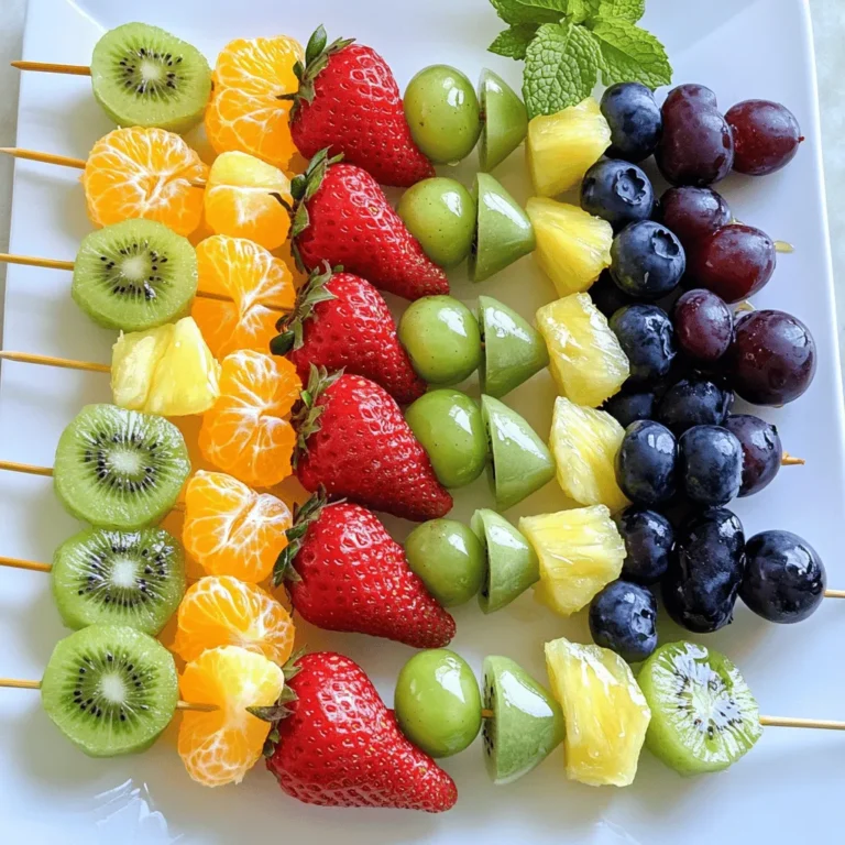 For rainbow fruit skewers, you need fresh and colorful fruits. I like to use: - 1 cup strawberries, hulled and halved - 1 cup orange segments (or mandarins) - 1 cup pineapple chunks - 1 cup green grapes, halved - 1 cup blueberries - 1 cup kiwi, peeled and sliced These fruits not only look great, but they also taste amazing together. Each fruit brings a unique flavor and texture. Strawberries are sweet and juicy, while oranges add a bright tang. Pineapple gives a tropical touch, and grapes are crisp. Blueberries are small bursts of flavor, and kiwi adds a fun twist with its bright green color. You can make your skewers even more fun! Here are some optional items: - 1 tablespoon honey (for sweetness) - 1 tablespoon fresh mint, chopped (for garnish) Honey adds a nice sweetness. You can drizzle it over the skewers before serving. Fresh mint gives a lovely scent and flavor. It’s a great way to make your skewers look fancy too! To make these skewers, you’ll need a few simple tools: - Skewers (wooden or metal) If you use wooden skewers, soak them in water for about 30 minutes. This helps prevent burning when you grill or bake them. Using metal skewers is great too, as they are reusable and sturdy. This recipe is simple and fun, perfect for any party! For the full recipe, check the [Full Recipe]. First, wash all your fruit well. This keeps everything clean and safe. Next, cut the fruit as needed: - Hull the strawberries and slice them in half. - Segment the oranges or mandarins. - Cut the pineapple into chunks. - Halve the green grapes. - Peel and slice the kiwi. It’s important to have all the fruit ready before you start assembling. This makes the process smooth and fun. Grab your skewers and start with a piece of strawberry. Thread it onto the skewer first. After that, add an orange segment. Continue adding fruit in this order: 1. Strawberry 2. Orange 3. Pineapple 4. Green grape 5. Blueberry 6. Kiwi Repeat this until you use all the fruit. Make sure to alternate the colors to create a rainbow look. It’s a feast for the eyes! If you use wooden skewers, soak them in water for about 30 minutes. This helps them not burn while you cook. Once your skewers are ready, drizzle them with honey if you like. Honey adds a nice sweetness. Chill the skewers in the fridge for 15 to 20 minutes. This keeps them fresh and tasty. Just before serving, sprinkle some chopped mint on top. This adds a pop of flavor and color. Your rainbow fruit skewers are now ready to impress! For the full recipe, check out the details above. When making rainbow fruit skewers, pick fresh and ripe fruit. Choose strawberries that are bright red and firm. Look for oranges that feel heavy for their size. Pineapple should smell sweet and have a golden color. Grapes should be plump and green. Blueberries need to be deep blue, while kiwis should be slightly soft to touch. Mixing colors makes the skewers look fun and bright. You can also pick fruits based on what you like best. To make great-looking skewers, start with a strong base. Use a wooden skewer or metal one. If using wood, soak it in water for 30 minutes. This step helps prevent burning. Begin by threading fruit in a rainbow order: strawberry, orange, pineapple, green grape, blueberry, and kiwi. Push the fruit close together, but don’t squish it. This way, every bite is tasty. Feel free to change the order to create your design. Garnishes are a simple way to add more flavor. Drizzle honey over the skewers for sweetness. You can also add chopped mint for a fresh taste. Try lime juice for a zesty kick. These flavors really make the fruit shine. Plus, they add a nice touch to the presentation. For the full recipe, check the section above. {{image_2}} You can mix and match fruits based on the season. In spring, try sweet strawberries and juicy cherries. Summer brings ripe peaches and plump blueberries. Fall is great for apples and pears. In winter, go for citrus fruits like oranges and grapefruits. This keeps your skewers fresh and exciting. Seasonal fruits also taste better and are easier to find. Make these skewers fit your needs. If you want a vegan option, skip the honey. You can use agave or maple syrup instead. For a low-sugar version, pick fruits like berries and melon. If you need gluten-free options, all fruits are safe! You can also add nuts or seeds for extra crunch, but check for allergies first. Make your fruit skewers pop with fun ideas. Arrange them in a colorful vase for parties. You can also serve them on a large platter with a rainbow design. Try dipping them in yogurt or chocolate for added fun. Use cookie cutters to shape fruit into stars or hearts for special occasions. These ideas will make your skewers a hit! For the full recipe, check out the earlier section. To store leftover rainbow fruit skewers, place them in an airtight container. This helps keep them fresh. Keep the container in the fridge. They should stay good for up to two days. If you see any signs of browning or mushiness, it’s best to toss them. To maintain freshness, only assemble the skewers right before serving. Store the fruit separately if you plan to make them ahead. You can wash and cut fruits a day in advance. Just keep them covered in the fridge. This way, your fruits will taste crisp and bright when you’re ready to serve. Freezing fruit skewers is a fun way to enjoy them later. However, the texture may change when thawed. If you want to freeze them, it’s best to freeze the fruits first. Place each type of fruit in a separate bag. Once frozen, you can assemble the skewers with these fruits. When you’re ready to eat, thaw them in the fridge overnight. Enjoy them cold for a refreshing treat! You can use frozen fruit, but it will change the texture. Frozen fruit often becomes mushy when thawed. This can make your skewers less fun to eat. Fresh fruit is best for a crunchy bite. If you must use frozen fruit, thaw it and drain excess water. This will help keep the skewers from getting soggy. To make fruit skewers ahead of time, prepare the fruit and assemble them. You can cut the fruit a day in advance. Keep them in an airtight container in the fridge. Assemble the skewers a few hours before serving. This keeps the fruit fresh and vibrant. If you want to avoid browning, squeeze some lemon juice on the apples or bananas. Fruit skewers taste great with a variety of dips. You might enjoy yogurt, chocolate, or even honey. Here are some tasty ideas: - Yogurt Dip: Mix plain yogurt with honey and a splash of vanilla. - Chocolate Sauce: Melt dark or milk chocolate for a rich dip. - Honey Lime Dip: Combine honey, lime juice, and zest for a zesty kick. Each dip adds a fun twist to your skewers, making them even more enjoyable! We explored fruit skewers, detailing fresh fruit choices, optional extras, and essential tools. You learned how to prepare, assemble, and serve these delicious snacks. I shared tips for selecting the best fruits and creative presentation ideas to impress your guests. Remember, storing leftovers correctly keeps your fruit fresh. Feel free to mix frozen fruit into your skewers or try fun dips. Fruit skewers are tasty, easy, and perfect for any gathering. Enjoy making your fruity creations!