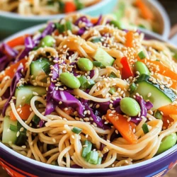 - 8 oz whole wheat spaghetti or rice noodles - 1 cup shredded purple cabbage - 1 cup shredded carrots - 1 bell pepper, julienned - 1 cucumber, julienned - 3 green onions, chopped - 1/2 cup edamame (shelled) - 1/4 cup sesame seeds For this salad, I love using whole wheat spaghetti or rice noodles. They give the dish a nice texture. You can choose either based on your preference. The colorful mix of vegetables adds freshness and crunch. Shredded cabbage and carrots are great for color and flavor. Bell peppers and cucumbers bring a crisp bite. Green onions add a hint of sharpness, while edamame offers a nutty taste and protein boost. Don’t forget the sesame seeds! They add a lovely crunch on top. - 1/4 cup sesame oil - 2 tablespoons soy sauce - 1 tablespoon rice vinegar - 1 tablespoon honey or maple syrup - 1 teaspoon grated fresh ginger - 1 garlic clove, minced - Salt and pepper to taste The dressing is key to this dish. Sesame oil gives it a rich, nutty flavor. Soy sauce adds depth and saltiness. Rice vinegar brings a bit of tang, while honey or maple syrup adds sweetness. Fresh ginger and garlic kick up the flavor profile. I use salt and pepper to round it out. Feel free to adjust the sweetness or saltiness to your taste. You can find the full recipe [here](#). Start by boiling water in a large pot. Add a pinch of salt for flavor. When the water boils, add your whole wheat spaghetti or rice noodles. Cook them until they are al dente, which usually takes about 8-10 minutes. Al dente means the noodles are firm but not hard. After cooking, drain the noodles and rinse them under cold water. This helps cool them down and stops the cooking process. While your noodles cook, wash and chop your vegetables. Use a sharp knife for clean cuts. You’ll need to shred the purple cabbage and carrots. Julienne the bell pepper and cucumber into thin strips. Chop the green onions. In a large bowl, combine all these vegetables. Toss them together well. Mixing ensures every bite is full of flavor. In a separate bowl, gather your dressing ingredients. Whisk together the sesame oil, soy sauce, rice vinegar, honey or maple syrup, grated ginger, and minced garlic. Add a pinch of salt and pepper. Whisk until everything is blended smoothly. Taste it and adjust the flavors if needed. You can add more honey for sweetness or more soy sauce for saltiness. Once your noodles are cool, add them to the bowl with the chopped vegetables. Pour the dressing over the top. Gently fold the noodles into the mix. Make sure everything gets coated evenly with the dressing. This step is key for a tasty salad. Next, take a small dry skillet and heat it over medium heat. Add the sesame seeds to the skillet. Toast them for about 2-3 minutes. Stir often to prevent burning. When they turn golden brown, they are done. Remove from heat and set aside. To serve, transfer the salad to a large platter or individual bowls. Sprinkle the toasted sesame seeds on top for a nice crunch. For extra color, you can add more chopped green onions or fresh cilantro. Serve it cold or at room temperature for the best taste. Check the [Full Recipe] for more tips. You can adjust this recipe for different diets. For a gluten-free option, swap whole wheat spaghetti with rice noodles. This keeps the dish tasty and safe for those with gluten issues. If you want a vegan dish, use maple syrup instead of honey for sweetness. You can also add more spices if you like stronger flavors. A pinch of red pepper flakes can give it a nice kick. If you want more depth, try adding a splash of lime juice. Storing leftovers properly keeps the salad fresh. Place it in an airtight container in the fridge. It lasts about three days. To keep the noodles from getting mushy, store the dressing separately. When you’re ready to eat, mix the dressing in just before serving. This helps maintain the texture and flavor. If you have leftover sesame seeds, store them in a cool, dark place. They stay fresh longer that way. This recipe serves four, but you can adjust it easily. If you're cooking for a larger group, just double the ingredients. You can also make it for meal prep. Serve it with grilled chicken or shrimp for a full meal. For a light lunch, pair it with fresh spring rolls. This adds variety and makes for a colorful plate. You can mix and match sides to keep it exciting! Check out the Full Recipe for more ideas on how to serve this dish. {{image_2}} You can change up the vegetables in your Asian sesame noodle salad. Try adding bell peppers for a sweet crunch or snap peas for a fresh snap. These options add color and texture. Different noodle types also change the feel of the dish. Rice noodles are light and chewy. Whole wheat spaghetti gives a heartier bite. Experiment to see what you like best! Want to make your dish heartier? Add proteins like grilled chicken, tofu, or shrimp. Each choice brings unique flavors and makes the salad more filling. For a spicy kick, try adding chili paste or sriracha. This adds heat and depth to the dressing. Adjust the amount based on your spice level. Using seasonal produce can elevate the freshness of your salad. In summer, use ripe tomatoes and cucumbers. For winter, try adding roasted butternut squash or shredded Brussels sprouts. These ingredients not only taste great but also keep the dish exciting year-round. Seasonal choices highlight the best flavors of each time of year. To keep your Asian sesame noodle salad fresh, use airtight containers. Glass or BPA-free plastic works best. This salad stays good in the fridge for up to three days. Make sure to seal it tightly to avoid extra moisture. You can freeze this salad, but it’s best to do it without the dressing. Place the cooled noodles and veggies in a freezer-safe bag. Remove as much air as possible. When you’re ready to eat, thaw it in the fridge overnight. Add the dressing after thawing for the best taste. If you prefer warm noodles, heat a portion in a pan on low heat. Add a splash of water to keep it moist. Stir gently to warm it without losing crunch. Enjoy your salad while it’s still fresh and vibrant! For the full recipe, check out the complete guide. You can use peanut oil or olive oil. Both oils have a nice taste. For a nutty flavor, try toasted sesame oil. It has a richer taste than regular sesame oil. To keep the dressing authentic, stick to Asian flavors. Use soy sauce and rice vinegar, as they blend well. This salad stays fresh for about three days in the fridge. Store it in an airtight container. Watch for signs of spoilage. If your salad smells sour or the veggies look wilted, it's time to toss it. Yes, you can prepare this salad a day in advance. Just keep the dressing separate until serving. This keeps the noodles and veggies crisp. Aim to make it no more than a day early for the best taste. Absolutely! Use rice noodles or gluten-free pasta to make it gluten-free. For the dressing, check your soy sauce. Use a gluten-free option, like tamari, to avoid gluten. These changes keep the flavor while making it safe for everyone. You can add grilled chicken, shrimp, or tofu for protein. Cook the chicken or shrimp until fully done. For tofu, press it first, then pan-fry until crispy. Each protein adds flavor and makes the salad more filling. This blog post covered the key steps for making a delicious Asian Sesame Noodle Salad. We explored the main ingredients, like whole wheat spaghetti and fresh veggies, and crafted a tasty dressing. You learned how to cook noodles perfectly and combine everything for great flavor. Remember, adjusting ingredients lets you fit your diet and taste. Store leftovers properly to keep them fresh. Enjoy experimenting with seasonal produce for variety. This salad is not just a meal; it’s a canvas for your creativity. Happy cooking!
