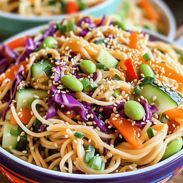 - 8 oz whole wheat spaghetti or rice noodles - 1 cup shredded purple cabbage - 1 cup shredded carrots - 1 bell pepper, julienned - 1 cucumber, julienned - 3 green onions, chopped - 1/2 cup edamame (shelled) - 1/4 cup sesame seeds For this salad, I love using whole wheat spaghetti or rice noodles. They give the dish a nice texture. You can choose either based on your preference. The colorful mix of vegetables adds freshness and crunch. Shredded cabbage and carrots are great for color and flavor. Bell peppers and cucumbers bring a crisp bite. Green onions add a hint of sharpness, while edamame offers a nutty taste and protein boost. Don’t forget the sesame seeds! They add a lovely crunch on top. - 1/4 cup sesame oil - 2 tablespoons soy sauce - 1 tablespoon rice vinegar - 1 tablespoon honey or maple syrup - 1 teaspoon grated fresh ginger - 1 garlic clove, minced - Salt and pepper to taste The dressing is key to this dish. Sesame oil gives it a rich, nutty flavor. Soy sauce adds depth and saltiness. Rice vinegar brings a bit of tang, while honey or maple syrup adds sweetness. Fresh ginger and garlic kick up the flavor profile. I use salt and pepper to round it out. Feel free to adjust the sweetness or saltiness to your taste. You can find the full recipe [here](#). Start by boiling water in a large pot. Add a pinch of salt for flavor. When the water boils, add your whole wheat spaghetti or rice noodles. Cook them until they are al dente, which usually takes about 8-10 minutes. Al dente means the noodles are firm but not hard. After cooking, drain the noodles and rinse them under cold water. This helps cool them down and stops the cooking process. While your noodles cook, wash and chop your vegetables. Use a sharp knife for clean cuts. You’ll need to shred the purple cabbage and carrots. Julienne the bell pepper and cucumber into thin strips. Chop the green onions. In a large bowl, combine all these vegetables. Toss them together well. Mixing ensures every bite is full of flavor. In a separate bowl, gather your dressing ingredients. Whisk together the sesame oil, soy sauce, rice vinegar, honey or maple syrup, grated ginger, and minced garlic. Add a pinch of salt and pepper. Whisk until everything is blended smoothly. Taste it and adjust the flavors if needed. You can add more honey for sweetness or more soy sauce for saltiness. Once your noodles are cool, add them to the bowl with the chopped vegetables. Pour the dressing over the top. Gently fold the noodles into the mix. Make sure everything gets coated evenly with the dressing. This step is key for a tasty salad. Next, take a small dry skillet and heat it over medium heat. Add the sesame seeds to the skillet. Toast them for about 2-3 minutes. Stir often to prevent burning. When they turn golden brown, they are done. Remove from heat and set aside. To serve, transfer the salad to a large platter or individual bowls. Sprinkle the toasted sesame seeds on top for a nice crunch. For extra color, you can add more chopped green onions or fresh cilantro. Serve it cold or at room temperature for the best taste. Check the [Full Recipe] for more tips. You can adjust this recipe for different diets. For a gluten-free option, swap whole wheat spaghetti with rice noodles. This keeps the dish tasty and safe for those with gluten issues. If you want a vegan dish, use maple syrup instead of honey for sweetness. You can also add more spices if you like stronger flavors. A pinch of red pepper flakes can give it a nice kick. If you want more depth, try adding a splash of lime juice. Storing leftovers properly keeps the salad fresh. Place it in an airtight container in the fridge. It lasts about three days. To keep the noodles from getting mushy, store the dressing separately. When you’re ready to eat, mix the dressing in just before serving. This helps maintain the texture and flavor. If you have leftover sesame seeds, store them in a cool, dark place. They stay fresh longer that way. This recipe serves four, but you can adjust it easily. If you're cooking for a larger group, just double the ingredients. You can also make it for meal prep. Serve it with grilled chicken or shrimp for a full meal. For a light lunch, pair it with fresh spring rolls. This adds variety and makes for a colorful plate. You can mix and match sides to keep it exciting! Check out the Full Recipe for more ideas on how to serve this dish. {{image_2}} You can change up the vegetables in your Asian sesame noodle salad. Try adding bell peppers for a sweet crunch or snap peas for a fresh snap. These options add color and texture. Different noodle types also change the feel of the dish. Rice noodles are light and chewy. Whole wheat spaghetti gives a heartier bite. Experiment to see what you like best! Want to make your dish heartier? Add proteins like grilled chicken, tofu, or shrimp. Each choice brings unique flavors and makes the salad more filling. For a spicy kick, try adding chili paste or sriracha. This adds heat and depth to the dressing. Adjust the amount based on your spice level. Using seasonal produce can elevate the freshness of your salad. In summer, use ripe tomatoes and cucumbers. For winter, try adding roasted butternut squash or shredded Brussels sprouts. These ingredients not only taste great but also keep the dish exciting year-round. Seasonal choices highlight the best flavors of each time of year. To keep your Asian sesame noodle salad fresh, use airtight containers. Glass or BPA-free plastic works best. This salad stays good in the fridge for up to three days. Make sure to seal it tightly to avoid extra moisture. You can freeze this salad, but it’s best to do it without the dressing. Place the cooled noodles and veggies in a freezer-safe bag. Remove as much air as possible. When you’re ready to eat, thaw it in the fridge overnight. Add the dressing after thawing for the best taste. If you prefer warm noodles, heat a portion in a pan on low heat. Add a splash of water to keep it moist. Stir gently to warm it without losing crunch. Enjoy your salad while it’s still fresh and vibrant! For the full recipe, check out the complete guide. You can use peanut oil or olive oil. Both oils have a nice taste. For a nutty flavor, try toasted sesame oil. It has a richer taste than regular sesame oil. To keep the dressing authentic, stick to Asian flavors. Use soy sauce and rice vinegar, as they blend well. This salad stays fresh for about three days in the fridge. Store it in an airtight container. Watch for signs of spoilage. If your salad smells sour or the veggies look wilted, it's time to toss it. Yes, you can prepare this salad a day in advance. Just keep the dressing separate until serving. This keeps the noodles and veggies crisp. Aim to make it no more than a day early for the best taste. Absolutely! Use rice noodles or gluten-free pasta to make it gluten-free. For the dressing, check your soy sauce. Use a gluten-free option, like tamari, to avoid gluten. These changes keep the flavor while making it safe for everyone. You can add grilled chicken, shrimp, or tofu for protein. Cook the chicken or shrimp until fully done. For tofu, press it first, then pan-fry until crispy. Each protein adds flavor and makes the salad more filling. This blog post covered the key steps for making a delicious Asian Sesame Noodle Salad. We explored the main ingredients, like whole wheat spaghetti and fresh veggies, and crafted a tasty dressing. You learned how to cook noodles perfectly and combine everything for great flavor. Remember, adjusting ingredients lets you fit your diet and taste. Store leftovers properly to keep them fresh. Enjoy experimenting with seasonal produce for variety. This salad is not just a meal; it’s a canvas for your creativity. Happy cooking!