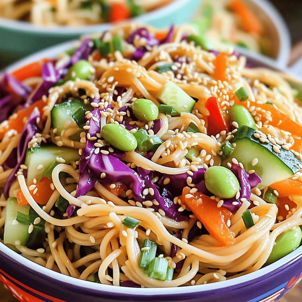 - 8 oz whole wheat spaghetti or rice noodles - 1 cup shredded purple cabbage - 1 cup shredded carrots - 1 bell pepper, julienned - 1 cucumber, julienned - 3 green onions, chopped - 1/2 cup edamame (shelled) - 1/4 cup sesame seeds For this salad, I love using whole wheat spaghetti or rice noodles. They give the dish a nice texture. You can choose either based on your preference. The colorful mix of vegetables adds freshness and crunch. Shredded cabbage and carrots are great for color and flavor. Bell peppers and cucumbers bring a crisp bite. Green onions add a hint of sharpness, while edamame offers a nutty taste and protein boost. Don’t forget the sesame seeds! They add a lovely crunch on top. - 1/4 cup sesame oil - 2 tablespoons soy sauce - 1 tablespoon rice vinegar - 1 tablespoon honey or maple syrup - 1 teaspoon grated fresh ginger - 1 garlic clove, minced - Salt and pepper to taste The dressing is key to this dish. Sesame oil gives it a rich, nutty flavor. Soy sauce adds depth and saltiness. Rice vinegar brings a bit of tang, while honey or maple syrup adds sweetness. Fresh ginger and garlic kick up the flavor profile. I use salt and pepper to round it out. Feel free to adjust the sweetness or saltiness to your taste. You can find the full recipe [here](#). Start by boiling water in a large pot. Add a pinch of salt for flavor. When the water boils, add your whole wheat spaghetti or rice noodles. Cook them until they are al dente, which usually takes about 8-10 minutes. Al dente means the noodles are firm but not hard. After cooking, drain the noodles and rinse them under cold water. This helps cool them down and stops the cooking process. While your noodles cook, wash and chop your vegetables. Use a sharp knife for clean cuts. You’ll need to shred the purple cabbage and carrots. Julienne the bell pepper and cucumber into thin strips. Chop the green onions. In a large bowl, combine all these vegetables. Toss them together well. Mixing ensures every bite is full of flavor. In a separate bowl, gather your dressing ingredients. Whisk together the sesame oil, soy sauce, rice vinegar, honey or maple syrup, grated ginger, and minced garlic. Add a pinch of salt and pepper. Whisk until everything is blended smoothly. Taste it and adjust the flavors if needed. You can add more honey for sweetness or more soy sauce for saltiness. Once your noodles are cool, add them to the bowl with the chopped vegetables. Pour the dressing over the top. Gently fold the noodles into the mix. Make sure everything gets coated evenly with the dressing. This step is key for a tasty salad. Next, take a small dry skillet and heat it over medium heat. Add the sesame seeds to the skillet. Toast them for about 2-3 minutes. Stir often to prevent burning. When they turn golden brown, they are done. Remove from heat and set aside. To serve, transfer the salad to a large platter or individual bowls. Sprinkle the toasted sesame seeds on top for a nice crunch. For extra color, you can add more chopped green onions or fresh cilantro. Serve it cold or at room temperature for the best taste. Check the [Full Recipe] for more tips. You can adjust this recipe for different diets. For a gluten-free option, swap whole wheat spaghetti with rice noodles. This keeps the dish tasty and safe for those with gluten issues. If you want a vegan dish, use maple syrup instead of honey for sweetness. You can also add more spices if you like stronger flavors. A pinch of red pepper flakes can give it a nice kick. If you want more depth, try adding a splash of lime juice. Storing leftovers properly keeps the salad fresh. Place it in an airtight container in the fridge. It lasts about three days. To keep the noodles from getting mushy, store the dressing separately. When you’re ready to eat, mix the dressing in just before serving. This helps maintain the texture and flavor. If you have leftover sesame seeds, store them in a cool, dark place. They stay fresh longer that way. This recipe serves four, but you can adjust it easily. If you're cooking for a larger group, just double the ingredients. You can also make it for meal prep. Serve it with grilled chicken or shrimp for a full meal. For a light lunch, pair it with fresh spring rolls. This adds variety and makes for a colorful plate. You can mix and match sides to keep it exciting! Check out the Full Recipe for more ideas on how to serve this dish. {{image_2}} You can change up the vegetables in your Asian sesame noodle salad. Try adding bell peppers for a sweet crunch or snap peas for a fresh snap. These options add color and texture. Different noodle types also change the feel of the dish. Rice noodles are light and chewy. Whole wheat spaghetti gives a heartier bite. Experiment to see what you like best! Want to make your dish heartier? Add proteins like grilled chicken, tofu, or shrimp. Each choice brings unique flavors and makes the salad more filling. For a spicy kick, try adding chili paste or sriracha. This adds heat and depth to the dressing. Adjust the amount based on your spice level. Using seasonal produce can elevate the freshness of your salad. In summer, use ripe tomatoes and cucumbers. For winter, try adding roasted butternut squash or shredded Brussels sprouts. These ingredients not only taste great but also keep the dish exciting year-round. Seasonal choices highlight the best flavors of each time of year. To keep your Asian sesame noodle salad fresh, use airtight containers. Glass or BPA-free plastic works best. This salad stays good in the fridge for up to three days. Make sure to seal it tightly to avoid extra moisture. You can freeze this salad, but it’s best to do it without the dressing. Place the cooled noodles and veggies in a freezer-safe bag. Remove as much air as possible. When you’re ready to eat, thaw it in the fridge overnight. Add the dressing after thawing for the best taste. If you prefer warm noodles, heat a portion in a pan on low heat. Add a splash of water to keep it moist. Stir gently to warm it without losing crunch. Enjoy your salad while it’s still fresh and vibrant! For the full recipe, check out the complete guide. You can use peanut oil or olive oil. Both oils have a nice taste. For a nutty flavor, try toasted sesame oil. It has a richer taste than regular sesame oil. To keep the dressing authentic, stick to Asian flavors. Use soy sauce and rice vinegar, as they blend well. This salad stays fresh for about three days in the fridge. Store it in an airtight container. Watch for signs of spoilage. If your salad smells sour or the veggies look wilted, it's time to toss it. Yes, you can prepare this salad a day in advance. Just keep the dressing separate until serving. This keeps the noodles and veggies crisp. Aim to make it no more than a day early for the best taste. Absolutely! Use rice noodles or gluten-free pasta to make it gluten-free. For the dressing, check your soy sauce. Use a gluten-free option, like tamari, to avoid gluten. These changes keep the flavor while making it safe for everyone. You can add grilled chicken, shrimp, or tofu for protein. Cook the chicken or shrimp until fully done. For tofu, press it first, then pan-fry until crispy. Each protein adds flavor and makes the salad more filling. This blog post covered the key steps for making a delicious Asian Sesame Noodle Salad. We explored the main ingredients, like whole wheat spaghetti and fresh veggies, and crafted a tasty dressing. You learned how to cook noodles perfectly and combine everything for great flavor. Remember, adjusting ingredients lets you fit your diet and taste. Store leftovers properly to keep them fresh. Enjoy experimenting with seasonal produce for variety. This salad is not just a meal; it’s a canvas for your creativity. Happy cooking!