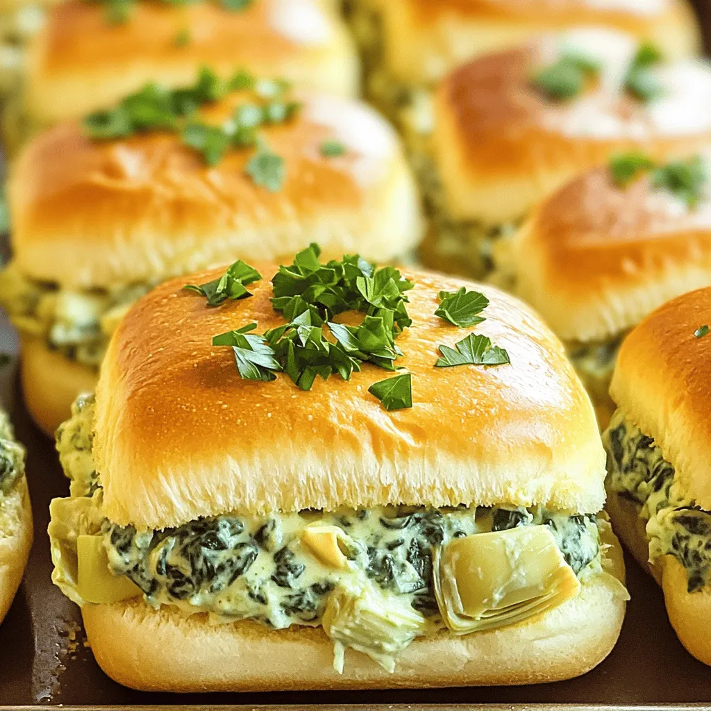 To make these tasty sliders, you need these key ingredients: - 1 cup cooked spinach, squeezed dry and chopped - 1 cup canned artichoke hearts, drained and chopped - 1 cup cream cheese, softened - 1 cup sour cream - 1 cup shredded mozzarella cheese - 1/2 cup grated Parmesan cheese - 1 teaspoon garlic powder - 1 teaspoon onion powder - Salt and pepper to taste - 12 slider buns - Fresh parsley, chopped for garnish These ingredients blend to create a creamy and flavorful filling. The spinach and artichokes add nice texture and taste. The cream cheese and sour cream make it rich and smooth. You can add some fun touches to your sliders. Here are a few ideas: - 1/2 teaspoon red pepper flakes for heat - 1/4 cup diced bell peppers for crunch - 1/4 cup chopped sun-dried tomatoes for sweetness - Different cheeses like cheddar or gouda for extra flavor These options let you make the recipe your own. Feel free to mix and match based on what you like. Having the right tools makes cooking easy. Here’s what you need: - Large mixing bowl - Baking dish - Aluminum foil - Mixing spoon or spatula - Oven mitts Using these tools helps ensure your sliders come out great. They also keep your cooking area neat and tidy. For the best results, gather all your tools before you start. Check out the Full Recipe for more tips and details. Start by gathering all your ingredients. You will need: - 1 cup cooked spinach, squeezed dry and chopped - 1 cup canned artichoke hearts, drained and chopped - 1 cup cream cheese, softened - 1 cup sour cream - 1 cup shredded mozzarella cheese - 1/2 cup grated Parmesan cheese - 1 teaspoon garlic powder - 1 teaspoon onion powder - Salt and pepper to taste - 12 slider buns - Fresh parsley, chopped for garnish First, cook the spinach and let it cool. Drain the artichoke hearts well. In a large bowl, mix the spinach, artichokes, and all other ingredients until creamy and smooth. Make sure there are no lumps. This creamy mix is the heart of your sliders. Now, slice the slider buns in half. Place the bottom halves in a large baking dish. Spread the spinach artichoke mix over the buns. Use a generous amount to ensure every bite is full of flavor. Next, place the top halves of the buns over the mixture. Gently press them down to help the filling stick. If you want, brush a little olive oil on top. This gives the buns a nice color and flavor. Preheat your oven to 350°F (175°C). Cover the baking dish with aluminum foil. Bake for 15 minutes to warm the sliders through. After 15 minutes, remove the foil. Bake for another 10 to 15 minutes. Look for a golden brown color on the tops. Once they are crispy, take them out. Let them cool for a few minutes. Garnish with chopped fresh parsley before serving. This adds a bright touch to your sliders. For the full recipe, check the earlier section. Enjoy your tasty Spinach Artichoke Dip Sliders! To make the best spinach artichoke mixture, start with fresh ingredients. Use cooked spinach that is squeezed dry. This step removes excess water. Use canned artichoke hearts for ease, but drain them well. Mix these with cream cheese and sour cream for a creamy base. Add shredded mozzarella and grated Parmesan for rich flavor. Don't forget garlic powder and onion powder for that extra kick. Season with salt and pepper to taste. Mix until the texture is smooth and thick. This will create a great filling for your sliders. To keep slider buns crispy, choose fresh ones. Slice the buns in half, but don’t pull them apart completely. This keeps them together during baking. Place the bottom halves in a baking dish. Spread the spinach artichoke mix generously on each bun. Brush the tops with a little olive oil before baking. This adds flavor and helps them crisp. Cover the dish with foil while baking. Uncover it in the last part of baking to brown the tops. This method gives you delicious, crispy sliders. These sliders pair well with many sides. Serve them with a fresh salad for a light meal. Try adding crunchy veggies for a colorful plate. Dips like ranch or marinara can add flavor. For drinks, serve a light soda or iced tea. If you want more fun, try a fruity cocktail. These sliders shine at parties, so think about using a platter. Garnish with fresh parsley for color and flair. You can find the full recipe in the link above. {{image_2}} If you want to keep it vegetarian, use plant-based cream cheese. This swap keeps the creaminess but cuts out dairy. You can also add in more veggies like bell peppers or mushrooms. These add flavor and color. You can try using a mix of fresh herbs too. Fresh basil or cilantro can brighten the dish. To make this dish gluten-free, swap the slider buns for gluten-free ones. Many stores offer tasty gluten-free buns now. You could also use large lettuce leaves. They can hold the filling well for a low-carb option. Just make sure all other ingredients are gluten-free too. Want to jazz it up? Add diced jalapeños for spice. You can mix in sun-dried tomatoes for a sweet tang. If you love a smoky flavor, try adding smoked paprika. Changing the cheese is another option. Use sharp cheddar or pepper jack for a new twist. You can find the full recipe to explore all these ideas. After you enjoy your spinach artichoke dip sliders, store any extras right away. Place the sliders in an airtight container. This keeps them fresh and tasty. You can keep them in the fridge for up to three days. Make sure to cool them to room temperature before sealing. To reheat sliders, use your oven for the best taste. Preheat your oven to 350°F (175°C). Place the sliders on a baking sheet. Heat them for about 10 to 15 minutes. This helps the bread stay crispy and warms the filling. You can also use a microwave, but the texture may not be as good. If you use the microwave, heat them in short bursts to avoid sogginess. Want to save some sliders for later? You can freeze them! Wrap each slider in plastic wrap. Then, place them in a freezer bag. This keeps them fresh for up to three months. When you want to eat them, thaw in the fridge overnight. Reheat them in the oven for the best results. This way, you can enjoy your spinach artichoke dip sliders any time! You can use Greek yogurt. It adds creaminess and tang. Cottage cheese is another option. Just blend it until smooth. Both will keep the dip tasty and rich. Add crushed red pepper flakes to the mixture. A dash of hot sauce also works well. You can even mix in jalapeños for a kick. Adjust the spice to your taste. Yes, you can use fresh spinach. Just cook it down first to remove excess water. Squeeze it dry after cooking. This keeps the sliders from getting soggy. Leftovers can last about 3-4 days in the fridge. Store them in an airtight container. Make sure they are cool before sealing. This helps maintain freshness. Absolutely! You can prepare the mixture and store it in the fridge. Assemble the sliders just before baking. This saves time and keeps them fresh. Check out the Full Recipe for more details. We explored how to make tasty spinach artichoke dip sliders together. I shared key ingredients, step-by-step instructions, and helpful tips. You learned about cooking options like vegetarian and gluten-free variations. Remember, store leftovers properly to keep them fresh. Enjoy making these sliders for your next gathering. They’re sure to impress! Keep experimenting with flavors until you find your favorite mix. Happy cooking!