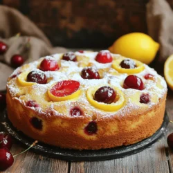 To start, you need some key ingredients. Here’s what you will need: - 1 cup plain Greek yogurt - 1 cup granulated sugar - 3 large eggs - Zest of 1 lemon - 1/4 cup fresh lemon juice - 1/2 cup vegetable oil - 1 3/4 cups all-purpose flour - 2 teaspoons baking powder - 1/2 teaspoon baking soda - 1/2 teaspoon salt - 1 cup fresh cherries, pitted and halved - Powdered sugar for dusting (optional) These simple items make this cake moist and tasty. The yogurt gives it a rich flavor, while the lemon zest adds a bright touch. You can make this cake with some easy swaps. If you do not have Greek yogurt, plain yogurt works too. You can also use other oils like canola or melted butter. For the cherries, frozen ones work fine, but make sure to thaw and drain them first. If you don’t have fresh lemons, bottled lemon juice can work in a pinch. Just use a bit less since it’s more potent. To take your cake to the next level, try adding some extras. Vanilla extract can add warmth. A pinch of almond extract gives a nice twist. You could even add some poppy seeds for crunch. If you want, you can also fold in some chocolate chips or nuts for added texture. Each of these choices can make your Cherry Lemon Yogurt Cake even more delightful. For the full recipe, check the details above. Start by gathering all your ingredients. You will need Greek yogurt, sugar, eggs, lemon zest, lemon juice, and more. Preheat your oven to 350°F (175°C). Grease and flour a 9-inch round cake pan. This step helps the cake come out easily later. In a large bowl, whisk together the Greek yogurt, sugar, and eggs. Mix until the texture is smooth. Next, add the lemon zest and lemon juice. Whisk again until everything is well mixed. Now, slowly pour in the vegetable oil. Mix gently until you see no oil streaks. In another bowl, sift together flour, baking powder, baking soda, and salt. Gradually add this dry mix to the wet mix. Fold them together carefully. Avoid overmixing to keep the cake light. Finally, gently fold in the halved cherries. This adds a sweet burst to each slice. Pour the batter into your prepared cake pan. Smooth the top with a spatula for an even finish. Place it in the preheated oven. Bake for 30 to 35 minutes. I recommend checking at the 30-minute mark. To check if your cake is ready, insert a toothpick into the center. If it comes out clean, your cake is done. If not, give it a few more minutes. Once baked, remove the cake from the oven. Let it cool in the pan for 10 minutes. After that, transfer it to a wire rack to cool completely. For a sweet touch, dust the top with powdered sugar before serving. You can find the full recipe in the earlier section. Enjoy your Cherry Lemon Yogurt Cake! To get the best texture for your Cherry Lemon Yogurt Cake, follow these tips: - Use room temperature eggs for a smoother batter. - Mix the wet and dry ingredients gently. Overmixing can make the cake tough. - Let the cake cool in the pan for a bit. This helps keep it moist. Avoid these common mistakes to ensure your cake turns out great: - Don’t skip the baking powder or baking soda. They help the cake rise. - Make sure your oven is at the right temperature. An oven thermometer can help. - Don’t add too many cherries. They can make the cake too wet. To boost the flavor of your cake, try these ideas: - Add a splash of vanilla extract for extra warmth. - Experiment with different fruits like raspberries or blueberries. - Serve it with a drizzle of lemon glaze for a sweet touch. For a complete guide, check out the Full Recipe for Cherry Lemon Yogurt Cake. {{image_2}} You can mix things up by using other fruits. Berries like blueberries or raspberries work well. You can also try peaches or strawberries for a fruity twist. Chop the fruit into small pieces and fold them in like the cherries. This keeps the cake moist and adds fresh flavor. Greek yogurt is great, but you can use other types too. Try regular yogurt for a lighter texture. If you want a dairy-free option, coconut yogurt is tasty. It gives a unique flavor that pairs well with the lemon. Just make sure it’s plain to keep the cake balanced. You can make this cake gluten-free easily. Substitute the all-purpose flour with a gluten-free blend. Look for a blend that includes xanthan gum for better texture. This way, everyone can enjoy a slice without worry. The taste remains just as good with this simple swap. For the full recipe, make sure to check our detailed instructions! To keep your Cherry Lemon Yogurt Cake fresh, wrap it tightly in plastic wrap. You can also place it in an airtight container. Store it at room temperature for up to three days. If you want to keep it longer, the fridge works too. Just remember that cold can change its texture a bit. You can freeze this cake for later enjoyment! First, let the cake cool completely. Wrap it tightly in plastic wrap and then in aluminum foil. Label it with the date. You can freeze it for up to three months. When you’re ready to eat, simply thaw it in the fridge overnight. For the best taste, heat individual slices in the microwave. Just 10-15 seconds should do the trick. If you have a whole cake, you can place it in a preheated oven at 350°F (175°C) for about 10-15 minutes. This warms it nicely without drying it out. Enjoy your cake warm, and it will taste like fresh-baked again! Yes, you can use different types of yogurt. Greek yogurt gives the best texture. If you use regular yogurt, the cake might be a bit softer. You can also try flavored yogurts, but it will change the taste. To make the cake moister, add a bit more yogurt or oil. You can also add an extra egg. Another tip is to bake it for less time. Check it a few minutes early to avoid dryness. This cake pairs well with fresh fruits or whipped cream. You can also serve it with a scoop of vanilla ice cream. The tartness of the cake matches well with sweet toppings. To reduce the sweetness, cut back on the sugar. You can use half the amount or substitute it with a sugar alternative. You can also add more lemon juice to balance the sweetness. This cake can fit into many diets with some tweaks. For a gluten-free option, use almond or coconut flour. If you want it dairy-free, use dairy-free yogurt and oil. Always check the labels for allergens. Cherry lemon yogurt cake is simple and tasty. You learned about key ingredients, fun substitutions, and optional flavors. The step-by-step guide made baking easier, like checking for doneness. I shared tips for a perfect texture and common mistakes to avoid. You can explore variations with different fruits or yogurt types too. Store your leftovers properly or freeze them for later. Use the FAQs to guide your baking journey. Enjoy making this cake your own, and remember, every baker makes it unique. Keep experimenting; baking should always be fun!