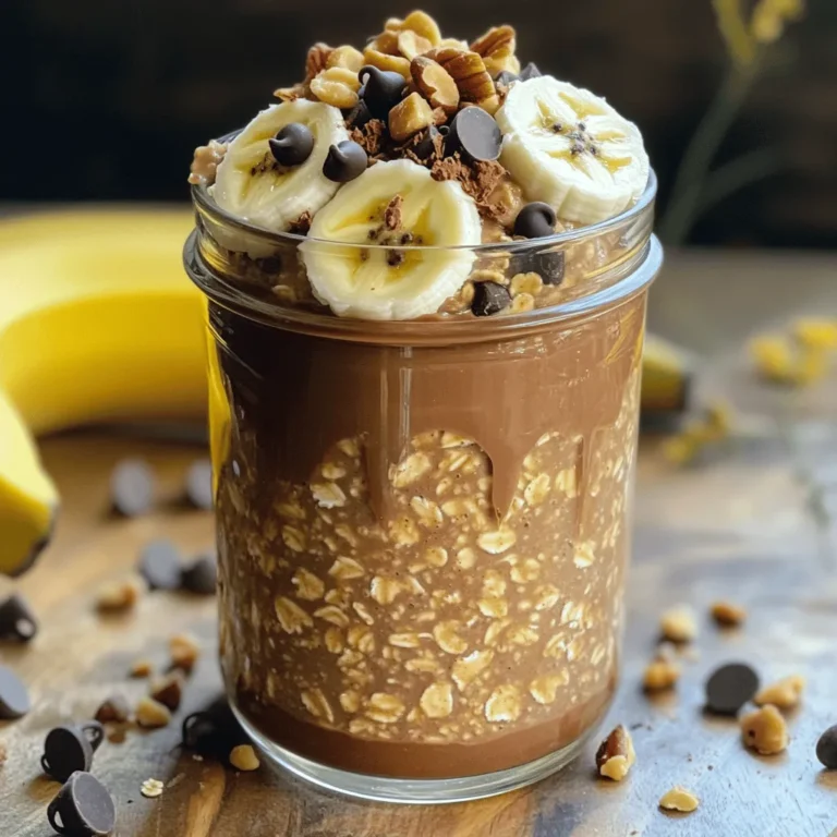 To make Chocolate Peanut Butter Overnight Oats, gather these simple ingredients: - 1/2 cup rolled oats - 1 cup unsweetened almond milk (or any milk of your choice) - 2 tablespoons natural peanut butter - 1 tablespoon cocoa powder - 1 tablespoon maple syrup (or honey) - 1/2 teaspoon vanilla extract - A pinch of salt - Optional toppings: sliced bananas, chopped nuts, chocolate chips, or shredded coconut These items create a creamy, rich, and satisfying breakfast. You can swap some ingredients to fit your taste or needs. Here are a few ideas: - Use Greek yogurt instead of almond milk for extra protein. - Try sunflower seed butter if you have a nut allergy. - Replace maple syrup with agave nectar for a different sweetness. - Use oat milk for a creamier texture if you want a dairy-free option. Feel free to get creative with your swaps! This delightful breakfast is not just tasty but also healthy. Here’s a rough breakdown of the nutritional values per serving: - Calories: 350-400 - Protein: 10-12 grams - Fiber: 6-8 grams - Sugars: 10-12 grams (depending on sweetener) These oats provide energy and keep you full. They are perfect for busy mornings. For the full recipe, check out the Choco-Peanut Dream Oats 🥜 section. Start by gathering your ingredients. You will need rolled oats, almond milk, peanut butter, cocoa powder, maple syrup, vanilla extract, and a pinch of salt. I always find it easier to measure everything before I start. This helps keep the process smooth and fun. In a medium bowl, mix the rolled oats, cocoa powder, and salt. Make sure to stir well. This helps evenly spread the cocoa flavor. In another bowl, whisk together the almond milk, peanut butter, maple syrup, and vanilla extract. Mix until it’s smooth. Pour this wet mixture into the dry oats. Stir gently. You want all the oats to be coated. Now, divide the mixture into two jars or containers. Seal them tight with lids. Place them in the fridge overnight or for at least four hours. This step is key! It lets the oats soak up the liquid and get creamy. In the morning, give them a good stir. If you like them thinner, just add a splash of almond milk. Enjoy with your favorite toppings from the Full Recipe, like sliced bananas or chocolate chips! To get the best texture, use rolled oats. They soak up the liquid well. If you prefer creamier oats, add a little more milk. Stir the oats well before refrigerating. This helps mix everything evenly. The longer they sit, the creamier they become. Aim for at least four hours in the fridge. One common mistake is using quick oats. They can turn mushy and lose texture. Another mistake is not mixing the dry and wet ingredients well. This can lead to clumps of cocoa powder or peanut butter. Make sure to measure each ingredient carefully. Too much liquid can make your oats soupy. Use jars or containers with tight lids. Mason jars work great for this recipe. They keep the oats fresh and easy to transport. If you plan to make a batch, choose larger containers. Make sure they are microwave-safe if you want to warm them up. For best results, store your oats in the fridge. For the full recipe, check out the [Full Recipe]. {{image_2}} You can customize your chocolate peanut butter overnight oats in fun ways. Add different flavors to keep things exciting. Try mixing in a scoop of protein powder for an extra boost. You can also swap cocoa powder for carob powder for a unique taste. Add-ins like cinnamon or nutmeg can give warmth. If you want crunch, toss in some chopped nuts or seeds. For sweetness, add a splash of maple syrup or honey. Seasonal fruits can brighten your oats. In the spring and summer, use fresh berries like strawberries or blueberries. In the fall, chopped apples or pears work great. Winter is perfect for adding pomegranate seeds or citrus slices. You can use whatever is fresh and in season. It not only tastes good but is also better for the planet. This recipe is easy to adapt for various diets. If you want it vegan, just use maple syrup instead of honey. You can also choose almond milk or oat milk for a dairy-free option. For gluten-free eaters, make sure to use certified gluten-free oats. These small tweaks help everyone enjoy this yummy breakfast. Check the full recipe to see how easy it is to make these changes. Chocolate peanut butter overnight oats can last in the fridge for up to 5 days. This makes them perfect for meal prep. Just make sure to keep them in airtight containers. If you don’t finish them in that time, they may lose their taste and texture. Store your oats in clean jars or containers. Use lids that fit tightly. This keeps the oats fresh and prevents them from absorbing other smells in your fridge. Before you eat, give them a stir. If they seem dry, add a bit of almond milk for creaminess. You can freeze chocolate peanut butter overnight oats if you want to make them last longer. Portion the oats into freezer-safe containers. When you're ready to enjoy, thaw them in the fridge overnight. You can also heat them up in the microwave. Just remember, freezing may change the texture a bit, but the taste will still be great. For the best results, eat them within 3 months. For the full recipe, check out Choco-Peanut Dream Oats. Yes, you can prepare these overnight oats ahead of time. I often make a few jars for the week. Just keep them in the fridge. They stay fresh for up to five days. If you want a change, try almond butter or sunflower seed butter. Both work well and add great flavor. You can even use tahini for a nut-free option. Cocoa powder gives a rich chocolate taste but is not a must. You can skip it if you prefer. Try adding extra fruit or spices for flavor without cocoa. To cut down on sugar, use less maple syrup or honey. You can also skip the sweetener altogether if you like it less sweet. Adding ripe bananas can add natural sweetness too. Yes, you can use instant oats. They will absorb liquid faster, so check the texture in the morning. Instant oats may be creamier but can be less chewy than rolled oats. This post covered how to make tasty overnight oats. We discussed essential ingredients, preparation steps, and tips for perfect texture. We also explored flavor variations, seasonal options, and dietary changes. You learned the best storage methods to keep your oats fresh and answers to common questions. Remember, making overnight oats is easy and fun. Experiment with new flavors and enjoy your healthy breakfasts!