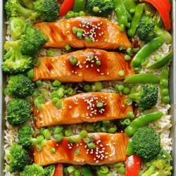 - 4 salmon fillets - 1 cup teriyaki sauce (store-bought or homemade) - 1 tablespoon sesame oil - 2 cups broccoli florets - 1 cup snap peas - 1 red bell pepper, sliced - 2 green onions, chopped - 1 tablespoon sesame seeds - Cooked jasmine rice (for serving) When I cook this dish, I love using fresh ingredients. They make the meal taste amazing. Salmon fillets are the star, providing a rich flavor. Teriyaki sauce gives a sweet and savory touch. Sesame oil adds a nice nuttiness that ties everything together. For the veggies, I choose broccoli florets, snap peas, and red bell pepper. They add color and crunch. Green onions and sesame seeds are perfect garnishes, bringing a pop of taste. - Alternatives for Salmon: If you want to switch things up, you can use chicken or tofu. Both options will soak up the teriyaki sauce well. - Homemade vs. Store-Bought Teriyaki Sauce: I often use store-bought sauce for ease. But, homemade sauce is fun to make and can taste fresher. Just mix soy sauce, honey, garlic, and ginger. - Other Vegetable Options: Feel free to swap in your favorite veggies. Zucchini, carrots, or bell pepper can work great. The key is to use what you love. For the full recipe, check out [Full Recipe]. Enjoy making this dish! First, preheat your oven to 400°F (200°C). This temperature cooks the salmon perfectly. While the oven heats, grab a large rimmed baking sheet. Line it with parchment paper. This makes cleanup a breeze and keeps food from sticking. Now, let’s get to the fun part! Take the salmon fillets and place them on one side of the baking sheet. In a bowl, mix the teriyaki sauce with sesame oil. Brush this sauce on each salmon fillet. Make sure to coat them well for great flavor. Next, let’s prepare the veggies. In another bowl, toss the broccoli, snap peas, and sliced red bell pepper. Use the remaining teriyaki sauce to coat the vegetables evenly. Once mixed, spread the veggies on the baking sheet next to the salmon. Make sure they are not crowded. This helps them cook evenly. It’s time to bake! Slide the baking sheet into your preheated oven. Bake for about 12 to 15 minutes. The salmon is done when it flakes easily with a fork. The vegetables should be tender but still crisp. Keep an eye on your meal as it cooks. You want to see that beautiful caramelization on the salmon. When it looks ready, carefully take the sheet pan out of the oven. Let it rest for a few minutes. Drizzle the reserved teriyaki sauce over everything for added flavor. For the final touch, sprinkle chopped green onions and sesame seeds on top. This adds a nice crunch and a pop of color. Enjoy your colorful and tasty sheet pan teriyaki salmon! For the complete recipe, check out the Full Recipe link above. - Ensuring Moist Salmon To keep your salmon moist, avoid overcooking. Bake at 400°F for 12-15 minutes. The salmon should flake easily when done. Brush it with teriyaki sauce before baking to seal in flavor and moisture. - Keeping Vegetables Crisp For crisp vegetables, spread them evenly on the baking sheet. Don't overcrowd them. Baking at high heat helps keep their texture. Check for doneness; they should be tender but still have a crunch. - Pairing with Jasmine Rice Serve your teriyaki salmon over a bed of jasmine rice. The rice absorbs the sauce and adds a nice base to the dish. Cook the rice according to package instructions for the best results. - Garnishing Ideas Garnish with chopped green onions and sesame seeds. This adds color and a fresh touch. You can also add a slice of lime for a zesty kick. - Adding Spices For extra flavor, consider adding spices such as garlic powder or ginger. A pinch of red pepper flakes can add a nice heat. Mix them into the teriyaki sauce for an easy boost. - Using Fresh Herbs Fresh herbs like cilantro or basil can brighten the dish. Chop and sprinkle them on top just before serving. This adds freshness and elevates the overall flavor. For the Full Recipe, check out the detailed steps and ingredients. {{image_2}} You can easily swap salmon for chicken. Use chicken breasts or thighs. The cooking time may change. Bake chicken for about 20-25 minutes. Check if it reaches 165°F (75°C) for safety. For vegan options, use tofu instead of salmon. Firm tofu works best. Press it to remove extra water, then marinate it in teriyaki sauce. Bake the tofu for about 20 minutes. This gives you a delicious, plant-based meal. Want some heat? Add red pepper flakes to your teriyaki sauce. You can also mix in fresh ginger for an extra kick. This sweet and spicy twist makes the dish exciting. If you want more sauce ideas, try hoisin or sweet chili sauce. These can add depth to your meal. You can also make a garlic-soy sauce blend for a savory option. In spring, use asparagus and snap peas. These bright vegetables add color and flavor. They cook quickly and pair well with teriyaki. In fall, consider adding butternut squash and Brussels sprouts. These heartier vegetables bring warmth to your dish. Just chop them into bite-sized pieces and bake as usual. For the Full Recipe, check the main article. To store your leftover teriyaki salmon, use airtight containers. Glass or plastic containers work well. Make sure they are clean and dry before adding food. Cool the dish to room temperature before sealing. Place the salmon and vegetables in the container together for best flavor. - Recommended Containers: Glass or BPA-free plastic containers. - Best Practices for Refrigeration: Store in the fridge for up to three days. You can reheat your salmon in the oven or microwave. Each method has its perks. The oven keeps the salmon moist and adds a little crispness. The microwave is quicker but may make the salmon soggy. - Oven vs. Microwave Reheating: Preheat the oven to 350°F (175°C). Place salmon on a baking sheet. Heat for about 10 minutes. For the microwave, place salmon in a microwave-safe dish. Heat for 1-2 minutes, checking often. - Tips for Maintaining Texture: Cover the salmon with a damp paper towel in the microwave to keep it moist. If you want to save some salmon for later, freezing works great. This dish freezes well if you store it properly. - How to Freeze the Dish: Allow the salmon and veggies to cool completely. Then, wrap them tightly in plastic wrap or place them in freezer bags. Squeeze out as much air as possible. Label the bags with the date. - Thawing and Cooking Tips: To thaw, place the bag in the fridge overnight. For cooking, reheat from frozen in the oven at 350°F (175°C) for 20-25 minutes, or until warmed through. For the full recipe, check the details above! Bake teriyaki salmon for 12-15 minutes at 400°F (200°C). The salmon is done when it flakes easily with a fork. Timing may vary based on thickness. Always check the center for doneness. This quick cooking makes it easy to enjoy a delicious meal on busy nights. Yes, you can use frozen salmon. Just adjust your cooking time. Bake it for about 15-20 minutes instead of 12-15 minutes. If possible, thaw the salmon in the fridge overnight for best results. If you're in a hurry, you can cook it from frozen. Just remember to check if it’s fully cooked before serving. Pair teriyaki salmon with jasmine rice for a complete meal. The rice soaks up the delicious sauce. You can also serve it with steamed vegetables, like broccoli and snap peas. A light salad or pickled veggies also works well. These sides add color and nutrition to your plate. This blog post covered how to make delicious teriyaki salmon with fresh veggies. You learned about essential ingredients, including salmon, teriyaki sauce, and different vegetables. I shared step-by-step baking instructions to ensure perfect results. You also found tips for enhancing flavor and storing leftovers. In conclusion, making teriyaki salmon is simple and rewarding. With easy swaps and variations, anyone can enjoy this tasty dish. Let your creativity shine in the kitchen!