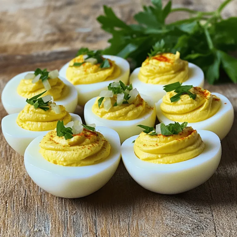 To make classic deviled eggs, gather these key items: - 6 large eggs - 3 tablespoons mayonnaise - 1 teaspoon Dijon mustard - 1 teaspoon apple cider vinegar - Salt and pepper to taste - 1 teaspoon smoked paprika - 2 green onions, finely chopped - Fresh parsley, for garnish These ingredients create a creamy filling with a hint of tang. The eggs provide the base, while mayonnaise adds richness. Dijon mustard gives a slight bite, and apple cider vinegar brightens the flavor. Don’t forget salt and pepper for seasoning. Smoked paprika adds a lovely color and a hint of smoke. You can enhance your deviled eggs with these fun toppings: - Chopped herbs like dill or chives - Crumbled bacon for crunch - A sprinkle of cayenne for heat - Olive slices for a briny touch These garnishes can add extra flavor and make your dish stand out. Try different combinations to find your favorite! To make this recipe easier, use these tools: - Medium saucepan for boiling eggs - Bowl for ice water - Mixing bowl for the yolk filling - Spoon or piping bag for filling eggs - Knife for slicing eggs These tools help you prepare the eggs and fill them neatly. A piping bag can create a fancy look for your deviled eggs. For the full recipe, refer to the Eggcellent Deviled Eggs 🥚 section above. Start by placing the eggs in a medium saucepan. Cover them with cold water. Make sure the water is about an inch above the eggs. Heat the pot on medium-high until the water boils. Once it boils, cover the pot and take it off the heat. Let the eggs sit for 12 minutes. This helps to cook them perfectly. After 12 minutes, move the eggs to a bowl of ice water. Let them cool for about 5 minutes. This step makes peeling easier. Now it’s time to make the filling. Carefully peel the cooled eggs under running water. This helps remove the shells easily. Slice each egg in half lengthwise. Scoop the yolks into a mixing bowl. Add 3 tablespoons of mayonnaise, 1 teaspoon of Dijon mustard, 1 teaspoon of apple cider vinegar, and season with salt and pepper. Mix everything well. You want it to be smooth and creamy. Add half of the smoked paprika for extra flavor. Next, let’s fill the eggs. Spoon or pipe the yolk mixture back into the egg white halves. Take your time; make them look nice. Sprinkle the remaining smoked paprika on top for color. Then add the chopped green onions. They give a nice crunch and flavor. Finally, garnish with fresh parsley. Your classic deviled eggs are now ready to impress! For the full recipe, check out the details above. To make great deviled eggs, start with perfect hard-boiled eggs. First, place the eggs in a pot. Cover them with cold water, about an inch above the eggs. Bring the water to a boil over medium-high heat. Once it bubbles, cover the pot and take it off the heat. Let the eggs sit for 12 minutes. The heat cooks them gently. This method helps avoid a green ring around the yolk. Peeling eggs can be a challenge. After the eggs sit in hot water, move them to a bowl of ice water. Let them cool for about 5 minutes. This step helps the shells come off easily. When you peel the eggs, do it under running water. The water helps loosen the shell. If a piece sticks, just run a little more water on it. Mixing the yolk filling is key to delicious deviled eggs. After you peel and cut the eggs, put the yolks in a bowl. Add mayonnaise, Dijon mustard, apple cider vinegar, salt, and pepper. Use a fork to mash the yolks until smooth. This makes the filling creamy and tasty. For filling, you can use a spoon or a piping bag. Piping gives a nice look. Top with smoked paprika and green onions for added flavor. Follow the Full Recipe for more details. {{image_2}} If you like heat, try spicy deviled eggs. Add chopped jalapeños or hot sauce to the yolk mix. This gives a nice kick. You can also sprinkle cayenne pepper on top. These spices will make your deviled eggs stand out. For a creamy twist, use avocado. Replace some mayonnaise with mashed avocado. This adds a rich flavor and a green hue. You can also add lime juice for zest. Serve these with a sprinkle of salt. They are fresh and tasty! Want to impress guests? Use truffle oil! Mix a few drops in with the yolks. This gives a luxurious flavor. Top with capers or caviar for a gourmet touch. These fancy eggs will bring elegance to any table. Each of these variations adds a new layer of flavor to the classic recipe. You can find the full recipe for the base here: [Full Recipe]. Enjoy experimenting! To keep your deviled eggs fresh, place them in an airtight container. Use a container that fits them snugly. This keeps them from drying out. You can also cover the eggs with plastic wrap. If you don't have a container, try using a plate with plastic wrap. Store them in the fridge for up to three days. You can make deviled eggs ahead of time. Prepare the eggs and filling separately. Store the filling in a piping bag or an airtight container. You can assemble them on the day you plan to serve. This helps keep the egg whites fresh. Check your deviled eggs before eating. If they look dry or smell bad, it’s time to toss them. A change in color or texture is also a bad sign. If you see any mold, do not eat them. Always trust your senses. When in doubt, throw them out. Yes, you can use many types of mustard. Dijon adds a smooth taste, but yellow mustard gives a classic flavor. You can also try spicy brown mustard for extra kick. Each type of mustard brings its own flair to the filling. Feel free to mix and match to find your favorite. Deviled eggs last about 3 to 4 days in the fridge. Store them in an airtight container to keep them fresh. If you make them ahead, cover them well. You want to avoid any smells from the fridge. Always check for any changes in smell or texture before serving. To transport deviled eggs, use a sturdy container with a lid. An egg carrier works perfectly. If you don’t have one, a regular container with a paper towel can help. Place the eggs carefully, so they don’t tip over. Try to keep them cool, especially on warm days. Deviled eggs are simple and fun to make. We explored the key ingredients, tools, and step-by-step instructions. You learned tips for boiling eggs and mixing the filling perfectly. Plus, you can try tasty variations like spicy or avocado deviled eggs. Finally, we covered how to store leftovers to keep them fresh. Remember, making deviled eggs can be easy and enjoyable. Now, go impress your friends with your skills!
