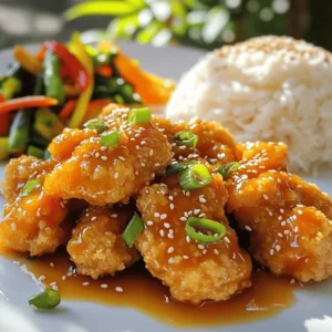 - Chicken thighs (boneless and skinless) - Freshly squeezed orange juice - Soy sauce and honey For this dish, I love using chicken thighs. They stay juicy and tender. The freshly squeezed orange juice brings a bright flavor. I recommend only using fresh juice for the best taste. Soy sauce and honey join forces for a sweet and salty base that makes every bite delightful. - All-purpose flour - Eggs and panko breadcrumbs Coating the chicken is key for a crispy texture. I use all-purpose flour to help the egg stick. Then, I dip the chicken in beaten eggs, which adds moisture. Finally, panko breadcrumbs give that extra crunch. They make the chicken even more enjoyable. - Garlic and ginger - Cornstarch for thickening - Sesame oil and red pepper flakes The sauce is where the magic happens. I start with minced garlic and grated ginger for depth and warmth. Cornstarch helps to thicken the sauce. This gives it that sticky texture we all crave. I add sesame oil for a nutty flavor and red pepper flakes for a hint of heat. You can adjust the spice level based on your taste. For the complete recipe, check the [Full Recipe]. To make the Sticky Orange Chicken, first, you need to prep the chicken. Start by cutting the chicken thighs into bite-sized pieces. Next, set up a breading station. Use three bowls: one for flour, one for beaten eggs, and one for panko breadcrumbs. First, coat the chicken in flour. Then, dip each piece in the egg. Finally, roll the chicken in panko. This gives it a nice crunch. For an even coating, make sure each piece is fully covered. Shake off any excess flour before dipping into the egg. This helps the breadcrumbs stick better. If you want extra crunch, you can double dip the chicken in eggs and panko. Now, it’s time to fry the chicken. Heat vegetable oil in a large pan over medium-high heat. You want enough oil to cover the bottom of the pan. Once the oil is hot, add the chicken in batches. Fry each batch for about 5 to 7 minutes. Look for a golden brown color. The chicken should be cooked all the way through. Use a meat thermometer if you have one; the internal temperature should reach 165°F. Once the chicken is done, remove it from the pan. Place it on paper towels to drain the excess oil. This keeps it crispy. While the chicken cools, let’s make the sauce. In a separate bowl, combine the orange juice, soy sauce, honey, minced garlic, grated ginger, cornstarch, sesame oil, and red pepper flakes. Whisk until everything mixes well. This step is key for a smooth sauce. To ensure a smooth mixture, add the cornstarch last. This prevents clumps. If you find lumps, whisk harder or use a blender for a quick fix. Pour the sauce into the same pan you used for the chicken. Heat it over medium heat. Stir it constantly until it thickens, which takes about 3 to 5 minutes. You’ll know it’s ready when it coats the back of a spoon. Once thickened, add the fried chicken back to the pan. Toss the chicken gently in the sauce. Make sure every piece is coated well. Cook for another 2 minutes to heat everything through. For a beautiful presentation, serve the Sticky Orange Chicken over steamed rice. You can also add stir-fried vegetables for color and crunch. Drizzle extra sauce over the top. Garnish with sliced green onions and a sprinkle of sesame seeds. For a fun touch, add orange slices on the side. This adds a burst of color and flavor. Enjoy your tasty creation! To make your chicken crispy, follow these steps: - Coat Well: Make sure you coat the chicken in flour first. This helps the egg and breadcrumbs stick better. - Heat the Oil: Use enough oil in the pan and let it get hot. This step is key for crispiness. - Fry in Batches: Cook the chicken in small batches. This prevents overcrowding, helping them fry evenly. If you like spice, adjust the red pepper flakes. Start with a little. You can always add more later if you want extra heat. Want to boost the citrus taste? Add more orange juice or zest. This step brightens the dish and makes it more flavorful. You can also try adding lime juice for a twist. Feeling adventurous? Experiment with spices like garlic powder or paprika. Each one adds a unique flavor that can change your dish. For a nice finish, use sliced green onions and sesame seeds on top. These add color and crunch to your meal. When serving, place the Sticky Orange Chicken over steamed rice. This pairs well and soaks up the sauce. You can also serve it with stir-fried vegetables for a complete meal. For extra flair, drizzle some sauce over the top and add orange slices. This makes your dish look even more appealing. {{image_2}} You can make Sticky Orange Chicken a bit healthier. Try baking instead of frying. This cuts down on oil. Bake the coated chicken pieces at 400°F for about 20 minutes. Flip them halfway for even cooking. You can also swap soy sauce for coconut aminos. This makes it gluten-free and lower in sodium. Instead of honey, use maple syrup for a different sweet taste. To change the flavor, try adding different fruit juices. Pineapple or mango juice can give a fun twist. You can mix orange juice with these juices for depth. Incorporating more vegetables is another great idea. Bell peppers, broccoli, and snap peas add color and nutrition. Toss them in with the chicken when you cook the sauce. If you need gluten-free options, use gluten-free flour for coating. Make sure your soy sauce is labeled gluten-free, too. For a low-sodium version, choose low-sodium soy sauce. You can also reduce the amount of soy sauce in the recipe. This way, you keep the flavor while cutting back on salt. For more ideas, be sure to check the full recipe! To store leftovers, let the Sticky Orange Chicken cool first. Place it in an airtight container. This keeps it fresh and tasty. You can store it in the fridge for up to three days. When reheating, I recommend using the stove. Heat a pan over medium heat and add a splash of water. This helps keep the chicken moist. Stir it often until it's heated through. Yes, you can freeze Sticky Orange Chicken! Just make sure it’s fully cooled before freezing. Use a freezer-safe container or a heavy-duty freezer bag. It will last up to three months. When you're ready to enjoy it again, move it to the fridge overnight to thaw. To reheat, place the chicken in a pan over low heat. Stir it often to ensure it warms evenly. This way, your chicken stays juicy and flavorful. It takes about 15 minutes to prep and 30 minutes to cook. So, you can have this dish ready in just 45 minutes. This includes time for coating the chicken, frying it, and making the sauce. Yes, you can use chicken breasts. They are leaner and cook faster. However, chicken thighs stay moist and have more flavor. If you like juicy chicken, stick with thighs. You can serve this dish with steamed rice or fried rice. Stir-fried veggies also make a great side. For a fresh touch, add a salad. Orange slices add color and flavor too! Yes, you can make it ahead. Cook the chicken and sauce, then store them separately in the fridge. Reheat when you are ready to eat. This keeps the chicken crispy. The best way to reheat is in a pan on low heat. Add a splash of water to keep it moist. Stir gently to warm it through without losing crispiness. You can also use an oven for even heating. Check out the [Full Recipe](#) for detailed steps and tips on making this tasty dish! You learned how to make Sticky Orange Chicken with easy steps. We covered ingredients, coating, frying, and sauce making. Tips for cooking and serving make your dish shine. Remember, you can adjust the flavors to suit your taste. Explore variations for healthier and dietary needs, and store leftovers properly. With these insights, you can create a dish that brings joy to your table. Enjoy cooking and experimenting with flavors!