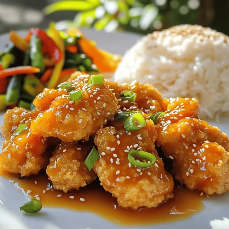 - Chicken thighs (boneless and skinless) - Freshly squeezed orange juice - Soy sauce and honey For this dish, I love using chicken thighs. They stay juicy and tender. The freshly squeezed orange juice brings a bright flavor. I recommend only using fresh juice for the best taste. Soy sauce and honey join forces for a sweet and salty base that makes every bite delightful. - All-purpose flour - Eggs and panko breadcrumbs Coating the chicken is key for a crispy texture. I use all-purpose flour to help the egg stick. Then, I dip the chicken in beaten eggs, which adds moisture. Finally, panko breadcrumbs give that extra crunch. They make the chicken even more enjoyable. - Garlic and ginger - Cornstarch for thickening - Sesame oil and red pepper flakes The sauce is where the magic happens. I start with minced garlic and grated ginger for depth and warmth. Cornstarch helps to thicken the sauce. This gives it that sticky texture we all crave. I add sesame oil for a nutty flavor and red pepper flakes for a hint of heat. You can adjust the spice level based on your taste. For the complete recipe, check the [Full Recipe]. To make the Sticky Orange Chicken, first, you need to prep the chicken. Start by cutting the chicken thighs into bite-sized pieces. Next, set up a breading station. Use three bowls: one for flour, one for beaten eggs, and one for panko breadcrumbs. First, coat the chicken in flour. Then, dip each piece in the egg. Finally, roll the chicken in panko. This gives it a nice crunch. For an even coating, make sure each piece is fully covered. Shake off any excess flour before dipping into the egg. This helps the breadcrumbs stick better. If you want extra crunch, you can double dip the chicken in eggs and panko. Now, it’s time to fry the chicken. Heat vegetable oil in a large pan over medium-high heat. You want enough oil to cover the bottom of the pan. Once the oil is hot, add the chicken in batches. Fry each batch for about 5 to 7 minutes. Look for a golden brown color. The chicken should be cooked all the way through. Use a meat thermometer if you have one; the internal temperature should reach 165°F. Once the chicken is done, remove it from the pan. Place it on paper towels to drain the excess oil. This keeps it crispy. While the chicken cools, let’s make the sauce. In a separate bowl, combine the orange juice, soy sauce, honey, minced garlic, grated ginger, cornstarch, sesame oil, and red pepper flakes. Whisk until everything mixes well. This step is key for a smooth sauce. To ensure a smooth mixture, add the cornstarch last. This prevents clumps. If you find lumps, whisk harder or use a blender for a quick fix. Pour the sauce into the same pan you used for the chicken. Heat it over medium heat. Stir it constantly until it thickens, which takes about 3 to 5 minutes. You’ll know it’s ready when it coats the back of a spoon. Once thickened, add the fried chicken back to the pan. Toss the chicken gently in the sauce. Make sure every piece is coated well. Cook for another 2 minutes to heat everything through. For a beautiful presentation, serve the Sticky Orange Chicken over steamed rice. You can also add stir-fried vegetables for color and crunch. Drizzle extra sauce over the top. Garnish with sliced green onions and a sprinkle of sesame seeds. For a fun touch, add orange slices on the side. This adds a burst of color and flavor. Enjoy your tasty creation! To make your chicken crispy, follow these steps: - Coat Well: Make sure you coat the chicken in flour first. This helps the egg and breadcrumbs stick better. - Heat the Oil: Use enough oil in the pan and let it get hot. This step is key for crispiness. - Fry in Batches: Cook the chicken in small batches. This prevents overcrowding, helping them fry evenly. If you like spice, adjust the red pepper flakes. Start with a little. You can always add more later if you want extra heat. Want to boost the citrus taste? Add more orange juice or zest. This step brightens the dish and makes it more flavorful. You can also try adding lime juice for a twist. Feeling adventurous? Experiment with spices like garlic powder or paprika. Each one adds a unique flavor that can change your dish. For a nice finish, use sliced green onions and sesame seeds on top. These add color and crunch to your meal. When serving, place the Sticky Orange Chicken over steamed rice. This pairs well and soaks up the sauce. You can also serve it with stir-fried vegetables for a complete meal. For extra flair, drizzle some sauce over the top and add orange slices. This makes your dish look even more appealing. {{image_2}} You can make Sticky Orange Chicken a bit healthier. Try baking instead of frying. This cuts down on oil. Bake the coated chicken pieces at 400°F for about 20 minutes. Flip them halfway for even cooking. You can also swap soy sauce for coconut aminos. This makes it gluten-free and lower in sodium. Instead of honey, use maple syrup for a different sweet taste. To change the flavor, try adding different fruit juices. Pineapple or mango juice can give a fun twist. You can mix orange juice with these juices for depth. Incorporating more vegetables is another great idea. Bell peppers, broccoli, and snap peas add color and nutrition. Toss them in with the chicken when you cook the sauce. If you need gluten-free options, use gluten-free flour for coating. Make sure your soy sauce is labeled gluten-free, too. For a low-sodium version, choose low-sodium soy sauce. You can also reduce the amount of soy sauce in the recipe. This way, you keep the flavor while cutting back on salt. For more ideas, be sure to check the full recipe! To store leftovers, let the Sticky Orange Chicken cool first. Place it in an airtight container. This keeps it fresh and tasty. You can store it in the fridge for up to three days. When reheating, I recommend using the stove. Heat a pan over medium heat and add a splash of water. This helps keep the chicken moist. Stir it often until it's heated through. Yes, you can freeze Sticky Orange Chicken! Just make sure it’s fully cooled before freezing. Use a freezer-safe container or a heavy-duty freezer bag. It will last up to three months. When you're ready to enjoy it again, move it to the fridge overnight to thaw. To reheat, place the chicken in a pan over low heat. Stir it often to ensure it warms evenly. This way, your chicken stays juicy and flavorful. It takes about 15 minutes to prep and 30 minutes to cook. So, you can have this dish ready in just 45 minutes. This includes time for coating the chicken, frying it, and making the sauce. Yes, you can use chicken breasts. They are leaner and cook faster. However, chicken thighs stay moist and have more flavor. If you like juicy chicken, stick with thighs. You can serve this dish with steamed rice or fried rice. Stir-fried veggies also make a great side. For a fresh touch, add a salad. Orange slices add color and flavor too! Yes, you can make it ahead. Cook the chicken and sauce, then store them separately in the fridge. Reheat when you are ready to eat. This keeps the chicken crispy. The best way to reheat is in a pan on low heat. Add a splash of water to keep it moist. Stir gently to warm it through without losing crispiness. You can also use an oven for even heating. Check out the [Full Recipe](#) for detailed steps and tips on making this tasty dish! You learned how to make Sticky Orange Chicken with easy steps. We covered ingredients, coating, frying, and sauce making. Tips for cooking and serving make your dish shine. Remember, you can adjust the flavors to suit your taste. Explore variations for healthier and dietary needs, and store leftovers properly. With these insights, you can create a dish that brings joy to your table. Enjoy cooking and experimenting with flavors!