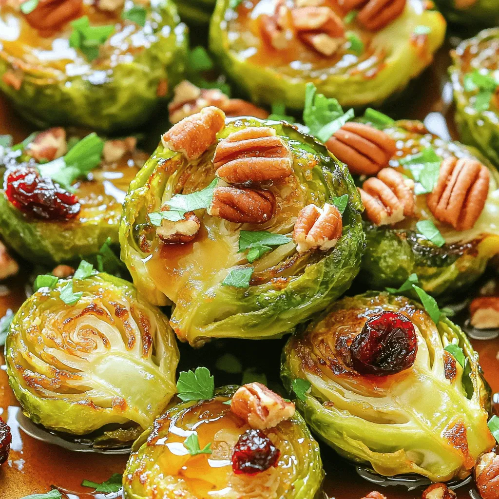 To make maple roasted Brussels sprouts, you need a few simple items. This dish shines with fresh, quality ingredients. Here’s what you’ll need: - 1 lb Brussels sprouts, trimmed and halved - 3 tablespoons pure maple syrup - 2 tablespoons olive oil - 1 teaspoon garlic powder - 1 teaspoon onion powder - Salt and pepper to taste - Optional ingredients for added flavor - 1/4 cup pecans, roughly chopped - 1/4 cup dried cranberries - Fresh parsley for garnish Each ingredient plays a role in creating a blend of sweet and savory flavors. The maple syrup gives a nice sweetness, while garlic and onion powder add depth. You can add pecans or cranberries for extra crunch and flavor. This recipe is easy and fun to prepare. The Full Recipe guides you through every step. 1. Preheat your oven to 400°F (200°C). This ensures even cooking. 2. Take 1 pound of Brussels sprouts. Trim the ends and cut them in half. 3. In a large bowl, mix the halved Brussels sprouts with: - 3 tablespoons pure maple syrup - 2 tablespoons olive oil - 1 teaspoon garlic powder - 1 teaspoon onion powder - Salt and pepper to taste 4. Toss everything until the sprouts are nicely coated. 1. Spread the Brussels sprouts on a baking sheet lined with parchment paper. Keep them in a single layer for even roasting. 2. Roast in the oven for 20 to 25 minutes. Toss them halfway through to ensure they cook evenly. 3. In the last 5 minutes of roasting, sprinkle 1/4 cup of chopped pecans over the sprouts. This adds a nice crunch. 1. Once done, take the baking sheet out of the oven and mix in 1/4 cup of dried cranberries. They add a sweet touch. 2. Finally, garnish your dish with fresh parsley before serving. This adds color and flavor. For the complete method, check the Full Recipe. To get maple roasted Brussels sprouts just right, set your oven to 400°F (200°C). This temperature helps the sprouts caramelize and become crispy. Roast them for 20 to 25 minutes. Halfway through, give them a good toss. This ensures even cooking. For the best flavor, mix your maple syrup and spices well. Coat each sprout evenly. This keeps every bite tasty and sweet. Maple roasted Brussels sprouts shine as a side dish. They pair well with chicken, pork, or fish. You can also serve them on a bed of greens. Add some cheese for a tasty twist. For a festive touch, sprinkle pomegranate seeds on top. They add color and a burst of flavor. Use them as a topping for grain bowls or salads too! Want to take the flavor up a notch? Try adding bacon for a savory crunch. You could also sprinkle in some chili flakes for heat. Fresh herbs like thyme or rosemary can brighten the dish. If you prefer a sweeter taste, add more maple syrup. For extra texture, mix in chopped nuts or seeds. This adds crunch and makes each bite more exciting. {{image_2}} You can switch up the sweetness in this dish. Instead of maple syrup, try honey or agave syrup. Each adds a different flavor. You can also use brown sugar for a more caramelized taste. For nuts, pecans add great crunch, but walnuts or almonds work well too. If you prefer seeds, sunflower or pumpkin seeds can add a delightful twist. This dish fits well into many diets. It is naturally vegetarian and vegan with easy swaps. Use maple syrup as your sweetener, and olive oil for cooking fat. If you are gluten-free, this recipe is already safe. Just ensure your ingredients are certified gluten-free. Make this dish shine year-round by adding seasonal veggies or fruits. In fall, toss in butternut squash chunks for sweetness. In winter, add slices of apples for a fruity flavor. For holiday meals, try using fresh cranberries instead of dried ones. They add a tart kick that pairs well with maple syrup. For the full recipe, check out the details above. After enjoying your maple roasted Brussels sprouts, store any leftovers in an airtight container. Place them in the fridge within two hours of cooking. This keeps them fresh and safe to eat. When reheating, use a skillet over medium heat. This method helps regain some crispiness. You can also use the oven at 350°F for about 10 minutes. Just make sure they’re heated through without getting soggy. Can you freeze maple roasted Brussels sprouts? Yes, you can! Just make sure they cool completely before freezing. Place them in a freezer-safe bag or container. Remove as much air as possible to prevent freezer burn. When you’re ready to eat, thaw them overnight in the fridge. Reheat in the oven for the best texture. Avoid microwaving as they may become mushy. How long do leftovers last? In the fridge, they stay good for about 3 to 5 days. If frozen, they last for about 2 to 3 months. Watch for signs of spoilage. If you see mold or an off smell, it’s best to discard them. Keeping an eye on your leftovers helps ensure safe and tasty meals. Enjoy your maple roasted Brussels sprouts as long as they are fresh! To make your Brussels sprouts crispy, follow these tips: - Trim and Halve: Start by trimming the ends and halving each sprout. This helps them cook evenly. - Oil and Syrup: Use enough olive oil and maple syrup to coat them well. This adds flavor and helps them crisp. - High Heat: Roast at 400°F (200°C). This high heat browns the sprouts and gives them that crunchy texture. - Single Layer: Spread them out in a single layer on your baking sheet. Crowding leads to steaming, not roasting. - Toss Halfway: Toss them halfway through cooking. This ensures even browning and crispiness. Yes, you can prep Brussels sprouts in advance. Here’s how: - Wash and Trim: Wash and trim them a day ahead. Store in an airtight container in the fridge. - Season Ahead: You can also mix the oil, syrup, and spices in a bowl. Just add them to the sprouts when you’re ready to roast. - Storage Time: It’s best to use them within 24 hours for the best taste and texture. Maple roasted Brussels sprouts pair well with many dishes. Consider these ideas: - Roasted Chicken: The savory flavor of chicken balances the sweetness of the sprouts. - Pork Tenderloin: The rich taste of pork complements the maple syrup nicely. - Quinoa Salad: A fresh quinoa salad adds a healthy and crunchy element. - Mashed Potatoes: Creamy mashed potatoes are a comfort food classic that works great. Yes, you can use frozen Brussels sprouts. Here are some points to consider: - Thaw Before Cooking: Thaw them in the fridge overnight. This helps them cook evenly. - Adjust Cooking Time: Frozen sprouts may need a little extra time in the oven. Check for tenderness. - Texture Difference: They may not get as crispy as fresh ones. But they still taste great. For the full recipe, check out the Maple Roasted Brussels Sprouts 🥦 section above. Maple roasted Brussels sprouts are a delicious and easy dish to make. We covered the key ingredients, step-by-step instructions, and some helpful tips. Remember to adjust flavors and try variations to suit your taste. You can store leftovers in the fridge or even freeze them for later. With this guide, you can enjoy a tasty and healthy side dish anytime. Get creative, and happy cooking!