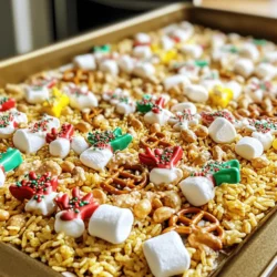 Let’s gather all the fun ingredients for our Reindeer Chow Christmas Snack Mix. Each item adds a special touch to the mix. Here’s what you need: - 4 cups rice cereal (like Chex) - 1 cup pretzel sticks - 1 cup holiday-shaped marshmallows (or regular mini marshmallows) - 1 cup roasted peanuts or mixed nuts - 1 cup white chocolate chips - ½ cup creamy peanut butter - ¼ cup powdered sugar - ½ teaspoon vanilla extract - Christmas sprinkles (for decoration) These ingredients come together to create a sweet and salty treat. The rice cereal gives crunch, while the pretzels add a salty bite. The marshmallows bring sweetness and fun shapes. Nuts add protein and texture. The white chocolate and peanut butter mix makes everything stick together. Finally, the sprinkles make it look festive. You can find the full recipe later in this article. This mix is perfect for holiday parties, gifts, or cozy family nights. Enjoy the process of making it and the smiles it brings! 1. Mixing the dry ingredients Start by taking a large mixing bowl. Add 4 cups of rice cereal, 1 cup of pretzel sticks, 1 cup of holiday-shaped marshmallows, and 1 cup of roasted peanuts. Use a large spoon to gently mix these dry ingredients together. Make sure everything is evenly combined. This gives you a great base for your snack mix. 2. Melting the chocolate and peanut butter Next, grab a microwave-safe bowl. Add 1 cup of white chocolate chips and ½ cup of creamy peanut butter. Heat the bowl in the microwave for 30 seconds. Take it out and stir. Repeat this until the mixture is smooth and melted. This usually takes about 1 to 1.5 minutes. Pay close attention to avoid burning the chocolate. 3. Combining and coating the mixture Once the chocolate mix is ready, pour it over your dry ingredient mix. Use a spatula to fold the chocolate mixture into the cereal mix. Make sure every piece is well-coated. This step is key to getting that yummy flavor in every bite. 4. Cooling and breaking the snack mix After coating, sprinkle ¼ cup of powdered sugar over the mix. Fold again until it’s evenly distributed. Now, transfer your mixture to a large baking sheet lined with parchment paper. Spread it out evenly. If you want, sprinkle some Christmas sprinkles on top for a festive look. Let it cool for about 30 minutes. Once it’s set, break the mix into clusters. Store them in an airtight container to keep them fresh. For the complete recipe, check the Full Recipe. Enjoy making your Reindeer Chow Christmas Snack Mix! - Ensuring even coating: To coat your mix evenly, pour the melted chocolate slowly. Use a spatula to fold the mix gently. This helps every piece get covered without breaking. - Best practices for melting chocolate: Use a microwave-safe bowl. Heat in short bursts, about 30 seconds at a time. Stir well after each burst. This keeps the chocolate from burning and helps it melt smoothly. - Using the right type of chocolate: I recommend using white chocolate chips for sweetness. They melt well and give a nice creamy touch. You can also try dark or milk chocolate for a different flavor. - Creative serving ideas: Serve your Reindeer Chow in clear jars. This shows off the colorful mix and makes it look fun. You can also use festive bowls or plates to add to the holiday cheer. - Festive packaging for gifts: For gifts, pack the mix in cute bags or boxes. Use holiday-themed ribbon to tie them up. This makes for a thoughtful and tasty present for friends and family. {{image_2}} You can easily change up Reindeer Chow with your favorite snacks. Here are some ideas: - Alternative nuts and snacks: Swap out peanuts for almonds or cashews. You can also add pumpkin seeds or sunflower seeds for a crunch. - Different chocolate options: Use dark chocolate instead of white chocolate for a richer taste. You might also try milk chocolate or even a mix for more flavor. Making Reindeer Chow fit your diet is simple. Here’s how: - Making it gluten-free: Use gluten-free rice cereal like Chex. Ensure the pretzel sticks are also gluten-free for a safe treat. - Vegan-friendly alternatives: Replace white chocolate with dairy-free chocolate chips. Use nut butter that is vegan-friendly too. These variations let you enjoy Reindeer Chow just the way you like it. Personalize this festive mix for your next gathering or family snack. For the full recipe, check out the earlier section! To keep your Reindeer Chow fresh, store it in an airtight container. This helps keep the mix crunchy and tasty. A glass jar or plastic container works well. You can also use a resealable plastic bag if you don’t have a container. For the best taste, eat your Reindeer Chow within two weeks. After that, it may lose its crunch and flavor. Always check for any signs of spoilage before eating. When you want to serve your Reindeer Chow, you don’t need to heat it. Just take it out of the container and enjoy. If it feels a bit soft, you can spread it on a baking sheet and warm it in the oven at a low temperature for a few minutes. This can help refresh the crunchiness. If you want to add a little extra fun, toss in some fresh Christmas sprinkles or mini chocolate candies before serving. This makes it look festive and even more delicious! What is Reindeer Chow? Reindeer Chow is a fun snack mix. It combines cereal, pretzels, nuts, and chocolate. This treat has a sweet and salty taste. It’s perfect for sharing during the holidays. How long does Reindeer Chow last? Reindeer Chow can last for about two weeks. Keep it in an airtight container. This will keep it fresh and crunchy. Can I make this recipe ahead of time? Yes, you can make Reindeer Chow ahead of time. It’s great for holiday parties or gifts. Just store it properly to keep it tasty. How can I customize the flavors? You can add different nuts or snacks. Try adding mini chocolate chips or dried fruit. Mix in your favorite flavors for a personal touch. What are the best types of chocolate to use? I recommend using white chocolate for a creamy taste. You can also use dark or milk chocolate. Each type gives a unique flavor to the mix. Can I use different cereals in this recipe? Absolutely! You can use any cereal you like. Cheerios or Fruity Pebbles can add fun flavors and colors. Is it safe for kids to help make Reindeer Chow? Yes, it is safe for kids to help. They can mix the dry ingredients or sprinkle the decorations. It’s a fun way to bond in the kitchen. This blog post covered the fun recipe for Reindeer Chow. You learned about the tasty ingredients like Chex, pretzels, and chocolate. The step-by-step guide made it easy to follow. Tips helped ensure great results, and variations allowed for personal twists. Storage info showed how to keep your snack fresh. My final thought: Reindeer Chow is perfect for sharing during the holidays. Enjoy making it with friends and family, and let your creativity shine!