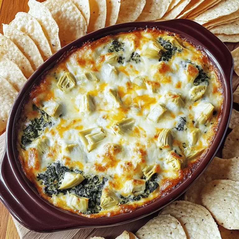 To make Cheesy Spinach Artichoke Dip, gather these simple ingredients: - 1 cup frozen chopped spinach, thawed and drained - 1 cup canned artichoke hearts, drained and chopped - 1 cup cream cheese, softened - 1/2 cup sour cream - 1/2 cup mayonnaise - 1 cup shredded mozzarella cheese - 1/2 cup grated Parmesan cheese - 2 cloves garlic, minced - 1 teaspoon onion powder - 1 teaspoon salt - 1/2 teaspoon black pepper - 1/4 teaspoon red pepper flakes (optional, for a kick) These ingredients come together to create a creamy and flavorful dip. You can tweak your dip with these optional ingredients: - 1/2 cup cooked and crumbled bacon - 1/4 cup chopped green onions - 1/2 teaspoon smoked paprika for a smoky touch - Fresh herbs like parsley or basil for extra flavor These additions can make your dip unique and cater to different tastes. To prepare this dip, you’ll need: - A large mixing bowl - A spatula for mixing - A baking dish for the oven - An oven for baking These tools help you mix and bake your dip with ease. For the full recipe, refer to the sections above. Making Cheesy Spinach Artichoke Dip is simple and fun. You need just a few steps. First, gather all your ingredients. You will need frozen spinach, artichoke hearts, and some creamy ingredients. It's a good idea to have everything ready before you start. 1. Preheat your oven to 375°F (190°C). This is key for a good bake. 2. Mix the creamy base: In a large bowl, combine 1 cup of softened cream cheese, 1/2 cup of sour cream, and 1/2 cup of mayonnaise. Stir until smooth. 3. Add flavor: Mix in 2 minced cloves of garlic, 1 teaspoon of onion powder, 1 teaspoon of salt, 1/2 teaspoon of black pepper, and optional red pepper flakes for heat. This gives the dip a lot of taste. 4. Fold in veggies: Gently add 1 cup of thawed and drained spinach and 1 cup of chopped artichoke hearts. Make sure they spread evenly through the mix. 5. Cheese it up: Stir in 1 cup of shredded mozzarella cheese and 1/2 cup of grated Parmesan cheese. Combine until everything is well mixed. 6. Transfer the mixture: Pour the dip into a baking dish and spread it out evenly. 7. Bake: Put the dish in the oven and bake for 25-30 minutes. Look for the dip to be bubbly and golden on top. 8. Cool slightly: Once baked, take it out and let it cool for a few minutes. Serving it warm makes it even better. Now you have a creamy, cheesy treat ready to enjoy! For the full recipe, check out the complete instructions above. To make sure your dip is creamy and smooth, use softened cream cheese. Blend it well with sour cream and mayonnaise. This mix gives the dip a rich base. Avoid lumps by stirring gently but thoroughly. Fold in the spinach and artichokes last. This helps keep their texture intact. For an even creamier dip, add more cream cheese or sour cream. This dip shines at parties. Serve it warm for the best taste. Pair it with tortilla chips, sliced baguette, or crunchy veggies. Arrange the dippers around a bowl of dip for a fun look. You can also offer pita chips or breadsticks. They add great flavor and texture. Try placing the dip in a bread bowl for a unique touch. A few mistakes can ruin your dip. First, don’t skip draining the spinach and artichokes. Extra moisture can make the dip watery. Second, avoid overmixing. This can break down the ingredients and make the dip less appealing. Lastly, don’t bake it too long. Keep an eye on it. You want it bubbly and golden, not burnt. Check it after 25 minutes to get the perfect finish. {{image_2}} You can make Cheesy Spinach Artichoke Dip healthier! For a low-fat version, use low-fat cream cheese, yogurt, and light mayonnaise. These swaps cut down calories without losing flavor. For a vegan option, try using cashew cream or tofu instead of cream cheese. Use vegan mayonnaise too. This way, everyone can enjoy the dip! Want to spice things up? Add a pinch of cayenne or chili powder for heat. Fresh herbs like basil or dill can bring a bright touch. You can even mix in sun-dried tomatoes or olives for extra flavor. These little changes can make a big difference in taste. You don't have to bake the dip if you don't want to! A slow cooker works great for this dip. Just mix all ingredients in the slow cooker and cook on low for 2-3 hours. Stir occasionally. You can also make it on the stovetop. Cook everything in a pan over medium heat until warm and creamy. Both methods make serving easy and fun! For the full recipe, check the earlier section. After enjoying your Cheesy Spinach Artichoke Dip, store leftovers right away. Place the dip in an airtight container. This keeps it fresh and tasty. You can refrigerate it for up to three days. If you want to enjoy it later, consider freezing. To reheat the dip, you can use the oven or microwave. For the oven, preheat it to 350°F (175°C). Spread the dip in a baking dish and cover it with foil. Heat for about 15-20 minutes. This warms it evenly. If you use a microwave, heat it in short bursts. Stir after each burst until it’s hot. Freezing is a great way to save your dip for later. First, cool the dip completely. Then, scoop it into a freezer-safe container. Seal it tightly. You can freeze the dip for up to two months. When ready to eat, thaw it in the fridge overnight. Reheat it as mentioned before. This dip stays creamy and flavorful, just like the first time! For the full recipe, check the earlier section. Yes, you can make Cheesy Spinach Artichoke Dip ahead. Prepare the dip, cover it, and store it in the fridge. It keeps well for up to two days. When ready to serve, just bake it until hot and bubbly. If you want to skip mayonnaise, use Greek yogurt. It gives a nice tang. You can also use sour cream for a rich taste. Both options keep the dip creamy and delicious. The dip lasts about three to five days in the fridge. Make sure to store it in an airtight container. Always check for any off smells or changes in texture before eating. While the dip is best warm, you can serve it cold. It might be thicker, but it still tastes good. Pair it with crunchy veggies or crackers for a fresh bite. To spice things up, add more red pepper flakes. You can also mix in diced jalapeños or hot sauce. Start with a small amount, and taste as you go. This way, you can control the heat level. For the full recipe, check out the Cheesy Spinach Artichoke Dip section above. Cheesy spinach artichoke dip is a creamy and tasty treat. It works well for parties and gatherings. You only need a few simple ingredients to make this dip. Here’s what you will need: - 1 cup frozen chopped spinach, thawed and drained - 1 cup canned artichoke hearts, drained and chopped - 1 cup cream cheese, softened - 1/2 cup sour cream - 1/2 cup mayonnaise - 1 cup shredded mozzarella cheese - 1/2 cup grated Parmesan cheese - 2 cloves garlic, minced - 1 teaspoon onion powder - 1 teaspoon salt - 1/2 teaspoon black pepper - 1/4 teaspoon red pepper flakes (optional, for a kick) When I make this dip, I enjoy the process of mixing flavors. The cream cheese gives it a rich base. The spinach and artichokes add great texture. The garlic and spices boost the taste. Start by preheating your oven to 375°F (190°C). In a bowl, mix the cream cheese, sour cream, and mayonnaise until smooth. Then add the garlic, onion powder, salt, black pepper, and red pepper flakes. Stir well to blend all the flavors. Next, fold in the chopped spinach and artichokes. Make sure they spread evenly throughout the mix. Finally, add the shredded mozzarella and grated Parmesan cheese. This step adds a cheesy goodness that makes the dip irresistible. Transfer the mixture to a baking dish. Spread it out evenly to ensure even cooking. Bake for 25 to 30 minutes. The dip should be bubbly and golden on top when done. I love serving this dip warm. You can pair it with tortilla chips, sliced baguette, or fresh veggies. It always disappears quickly at gatherings! For the full recipe, check out the Cheesy Spinach Artichoke Dip . Now you have all the steps to make Cheesy Spinach Artichoke Dip. You learned about the key and optional ingredients, tools, and cooking steps. I shared tips to get the best texture and serve it well. You discovered variations that can suit different diets or tastes. Lastly, I covered how to store and reheat leftovers. With this knowledge, you can impress at any gathering. Get cooking and enjoy this tasty dip!