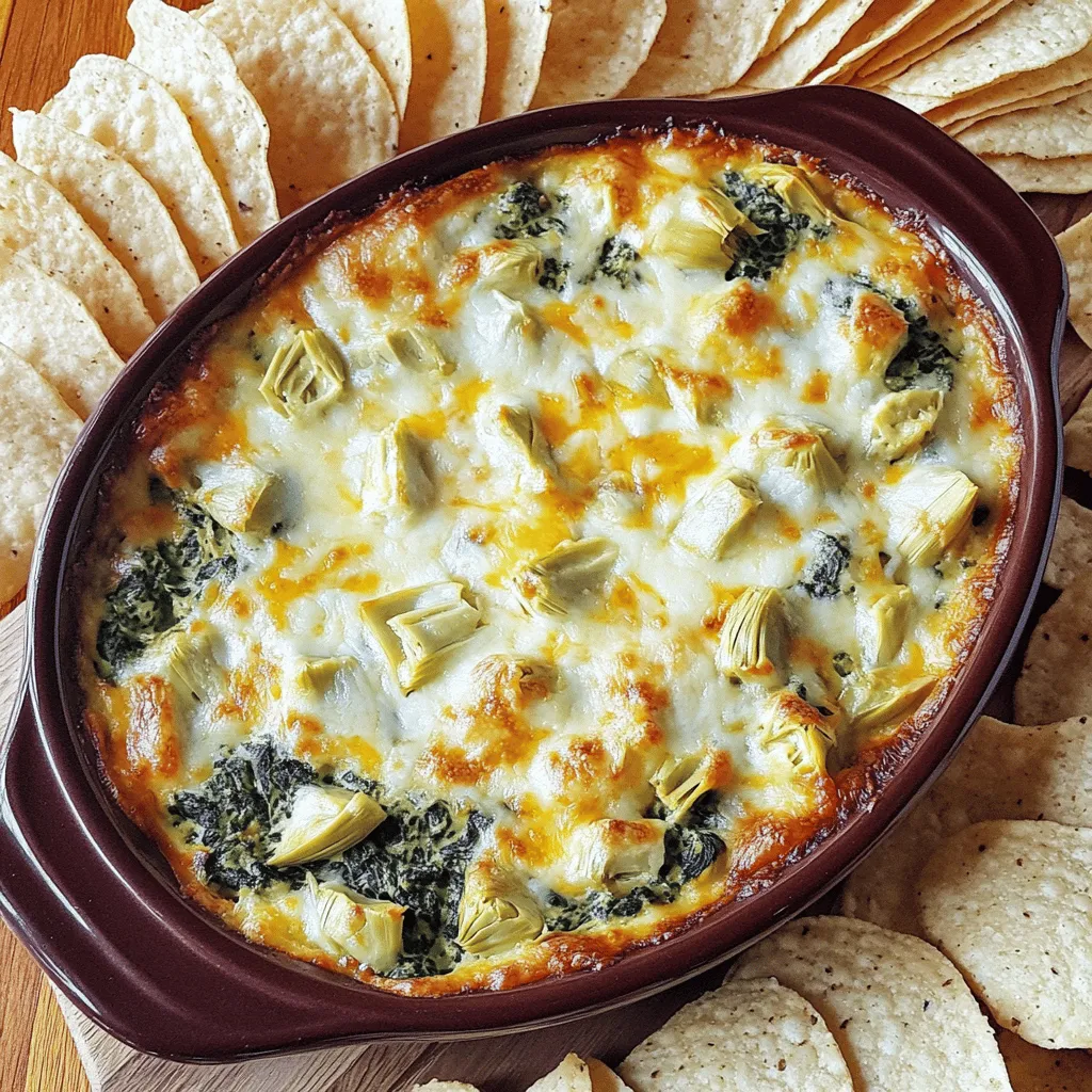 To make Cheesy Spinach Artichoke Dip, gather these simple ingredients: - 1 cup frozen chopped spinach, thawed and drained - 1 cup canned artichoke hearts, drained and chopped - 1 cup cream cheese, softened - 1/2 cup sour cream - 1/2 cup mayonnaise - 1 cup shredded mozzarella cheese - 1/2 cup grated Parmesan cheese - 2 cloves garlic, minced - 1 teaspoon onion powder - 1 teaspoon salt - 1/2 teaspoon black pepper - 1/4 teaspoon red pepper flakes (optional, for a kick) These ingredients come together to create a creamy and flavorful dip. You can tweak your dip with these optional ingredients: - 1/2 cup cooked and crumbled bacon - 1/4 cup chopped green onions - 1/2 teaspoon smoked paprika for a smoky touch - Fresh herbs like parsley or basil for extra flavor These additions can make your dip unique and cater to different tastes. To prepare this dip, you’ll need: - A large mixing bowl - A spatula for mixing - A baking dish for the oven - An oven for baking These tools help you mix and bake your dip with ease. For the full recipe, refer to the sections above. Making Cheesy Spinach Artichoke Dip is simple and fun. You need just a few steps. First, gather all your ingredients. You will need frozen spinach, artichoke hearts, and some creamy ingredients. It's a good idea to have everything ready before you start. 1. Preheat your oven to 375°F (190°C). This is key for a good bake. 2. Mix the creamy base: In a large bowl, combine 1 cup of softened cream cheese, 1/2 cup of sour cream, and 1/2 cup of mayonnaise. Stir until smooth. 3. Add flavor: Mix in 2 minced cloves of garlic, 1 teaspoon of onion powder, 1 teaspoon of salt, 1/2 teaspoon of black pepper, and optional red pepper flakes for heat. This gives the dip a lot of taste. 4. Fold in veggies: Gently add 1 cup of thawed and drained spinach and 1 cup of chopped artichoke hearts. Make sure they spread evenly through the mix. 5. Cheese it up: Stir in 1 cup of shredded mozzarella cheese and 1/2 cup of grated Parmesan cheese. Combine until everything is well mixed. 6. Transfer the mixture: Pour the dip into a baking dish and spread it out evenly. 7. Bake: Put the dish in the oven and bake for 25-30 minutes. Look for the dip to be bubbly and golden on top. 8. Cool slightly: Once baked, take it out and let it cool for a few minutes. Serving it warm makes it even better. Now you have a creamy, cheesy treat ready to enjoy! For the full recipe, check out the complete instructions above. To make sure your dip is creamy and smooth, use softened cream cheese. Blend it well with sour cream and mayonnaise. This mix gives the dip a rich base. Avoid lumps by stirring gently but thoroughly. Fold in the spinach and artichokes last. This helps keep their texture intact. For an even creamier dip, add more cream cheese or sour cream. This dip shines at parties. Serve it warm for the best taste. Pair it with tortilla chips, sliced baguette, or crunchy veggies. Arrange the dippers around a bowl of dip for a fun look. You can also offer pita chips or breadsticks. They add great flavor and texture. Try placing the dip in a bread bowl for a unique touch. A few mistakes can ruin your dip. First, don’t skip draining the spinach and artichokes. Extra moisture can make the dip watery. Second, avoid overmixing. This can break down the ingredients and make the dip less appealing. Lastly, don’t bake it too long. Keep an eye on it. You want it bubbly and golden, not burnt. Check it after 25 minutes to get the perfect finish. {{image_2}} You can make Cheesy Spinach Artichoke Dip healthier! For a low-fat version, use low-fat cream cheese, yogurt, and light mayonnaise. These swaps cut down calories without losing flavor. For a vegan option, try using cashew cream or tofu instead of cream cheese. Use vegan mayonnaise too. This way, everyone can enjoy the dip! Want to spice things up? Add a pinch of cayenne or chili powder for heat. Fresh herbs like basil or dill can bring a bright touch. You can even mix in sun-dried tomatoes or olives for extra flavor. These little changes can make a big difference in taste. You don't have to bake the dip if you don't want to! A slow cooker works great for this dip. Just mix all ingredients in the slow cooker and cook on low for 2-3 hours. Stir occasionally. You can also make it on the stovetop. Cook everything in a pan over medium heat until warm and creamy. Both methods make serving easy and fun! For the full recipe, check the earlier section. After enjoying your Cheesy Spinach Artichoke Dip, store leftovers right away. Place the dip in an airtight container. This keeps it fresh and tasty. You can refrigerate it for up to three days. If you want to enjoy it later, consider freezing. To reheat the dip, you can use the oven or microwave. For the oven, preheat it to 350°F (175°C). Spread the dip in a baking dish and cover it with foil. Heat for about 15-20 minutes. This warms it evenly. If you use a microwave, heat it in short bursts. Stir after each burst until it’s hot. Freezing is a great way to save your dip for later. First, cool the dip completely. Then, scoop it into a freezer-safe container. Seal it tightly. You can freeze the dip for up to two months. When ready to eat, thaw it in the fridge overnight. Reheat it as mentioned before. This dip stays creamy and flavorful, just like the first time! For the full recipe, check the earlier section. Yes, you can make Cheesy Spinach Artichoke Dip ahead. Prepare the dip, cover it, and store it in the fridge. It keeps well for up to two days. When ready to serve, just bake it until hot and bubbly. If you want to skip mayonnaise, use Greek yogurt. It gives a nice tang. You can also use sour cream for a rich taste. Both options keep the dip creamy and delicious. The dip lasts about three to five days in the fridge. Make sure to store it in an airtight container. Always check for any off smells or changes in texture before eating. While the dip is best warm, you can serve it cold. It might be thicker, but it still tastes good. Pair it with crunchy veggies or crackers for a fresh bite. To spice things up, add more red pepper flakes. You can also mix in diced jalapeños or hot sauce. Start with a small amount, and taste as you go. This way, you can control the heat level. For the full recipe, check out the Cheesy Spinach Artichoke Dip section above. Cheesy spinach artichoke dip is a creamy and tasty treat. It works well for parties and gatherings. You only need a few simple ingredients to make this dip. Here’s what you will need: - 1 cup frozen chopped spinach, thawed and drained - 1 cup canned artichoke hearts, drained and chopped - 1 cup cream cheese, softened - 1/2 cup sour cream - 1/2 cup mayonnaise - 1 cup shredded mozzarella cheese - 1/2 cup grated Parmesan cheese - 2 cloves garlic, minced - 1 teaspoon onion powder - 1 teaspoon salt - 1/2 teaspoon black pepper - 1/4 teaspoon red pepper flakes (optional, for a kick) When I make this dip, I enjoy the process of mixing flavors. The cream cheese gives it a rich base. The spinach and artichokes add great texture. The garlic and spices boost the taste. Start by preheating your oven to 375°F (190°C). In a bowl, mix the cream cheese, sour cream, and mayonnaise until smooth. Then add the garlic, onion powder, salt, black pepper, and red pepper flakes. Stir well to blend all the flavors. Next, fold in the chopped spinach and artichokes. Make sure they spread evenly throughout the mix. Finally, add the shredded mozzarella and grated Parmesan cheese. This step adds a cheesy goodness that makes the dip irresistible. Transfer the mixture to a baking dish. Spread it out evenly to ensure even cooking. Bake for 25 to 30 minutes. The dip should be bubbly and golden on top when done. I love serving this dip warm. You can pair it with tortilla chips, sliced baguette, or fresh veggies. It always disappears quickly at gatherings! For the full recipe, check out the Cheesy Spinach Artichoke Dip . Now you have all the steps to make Cheesy Spinach Artichoke Dip. You learned about the key and optional ingredients, tools, and cooking steps. I shared tips to get the best texture and serve it well. You discovered variations that can suit different diets or tastes. Lastly, I covered how to store and reheat leftovers. With this knowledge, you can impress at any gathering. Get cooking and enjoy this tasty dip!