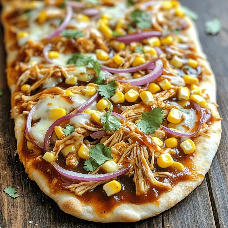 - 2 cups cooked shredded chicken - 1/2 cup BBQ sauce (options for homemade or store-bought) - 4 flatbreads or naan - 1 cup shredded mozzarella cheese - 1/2 red onion, thinly sliced - 1/2 cup corn kernels (fresh or frozen) - 1/4 cup fresh cilantro, chopped - 1 tablespoon olive oil - Salt and pepper to taste These ingredients come together to create a dish that is both tasty and easy to make. The chicken brings protein, while the BBQ sauce adds rich flavor. I love using shredded chicken because it mixes well with the sauce, making each bite juicy and full of taste. Flatbreads or naan serve as a great base for this dish. They are soft and hold toppings well. I often choose naan for a little extra flavor, but any flatbread works nicely. The cheese melts beautifully, creating a creamy layer on top. Red onion adds a crisp texture and a sharp bite that balances the sweetness of the BBQ sauce. The corn brings a nice crunch and a hint of sweetness. Fresh cilantro brightens the dish, giving it a pop of color and flavor. To make this recipe even better, I brush the flatbreads with olive oil. This helps them crisp up nicely while baking. Salt and pepper round out the flavors, ensuring every bite tastes great. You can find the full recipe [here](#). This dish is perfect for a quick meal or a fun snack! - Preheat the oven to 400°F (200°C). - In a bowl, mix the shredded chicken with BBQ sauce. Stir well so the chicken is fully coated. - Brush both sides of the flatbreads with olive oil. This adds flavor and helps them crisp. - Spread the BBQ chicken mixture evenly over each flatbread. Make sure to reach the edges. - Top with shredded mozzarella cheese, sliced red onions, and corn kernels. - Bake the flatbreads for about 10-12 minutes. Watch for the cheese to melt and the edges to turn golden. - Once baked, let them cool for a few minutes. This makes slicing easier. - Before serving, add fresh cilantro on top for a nice touch. For the full recipe, refer to the complete guide provided earlier. To make the best BBQ chicken flatbread, choose the right flatbread. I like using naan or pita bread. These types hold up well and have a nice texture. You can also use pre-made flatbreads from the store if you’re short on time. For BBQ sauce, I recommend a sweet and tangy sauce. Look for one with a good balance of flavor. You can even try a smoky BBQ sauce for a deeper taste. Homemade BBQ sauce can take your flatbread to the next level. You can find plenty of easy recipes online. To avoid soggy flatbreads, brush them lightly with olive oil. This helps create a barrier. Bake the flatbreads before adding toppings for a few minutes. This keeps them crisp. You can customize the cheese and toppings to suit your taste. I love using mozzarella for its meltiness. However, you can try cheddar or pepper jack for extra flavor. Add your favorite veggies, like bell peppers or jalapeños, to mix it up. For side dishes, consider a fresh salad. A simple green salad pairs well with BBQ flavors. You can also serve coleslaw for a crunchy contrast. For garnishing, fresh cilantro adds a nice touch. You can also drizzle some extra BBQ sauce on top. This makes the dish look great and adds more flavor. Try out these tips to make your BBQ chicken flatbread perfect! For the full recipe, check out the section above. {{image_2}} You can switch up the protein in your BBQ chicken flatbread. Try using pulled pork for a richer flavor. Tofu is a great choice for a vegan option. It soaks up BBQ sauce well and gives a nice texture. For cheese, you can use vegan cheese if you want a dairy-free meal. There are many brands that melt nicely. Just check the label to ensure it fits your diet. Want to add some heat? Try adding jalapeños or a spicy BBQ sauce. This gives your flatbread a kick that many love. You can also mix in some chipotle peppers for a smoky flavor. If you prefer a sweet taste, think about adding pineapple pieces. They add a fun, fruity twist. You can also try a honey BBQ sauce for extra sweetness. This balance of flavors makes each bite exciting. Looking for a Mediterranean vibe? Use feta cheese and add olives. You can also include roasted red peppers for a colorful touch. This flatbread will transport you to sunny shores. For an Asian twist, try adding teriyaki sauce instead of BBQ sauce. Top it with green onions and sesame seeds. This gives your flatbread a unique flavor that surprises and delights. With so many variations, you can enjoy BBQ chicken flatbread in many ways. Just be sure to check the [Full Recipe] for the base you love! To keep your BBQ chicken flatbread fresh, place it in an airtight container. This helps prevent air from drying it out. If you have multiple pieces, stack them with parchment paper between each layer. It keeps the toppings from sticking together. Store the container in the fridge. Your flatbreads will last up to three days. To reheat without losing texture, use the oven. Preheat it to 350°F (175°C). Place the flatbreads on a baking sheet. Heat them for about 10 minutes. This method keeps the edges crispy. You can also use a skillet. Heat it on medium-low and place the flatbread in. Cover with a lid for a few minutes. This helps the cheese melt while keeping the crust crisp. Yes, you can freeze BBQ chicken flatbread! Wrap each piece tightly in plastic wrap. Then, place them in a freezer-safe bag. Remove as much air as possible before sealing. This method helps prevent freezer burn. To reheat, thaw in the fridge overnight. Then, use the oven or skillet methods to warm them up. Enjoy your easy meal anytime! How long does BBQ chicken flatbread last in the refrigerator? BBQ chicken flatbread can last about 3 to 4 days in the refrigerator. Make sure to store it in an airtight container. This helps keep it fresh and tasty. I recommend eating it sooner for the best flavor and texture. Can I use store-bought flatbreads? Yes, you can use store-bought flatbreads. They save time and are easy to find. Just choose a good quality flatbread or naan for the best taste. You can also make your own if you feel up for it! How to make BBQ chicken flatbread dairy-free? To make BBQ chicken flatbread dairy-free, simply swap out the mozzarella cheese for a dairy-free cheese option. You can also skip the cheese altogether. The BBQ sauce and toppings will still add lots of flavor. What are some gluten-free alternatives? For a gluten-free option, try using gluten-free flatbreads or tortillas. Many stores sell these now. You can also use lettuce wraps for a fresh twist. Just load them up with the BBQ chicken and toppings! How many servings does this recipe make? This recipe makes about 4 servings. Each flatbread can be a meal or a fun appetizer. You can easily adjust the number of flatbreads based on your needs. What is the estimated calorie count per serving? Each serving of BBQ chicken flatbread has around 350 calories. This can vary based on the toppings and how much BBQ sauce you use. Feel free to add fresh veggies for extra nutrition! This blog post covered the tasty BBQ chicken flatbread recipe. We explored ingredients, preparation steps, and helpful tips to make it just right. You learned about fun variations and how to store your leftovers effectively. These flatbreads are easy to customize and a great meal option. Enjoy trying new flavors and sharing them with friends and family. Happy cooking!