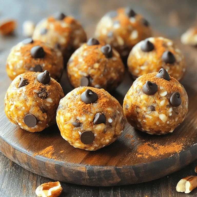 To make these tasty energy balls, you need a few key ingredients. Here’s what you’ll need: - 1 cup rolled oats - 1/2 cup almond butter (or peanut butter) - 1/2 cup canned pumpkin puree - 1/4 cup honey or maple syrup - 1 tablespoon pumpkin spice blend (or a mix of cinnamon, nutmeg, and ginger) - 1/4 teaspoon salt - 1/2 cup ground flaxseed - 1/2 cup chocolate chips or dried cranberries (optional) - 1/4 cup chopped nuts (walnuts or pecans) These ingredients work together to create a delicious and nutritious snack. The oats give you fiber, while the pumpkin adds moisture and flavor. Almond butter provides healthy fats, making these energy balls filling. You can make these energy balls your own by adding extras. Here are some fun options: - Chia seeds for added fiber - Coconut flakes for a tropical twist - Protein powder for an extra boost - Dried fruits like raisins or apricots Mix and match these add-ins to suit your taste. The best part is that you can switch them up each time you make a batch! If you have dietary needs, don’t worry! You can easily swap out some ingredients. Here are a few simple substitutions: - Use sunflower seed butter instead of almond butter for nut-free options. - Maple syrup can replace honey for a vegan recipe. - Rolled oats can be substituted with gluten-free oats if needed. These swaps help you enjoy pumpkin spice energy balls no matter your diet. Just keep the ratios similar so that the texture stays right. For the full recipe, check out the instructions. Enjoy making these easy and tasty treats! To start, gather your ingredients for pumpkin spice energy balls. You need rolled oats, almond butter, pumpkin puree, honey, pumpkin spice, salt, ground flaxseed, chocolate chips (or dried cranberries), and nuts. In a large bowl, combine the rolled oats, almond butter, pumpkin puree, honey, pumpkin spice, and salt. Mix well. You want a smooth blend. Next, add ground flaxseed, chocolate chips, and nuts. Stir until everything is well mixed. Now, it's time to shape the mixture into balls. Use your hands to form small balls, about 1 inch in size. If the mixture feels sticky, dampen your hands with a little water. This will help you roll the balls more easily. Place each ball on a baking sheet lined with parchment paper. Keep them evenly spaced so they don't stick together. After forming the balls, put the baking sheet in the fridge. Let them chill for about 30 minutes. This helps the energy balls firm up. Once chilled, transfer them to an airtight container. You can enjoy them right away, or store them in the fridge for up to a week. They make a great snack anytime! For the full recipe, check out the details above. To stop your mixture from being too sticky, wet your hands. A little water helps you shape the balls easily. If the mix is still sticky, chill it for a bit in the fridge before rolling. This makes it firmer and easier to work with. You can boost the taste of your energy balls in simple ways. Consider adding a splash of vanilla extract for a rich flavor. You can also try mixing in dried fruits like raisins or apricots for a sweet touch. If you love crunch, add chopped nuts or seeds. These extras can really change the taste! Want a healthier snack? Swap out honey for mashed bananas to cut sugar. You can also replace almond butter with unsweetened applesauce for fewer calories. If you are looking to add protein, mix in a scoop of your favorite protein powder. Each change keeps it tasty while making it better for you. Check out the Full Recipe for more ideas! {{image_2}} Pumpkin spice energy balls offer a great mix of nutrients. They are packed with fiber, protein, and healthy fats. The oats and flaxseed provide energy and help digestion. Almond butter adds protein and good fats. Plus, pumpkin puree is low in calories and high in vitamins. These energy balls also make a good snack for busy days. Each energy ball has about 90 calories. This makes them a smart choice for a snack. If you eat two, you get around 180 calories. It’s easy to enjoy these without feeling guilty. You can keep your portions in check while enjoying their tasty flavor. - Rolled oats: Good for heart health and digestion. - Almond butter: Boosts energy and keeps you full longer. - Pumpkin puree: Rich in vitamins A and C, and low in calories. - Flaxseed: Contains omega-3 fats and fiber, great for the heart. - Honey or maple syrup: Natural sweeteners that provide quick energy. These ingredients combine to make a healthful and tasty treat. You can find the full recipe [here] and enjoy making these delicious energy balls at home. You can boost your energy balls by adding protein powder. This makes them ideal for workouts. Just mix in one scoop of your favorite protein powder into the main mix. It blends well with the other ingredients. You still get that great pumpkin flavor. The result is a filling snack that helps with muscle recovery. If you want a quick treat, skip the chilling step. You can enjoy them right after rolling! For flavor twists, try adding a splash of vanilla or almond extract. You can also swap pumpkin spice for chai spice. Each option gives a new taste to your energy balls. Feel free to use dried fruits or seeds for a fun crunch. These energy balls are great for every season. For Halloween, add some chocolate chips for a spooky touch. During Christmas, try a hint of peppermint extract. You can even add some festive sprinkles on top. For spring, mix in some lemon zest for a fresh twist. Each season brings a new flavor, making these energy balls fun all year round. For the full recipe, check out the earlier section. Pumpkin Spice Energy Balls stay fresh for up to one week in the fridge. Store them in an airtight container. If you keep them at room temperature, they may last only a few days. Always check for any signs of spoilage, like an off smell or changed texture. Yes, you can freeze Pumpkin Spice Energy Balls! Place them in a single layer on a baking sheet. Freeze them for about an hour, then transfer to an airtight container. They can last for up to three months in the freezer. Just thaw them in the fridge overnight before eating. Pumpkin spice offers several health benefits. It often contains cinnamon, ginger, and nutmeg. These spices can help with digestion and reduce inflammation. Cinnamon may also help control blood sugar. Plus, pumpkin puree is high in fiber and vitamins. It supports your immune system and keeps your skin healthy. Absolutely! You can use peanut butter, cashew butter, or sunflower seed butter. Each nut butter adds a unique flavor and texture. Just make sure the consistency is similar to almond butter. This ensures the energy balls hold their shape well. For those with nut allergies, sunflower seed butter is a great choice. In this blog post, we explored how to make delicious Pumpkin Spice Energy Balls. We discussed key ingredients and options to customize your recipe. I shared simple steps for mixing, shaping, and storing these treats. You also learned tips for flavor and how to avoid stickiness. We covered nutritional benefits and possible variations to try. Remember, these energy balls are easy to make and fun to enjoy. Experiment with flavors, and make them your own. Enjoy your healthy snack any time of the year!