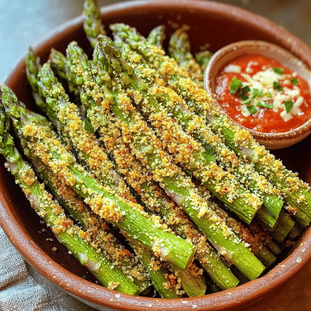 To make Parmesan Crusted Asparagus Fries, you will need these main ingredients: - 1 lb fresh asparagus, trimmed - 1 cup all-purpose flour - 1/2 cup grated Parmesan cheese - 1 cup breadcrumbs Next, gather these seasonings and other ingredients to enhance the flavor: - 1 teaspoon garlic powder - 2 large eggs - Olive oil spray or a drizzle of olive oil For added taste, consider these optional ingredients for dipping: - Marinara sauce - Creamy dipping sauce These ingredients create a crunchy and cheesy coating on the asparagus. You will enjoy the mix of flavors and textures. Trust me, the crispy fries will impress your family and friends! For the full recipe, explore the details that lead you to perfect these fries. 1. Preheat your oven to 425°F (220°C). This high heat helps make the fries crispy. 2. Line a baking sheet with parchment paper. This makes cleanup easy and helps the fries cook evenly. 3. Set up your ingredient stations. You need three bowls: one for flour, one for eggs, and one for breadcrumbs mixed with Parmesan and spices. 1. Take your fresh asparagus and dip each spear into the flour. Make sure to coat it lightly. 2. Shake off any excess flour. This step helps the egg stick better. 3. Next, dip the floured asparagus into the beaten eggs. Let any excess egg drip off. 4. Finally, roll the asparagus in the breadcrumb mixture. Press gently to ensure a good coat. 5. Place the coated asparagus fries on the prepared baking sheet in a single layer. This helps them cook evenly. 1. Bake the asparagus fries in the preheated oven for 12-15 minutes. Look for a golden brown color and crisp texture. 2. Turn them halfway through baking for even cooking. 3. For extra crispiness, lightly spray or drizzle the fries with olive oil before baking. 4. Once done, take them out of the oven and let them cool slightly. These steps will lead you to crispy and delicious Parmesan crusted asparagus fries! For a full recipe, you can check the complete details above. To make your Parmesan crusted asparagus fries crispy, oil is key. Use olive oil spray or drizzle olive oil over the fries. This helps the coating crisp up in the oven. Without oil, your fries may turn out soggy. Next, ensure you place the fries in a single layer on the baking sheet. Crowding them can trap steam, leading to sogginess. Turn the fries halfway through baking. This allows all sides to get that nice golden color. These fries taste amazing with dips. Marinara sauce is a classic choice. It adds a nice tangy flavor. You could also try a creamy dipping sauce for richness. Garnishing makes your dish look even better. Add extra grated Parmesan on top. A sprinkle of chopped parsley adds a pop of green and freshness. For baking, use a sturdy baking sheet. A heavy one helps distribute heat evenly. Line it with parchment paper. This makes cleanup easy and prevents sticking. You will need mixing bowls for the coating process. A shallow bowl for the flour works well. Have a separate bowl for the eggs and another for the breadcrumb mix. This setup keeps things organized and efficient. For the full recipe, refer to the earlier section. Enjoy crafting these crispy treats! {{image_2}} You can make Parmesan crusted asparagus fries exciting by changing the flavors. Adding spices like cayenne pepper gives a nice kick. Italian herbs like oregano and basil also work great. These spices can enhance the taste and make your fries more fun. You can also try using different cheeses. If you want a stronger flavor, use aged cheddar or Gruyère. Each cheese will bring its unique twist to the dish. If you need gluten-free options, substitute all-purpose flour with almond flour or a gluten-free blend. For the breadcrumbs, look for gluten-free versions or crush some gluten-free crackers. These small changes keep the recipe safe for everyone. To make a vegan version, replace eggs with flax eggs. Just mix one tablespoon of ground flaxseed with three tablespoons of water. Let it sit for a few minutes until it thickens. This will help your coating stick without using eggs. You can turn these fries into a salad topping. Just chop them into small pieces and sprinkle over fresh greens. They add crunch and flavor to your salad. Another fun idea is to use them in wraps. Just layer the fries with your favorite veggies and spreads. This makes for a tasty and healthy meal. For the full recipe, check out the detailed instructions above! To keep your Parmesan crusted asparagus fries fresh, use proper containers. Place the fries in an airtight container. Let them cool completely before sealing. This helps prevent sogginess. Store the container in the fridge. They will stay good for about 2 to 3 days. When you want to enjoy the leftovers, reheating is key. The best method is using the oven. Preheat your oven to 375°F (190°C). Spread the fries on a baking sheet. Bake for about 10 minutes. This helps restore the crispiness. Avoid using the microwave, as it makes them soft. If you want to save some fries for later, freezing works well. First, let the fries cool completely. Then, place them in a single layer on a baking sheet. Freeze them for about 1 to 2 hours. After that, transfer the frozen fries to a freezer-safe bag. This helps keep them fresh. When ready to eat, thaw them in the fridge overnight before reheating. To keep your asparagus crispy, oil is key. Use olive oil spray or a light drizzle. This helps create a crunchy texture. Place each asparagus fry in a single layer on the baking sheet. Avoid crowding them. This ensures hot air circulates around each fry. Bake at 425°F (220°C) for 12-15 minutes. Turn them halfway through to get an even crisp. Let them cool slightly before serving. This will help them stay crunchy. Yes, you can prep these asparagus fries ahead of time. Coat the asparagus in flour, eggs, and breadcrumbs. Then, place them on a baking sheet. Cover with plastic wrap and store in the fridge for up to two hours. When you are ready to bake, just pop them in the oven without thawing. This will save you time when guests arrive. These asparagus fries pair well with a few dips. Marinara sauce is a classic choice. Creamy ranch or garlic aioli also works great. You can add a sprinkle of extra Parmesan on top for flavor. Serve them with a fresh salad for a complete meal. You can find more ideas in the Full Recipe. This blog post guides you on making delicious Parmesan Crusted Asparagus Fries. It covers key ingredients like fresh asparagus, Parmesan cheese, and garlic powder. You learned how to coat and bake asparagus for the perfect crispiness. I shared tips for serving and variations you can try. Proper storage and reheating methods maintain their freshness. Remember, you can mix flavors and adapt recipes to fit your needs. Enjoy creating this tasty dish, and impress your friends and family with your skills!