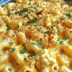 To make Creamy Cauliflower Mac and Cheese, you need simple and fresh ingredients. This dish combines pasta and creamy cheese with healthy cauliflower. You can find the full recipe above. - 1 medium cauliflower head, cut into florets - 8 oz elbow macaroni (or gluten-free pasta) - 2 cups milk (dairy or plant-based) - 2 tablespoons butter - 2 tablespoons all-purpose flour (or gluten-free flour) - 1 cup sharp cheddar cheese, grated - 1/2 cup mozzarella cheese, grated - 1 teaspoon garlic powder - 1/2 teaspoon onion powder - Salt and pepper to taste - 1/4 cup breadcrumbs (optional, for topping) - Fresh parsley, chopped (for garnish) These key ingredients create a rich and creamy sauce. The cauliflower adds a nice texture and nutrition. You can change the recipe to fit your tastes. Here are some fun optional ingredients: - Different cheeses like gouda or parmesan for more flavor. - Cooked bacon or ham for a meaty option. - Spinach or broccoli for extra veggies. - Hot sauce for a spicy kick. These options let you personalize your dish. Try mixing in whatever you love! Start by bringing a large pot of salted water to a boil. Add the cauliflower florets. Cook them for about five minutes. You want them to be just tender. Use a slotted spoon to remove the cauliflower from the pot. Set it aside for later. This step makes sure your cauliflower blends well and adds creaminess. In the same pot, add the elbow macaroni. Cook it according to the package directions until it is al dente. This means it should be firm, not soft. Once done, drain the macaroni and set it aside. Keeping it firm helps it hold up in the dish. Take a medium saucepan and place it over medium heat. Add two tablespoons of butter and let it melt. Once melted, stir in two tablespoons of flour. Cook this mixture for about one minute. This creates a roux, which thickens your sauce. Gradually whisk in two cups of milk. Keep stirring until the mixture thickens. This will take about three to five minutes. Remove the pan from heat and stir in one cup of sharp cheddar cheese and half a cup of mozzarella cheese. Mix until they melt and become creamy. Then add one teaspoon of garlic powder, half a teaspoon of onion powder, salt, and pepper to taste. Next, blend the cooked cauliflower until it is smooth. You can use a food processor or an immersion blender for this. Stir this cauliflower puree into your cheese sauce. Finally, combine the cheese sauce and cooked macaroni in a large bowl. Mix until everything is well combined. For a baked version, preheat your oven to 375°F (190°C). Transfer the mac and cheese to a greased baking dish. Top with breadcrumbs if you like. Bake it for about 20 minutes until it is bubbly and golden. If you choose not to bake, enjoy it right away. Let it cool a bit before serving. Garnish with chopped parsley for a nice touch. This creamy cauliflower mac and cheese recipe is both rich and comforting. For the full recipe, check the ingredients list above. To make your mac and cheese extra creamy, blend the cooked cauliflower well. Use a food processor for a smooth puree. This step adds a rich texture without losing flavor. When you mix the cauliflower with the cheese sauce, stir well until combined. If the sauce seems too thick, add a splash of milk. This will help achieve that perfect creamy consistency. Choosing the right cheese makes a big difference. I suggest using sharp cheddar for its strong flavor. Mozzarella adds a nice stretch and mild taste. You can also try Gruyère or fontina for a unique twist. Mixing different cheeses gives depth to the dish. Feel free to experiment with what you have on hand. Just remember, the more cheese, the creamier it gets! Sometimes, things don’t go as planned. If your sauce becomes grainy, it might be from overheating. Always melt cheese on low heat. If it’s too thick, add more milk a little at a time. For a dry dish, mix in some reserved pasta water. This adds moisture and flavor. If you want a crunch, add breadcrumbs on top and bake. This gives a nice contrast to the creamy texture. {{image_2}} You can enjoy creamy cauliflower mac and cheese in two ways: baked or stovetop. The stovetop version is fast and easy. You mix everything in one pot, which saves time. Just combine the cheese sauce with the macaroni and serve. The baked version adds a crispy top. After mixing in the cheese sauce, transfer it to a baking dish. Sprinkle breadcrumbs on top for crunch. Bake it at 375°F (190°C) for about 20 minutes. This gives a nice golden crust and makes it extra special. You can easily make this dish gluten-free. Use gluten-free elbow macaroni instead of regular pasta. For the roux, swap all-purpose flour with gluten-free flour. This keeps the creamy texture without any gluten. You won’t lose taste or creaminess, making it friendly for everyone. You can boost nutrition by adding protein or veggies. Cooked chicken or turkey can make it hearty. Just stir in diced cooked meat when mixing the cheese sauce and macaroni. For veggies, try adding steamed broccoli or peas. These add color and flavor. You can even sneak in some spinach. This way, you get a balanced meal that is still fun and tasty. For the full recipe, check out the Creamy Cauliflower Mac and Cheese details above. To keep your creamy cauliflower mac and cheese fresh, let it cool down first. Use an airtight container. Place the leftovers in the container and cover it tightly. You can store your dish in the fridge for up to three days. Make sure to label your container with the date, so you know when to eat it. When you're ready to enjoy leftovers, reheating is key. The best way to reheat is in the oven. Preheat your oven to 350°F (175°C). Place the mac and cheese in an oven-safe dish. Add a splash of milk to keep it creamy. Cover it with foil and heat for about 15-20 minutes. You can also use the microwave. Put a serving on a microwave-safe plate. Heat for 1-2 minutes, stirring halfway through. If you want to save some for later, freezing works well too. Let the mac and cheese cool completely before freezing. Use a freezer-safe container and leave some space at the top for expansion. It can last up to two months in the freezer. Label it with the date. When you want to eat it, thaw it in the fridge overnight before reheating. This way, it stays tasty and creamy. Keep these tips in mind to enjoy your creamy cauliflower mac and cheese later! You can find the full recipe here: [Full Recipe](#). Yes, you can use frozen cauliflower. It saves time and is easy to find. Just keep in mind that frozen cauliflower might be softer than fresh. Thaw it first, then steam or microwave it until tender. This helps keep the texture nice in the mac and cheese. To make this dish vegan, swap out the dairy products. Use plant-based milk like almond or oat milk. Replace the butter with vegan butter or olive oil. For cheese, use vegan cheese options. You can also add nutritional yeast for a cheesy flavor without the dairy. If you want to skip cheese, use a mix of nutritional yeast and cashews. Soak raw cashews in water, then blend them until smooth. This gives a creamy texture and flavor. You can also try making a sauce with blended cooked potatoes and carrots for a cheesy taste. This blog post covered how to make a creamy mac and cheese dish using cauliflower. We discussed key ingredients, step-by-step instructions, and tips for the best texture. I shared various options to customize your meal and how to store leftovers properly. Remember, you can swap in proteins or veggies to suit your taste. With these tips, you can create a favorite dish that fits your diet. Now, dive into making your unique version of this mac and cheese. Enjoy your cooking adventure!