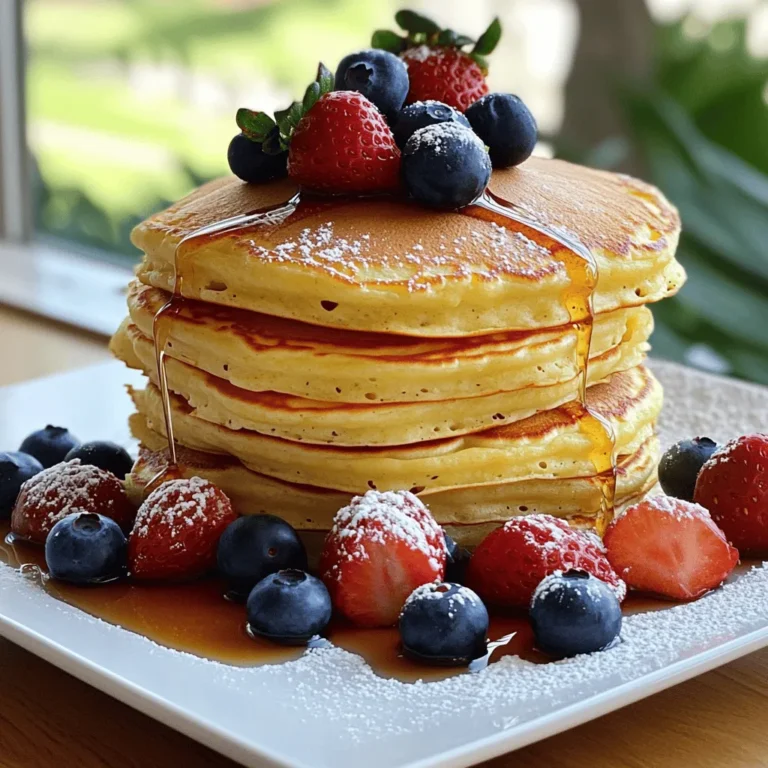 To make fluffy lemon ricotta pancakes, you will need: - 1 cup ricotta cheese - 1 cup all-purpose flour - 1 tablespoon baking powder - 1/4 teaspoon salt - 3 large eggs - 1/4 cup sugar - 2 tablespoons lemon zest (about 2 lemons) - 1/4 cup milk - 2 tablespoons melted butter - Maple syrup (for serving) - Fresh berries (for garnish) These ingredients blend together to create a light and zesty pancake. The ricotta adds creaminess, while the lemon zest brings a bright flavor. Each serving of these pancakes has about: - Calories: 250 - Protein: 8 grams - Carbohydrates: 30 grams - Fat: 10 grams - Sugar: 6 grams These pancakes are a great treat for breakfast or brunch. They are rich in flavor but still light enough to enjoy. If you're avoiding gluten, you can use a gluten-free flour mix. For dairy-free options, try using almond or soy milk and a dairy-free ricotta. This way, everyone can enjoy them! If you have an egg allergy, consider using flax eggs or a commercial egg replacer. Always check labels for allergens when trying new products. To make lemon ricotta pancakes, you need to gather your ingredients first. This recipe is simple and fun. It takes about 10 minutes to prep and 25 minutes total. You will serve about four people. Start by getting your mixing bowls, a whisk, and a skillet ready. In a large bowl, mix the wet ingredients first. Whisk together the ricotta cheese, sugar, eggs, lemon zest, milk, and melted butter. You want this to be smooth and combined. In another bowl, mix the dry ingredients. Combine the flour, baking powder, and salt. Once they are mixed, add the dry mix to the wet mix. Fold gently until no dry flour is left. Do not overmix; a few lumps are okay. This will help keep the pancakes fluffy. Heat a skillet over medium heat. Lightly grease it with cooking spray or butter. Pour about 1/4 cup of batter for each pancake onto the skillet. Cook for 2-3 minutes. Look for bubbles on the surface and set edges. Flip the pancakes and cook for another 2 minutes until they are golden brown. Keep the pancakes warm in a low oven while you make more. For the full recipe, check the details above. Enjoy your pancakes with maple syrup and fresh berries! To make your pancakes light and fluffy, remember a few key tips. First, do not overmix the batter. Mix just until you see no dry flour. A few lumps are just fine. Second, separate your eggs. Whip the egg whites until they form soft peaks, then fold them in gently. This adds air and gives your pancakes that perfect rise. Lastly, make sure your skillet is hot but not too hot. A medium heat works best for even cooking. These lemon ricotta pancakes are best served warm. Stack them high on a plate. Drizzle with pure maple syrup for sweetness. Fresh berries add a nice touch, too. Strawberries, blueberries, or raspberries work great. If you want a bit of crunch, sprinkle some chopped nuts on top. For an extra zing, add a bit of lemon juice or zest on the pancakes just before serving. Avoiding mistakes can make all the difference. One common issue is using cold ingredients. Make sure your ricotta and eggs are at room temperature. This helps the batter mix better. Another mistake is cooking on too high of a heat. This can burn the outside while leaving the inside raw. Lastly, don’t skip the resting time. Letting the batter sit for a few minutes before cooking helps create a fluffier texture. For the full recipe, check out the detailed steps above. {{image_2}} You can easily change the taste of these pancakes. Add fresh blueberries or raspberries to the batter. They add a burst of flavor and color. You can also mix in chocolate chips for a sweet twist. For a fun take, try adding a splash of vanilla extract. This gives the pancakes a warm, sweet aroma. These pancakes are great in many ways. Stack them high for a classic look. You can also serve them as a pancake sandwich. Just spread some ricotta or cream cheese between two pancakes. Top with syrup for a delicious treat. For a lighter touch, serve them with yogurt and fruit on the side. Make these pancakes fit the season! In fall, add pumpkin puree and warm spices like cinnamon. This gives a cozy taste perfect for chilly mornings. In spring, use fresh herbs like basil or mint for a unique flavor. You can also try a berry compote in summer. It adds a refreshing touch that pairs well with lemon. For the full recipe, visit the link provided. After you enjoy your pancakes, store any leftovers in an airtight container. This keeps them fresh. Place a piece of parchment paper between layers to prevent sticking. You can store the pancakes in the fridge for up to three days. When you want to reheat your pancakes, use the oven or a skillet. For the oven, preheat it to 350°F (175°C). Place the pancakes on a baking sheet and cover with foil. Heat for about 10 minutes. For a skillet, heat on low and warm each side for 1-2 minutes. This method keeps them fluffy. To freeze pancakes, let them cool completely first. Stack them with parchment paper in between. Place the stack in a freezer bag and remove as much air as possible. You can freeze them for up to two months. When ready to eat, thaw in the fridge overnight. Reheat as mentioned above for the best results. Enjoy them whenever you like! For the full recipe, check out the [Full Recipe]. Yes, you can make these pancakes gluten-free. Just swap all-purpose flour with a gluten-free blend. Look for a brand that works well for baking. Many blends include xanthan gum, which helps mimic the texture of regular flour. This change keeps your pancakes fluffy and tasty. You can tell pancakes are cooked through by looking for bubbles. When bubbles form on the surface, it's time to flip. Check the edges; they should look set. After flipping, cook for about 2 more minutes. The pancakes should turn golden brown. If you're unsure, you can use a toothpick. Insert it into the center; if it comes out clean, they are ready! Lemon ricotta pancakes taste great with many toppings. Here are some ideas: - Maple syrup - Fresh berries (strawberries, blueberries, or raspberries) - Whipped cream - Greek yogurt - Honey - Lemon curd Feel free to mix and match your favorites! You can even add a sprinkle of powdered sugar for a sweet touch. For the full recipe, check the section above! These easy lemon ricotta pancakes are simple to make and tasty. We covered ingredients, cooking steps, and tips to make them perfect. Remember, you can add fruits or flavors to mix it up. Store leftovers well so you can enjoy them later. With these details, you can create a delicious breakfast or brunch treat any day. Enjoy your cooking and happy eating!