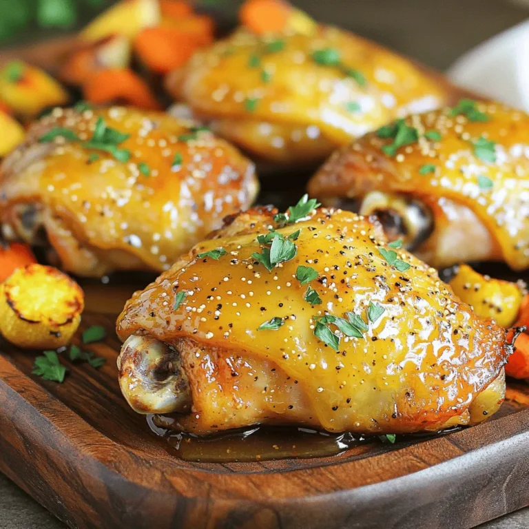 - 6 bone-in, skin-on chicken thighs - 1/4 cup honey - 1/4 cup Dijon mustard - 2 tablespoons olive oil - 3 cloves garlic, minced - 1 teaspoon dried thyme - 1 teaspoon paprika - Salt and pepper to taste - Fresh parsley for garnish - Calories per serving: About 350 calories. - Protein: 24 grams. - Fat: 25 grams. - Carbohydrates: 8 grams. The main ingredients in this dish offer great health benefits. Chicken thighs are a good source of protein, which helps build muscle. Honey adds natural sweetness and can boost energy. Mustard provides flavor and may have some health benefits, like aiding digestion. Olive oil contains healthy fats that support heart health. Garlic has many benefits too, including boosting the immune system. This recipe not only tastes great but also packs a punch of nutrients. For the full recipe, check out the cooking instructions. Preheat your oven to 400°F (200°C). This temperature helps the chicken cook evenly and gives it a nice, crispy skin. In a medium bowl, whisk together the honey, Dijon mustard, olive oil, minced garlic, dried thyme, paprika, salt, and pepper until well mixed. Marinating is key. Let the chicken sit in this mixture for at least 30 minutes. If you have more time, 2 hours in the fridge will bring out great flavors. Take the chicken thighs and place them in a large bowl or a ziplock bag. Pour the honey mustard marinade over the chicken. Make sure each piece is well coated. A ziplock bag can help coat the chicken better since you can seal it and shake it around. Once marinated, take your chicken and arrange the thighs skin-side up in a greased baking dish. A glass or metal dish works best. Make sure the skin faces up so it can get that perfect crisp. Bake the chicken in the preheated oven for 30-35 minutes. The goal is for the chicken to reach an internal temperature of 165°F (75°C). If your thighs are bigger, you may need to bake them a bit longer. Use a meat thermometer to be sure. In the last 10 minutes of baking, brush the reserved marinade over the chicken. This adds flavor and gives it a beautiful glaze. When done, remove the chicken from the oven. For a nice touch, garnish it with fresh parsley before serving. Try serving your honey mustard baked chicken thighs on a large platter. A drizzle of extra honey mustard sauce and some roasted vegetables or a salad make it a complete meal. For the full recipe, refer to the earlier section. To get that perfect crispy skin, start by patting the chicken dry. This step removes extra moisture, helping the skin to crisp up nicely. Use a paper towel to dry each thigh well. Next, heat a skillet over medium-high heat. Sear the chicken skin-side down for about 5 minutes. This step adds flavor and texture. You can then transfer the chicken to the oven for baking. For the best flavor, marinate the chicken thighs for at least 30 minutes. If you have time, let them sit for up to 2 hours. This gives the honey mustard mix time to soak into the meat. Use a ziplock bag for easy coating. Just pour in the marinade and seal the bag. Shake it gently to coat each thigh well. Cooking time may vary based on the size of your chicken thighs. For smaller thighs, check after 25 minutes. For larger thighs, you may need an extra 5 to 10 minutes. Always use a meat thermometer to check the doneness. The chicken should reach an internal temperature of 165°F (75°C). This ensures it is safe to eat and perfectly juicy. {{image_2}} You can use different mustards to change the taste. For a spicier kick, try whole grain mustard. If you want a milder flavor, yellow mustard works well too. You can also mix mustards for a unique twist. Adjust the sweetness level based on your taste. If you like it sweeter, add more honey. For a tangier taste, use less honey and add a splash of vinegar. Experimenting with these options makes your dish special. Instead of thyme, consider using rosemary or oregano. Both herbs add a lovely flavor to the chicken. You can also try a mix of dried herbs for depth. Adding fresh herbs can boost the dish. Chopped basil or parsley can add freshness. You can sprinkle them on before serving for a pop of color and taste. Incorporating vegetables turns this dish into a one-pan meal. You can add chopped carrots, bell peppers, or onions. These veggies roast beautifully alongside the chicken. Recommended vegetable pairings include zucchini and asparagus. These options cook quickly and add great flavor. Toss them in olive oil, salt, and pepper before baking. This way, you create a complete meal that's both tasty and colorful. For the full recipe, check the section above. To keep your honey mustard baked chicken thighs fresh, store them in the fridge. Place the leftover chicken in an airtight container. This method helps keep moisture and flavor. The chicken stays good for about 3 to 4 days. If you want to keep it longer, consider freezing. When reheating, the oven is the best choice. It warms the chicken evenly, keeping it juicy. Preheat your oven to 350°F (175°C). Place the chicken on a baking sheet and cover it with foil. Bake for about 15 to 20 minutes. If you use a microwave, use a lower power setting to avoid drying it out. Heat in short bursts, checking often. To freeze cooked thighs, let them cool completely first. Wrap each piece tightly in plastic wrap. Then, place them in a freezer bag, squeezing out as much air as possible. This helps prevent freezer burn. The chicken can last for about 2 to 3 months. For the best results, thaw in the fridge overnight. This keeps the texture nice and moist. Yes, you can use boneless chicken thighs. They cook faster than bone-in thighs. Aim for about 20 to 25 minutes in the oven. Check their internal temperature to ensure they reach 165°F (75°C). Boneless thighs may have a softer texture, but they still taste great. Just remember to watch the time closely! To make honey mustard baked chicken thighs healthier, you can try these tips: - Use skinless chicken thighs or breast for less fat. - Swap honey for a sugar-free sweetener to lower calories. - Use less olive oil or substitute with a cooking spray. These changes still keep the dish tasty while making it lighter. You have plenty of options for side dishes! Here are some ideas: - Serve with roasted vegetables like carrots, broccoli, or Brussels sprouts. - Pair with a light salad for a fresh touch. - Offer brown rice or quinoa as a hearty side. These options create a balanced meal and complement the chicken's sweet and tangy flavor. Absolutely! You can use different proteins like: - Turkey thighs: Adjust cooking time to about 25 to 30 minutes. - Pork chops: These will need 20 to 25 minutes, depending on thickness. - Tofu: Marinate and bake for about 25 minutes until golden. Just keep an eye on cooking times. Each protein brings a unique flavor and texture to the dish! This blog post covered how to make honey mustard baked chicken thighs. You learned what ingredients to use and how to prep the chicken for the oven. I shared tips for achieving crispy skin and offered ideas for variations and storage. Remember, cooking is about creativity and fun! Try new flavors and make this dish your own. Enjoy delicious meals and make lasting memories in your kitchen!