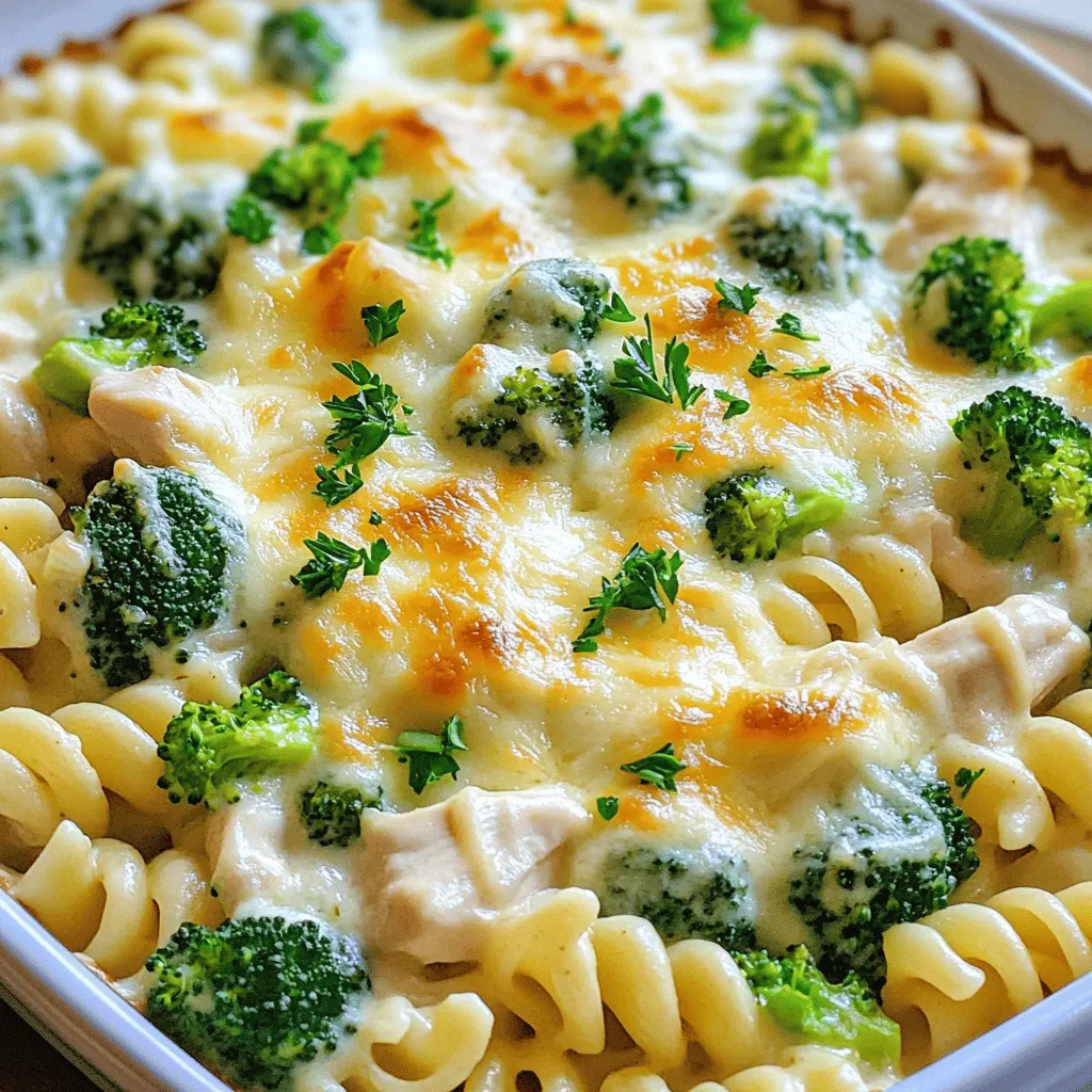 - 2 cups rotini pasta - 2 cups cooked chicken breast, shredded - 3 cups broccoli florets - 2 cups heavy cream - 1 cup grated Parmesan cheese - 1 cup shredded mozzarella cheese - 4 cloves garlic, minced - 1 tablespoon olive oil - 1 teaspoon Italian seasoning - Salt and pepper to taste - Fresh parsley, chopped The main ingredients create a hearty dish that warms the soul. I love using rotini pasta because it holds sauce well. Shredded chicken adds protein and makes the dish filling. Broccoli adds a nice crunch and bright color. Heavy cream makes the sauce rich and creamy. Parmesan cheese gives that cheesy goodness, while mozzarella adds a melty touch. For spices, garlic brings a wonderful aroma. Olive oil keeps your garlic from burning. Italian seasoning adds a classic flavor. Salt and pepper are key to enhancing all the tastes. Finally, fresh parsley not only looks great but adds a pop of flavor. It’s the perfect finish to this comforting bake. If you want to see detailed steps on how to use these ingredients, check out the Full Recipe. - Preheat the oven to 375°F (190°C). - Cook the rotini pasta until al dente. How do I cook rotini pasta? To cook rotini pasta, bring a large pot of salted water to a boil. Add the pasta and cook it according to the package instructions. This usually takes about 8 to 10 minutes. You want it firm but not hard. Drain the pasta and set it aside for later. - Sauté garlic and broccoli. - Make the Alfredo sauce with heavy cream and Parmesan. What is the best way to sauté garlic and broccoli? In the same pot used for the pasta, heat one tablespoon of olive oil over medium heat. Add minced garlic and sauté for about 1–2 minutes until it smells good. Then, add the broccoli florets. Cook for about 5 minutes, stirring often, until they are bright green and just tender. How do I make the Alfredo sauce? Once the broccoli is ready, reduce the heat to low. Pour in 2 cups of heavy cream and stir in a teaspoon of Italian seasoning, salt, and pepper. Gradually add one cup of grated Parmesan cheese, stirring until the sauce is creamy and smooth. - Combine all ingredients in a large mixing bowl. - Transfer to the baking dish and top with mozzarella. - Bake until bubbly and golden. How do I combine the ingredients? In a large mixing bowl, add the cooked rotini, shredded chicken, sautéed broccoli, and creamy Alfredo sauce. Mix everything well until the pasta and chicken are fully coated with the sauce. What should I do before baking? Pour the mixture into a greased 9x13 inch baking dish. Make sure it’s spread evenly. Then, sprinkle one cup of shredded mozzarella cheese over the top. How long do I need to bake it? Place the baking dish in the preheated oven and bake for 25–30 minutes. You want it to be bubbly and golden. When it’s done, let it cool slightly before serving. For the full recipe, check out the link! - How to prevent pasta from overcooking: To keep your pasta firm, cook it until al dente. This means it should be slightly firm when bitten. Be sure to check the package for the right cooking time, and start tasting a minute or two before it finishes. Drain it right away to stop the cooking process. - Tips for shredding chicken quickly: Use two forks to shred warm chicken. Hold one fork steady and pull the chicken apart with the other. You can also use a stand mixer with a paddle attachment on low speed. This method works fast and gives you perfectly shredded chicken. - Best sides to serve with Chicken Alfredo Bake: Pair your bake with a simple green salad. A side of garlic bread or roasted vegetables works great too. These sides balance the creamy richness of the Alfredo. - Suggested wine pairings: A crisp Chardonnay or a light Pinot Grigio complements this dish well. Their acidity cuts through the creaminess and enhances the flavors of the chicken and cheese. - Adding spices for extra kick: To spice things up, try adding red pepper flakes or a dash of cayenne pepper. Fresh herbs like basil or thyme also add a nice touch. Simply mix them into your Alfredo sauce. - Substitute ingredients for variety: You can swap rotini with penne or fusilli pasta. For a twist, use different cheeses, like Gouda or Fontina. Adding spinach or bell peppers can also change the flavor profile while boosting nutrition. {{image_2}} You can make this Chicken Alfredo Bake healthier with some easy swaps. Using whole grain pasta helps cut down calories and adds fiber. It fills you up better than regular pasta. Add more vegetables like spinach, bell peppers, or peas for extra nutrition. This not only boosts vitamins but also adds color to your dish. Want to change the taste? Try different cheese combinations. Mix in gouda or cheddar for a new twist. If you like heat, add red pepper flakes to make a spicy Chicken Alfredo Bake. This gives your dish a nice kick and keeps it exciting. If you need gluten-free options, use gluten-free pasta instead. Many brands make great pasta that tastes just as good. For those who do not eat meat, try a vegetarian version. Use plant-based chicken or mushrooms for a hearty alternative. You can still enjoy all the creamy goodness without the meat. For the full recipe, check out the detailed steps above. To keep your Chicken Alfredo Bake fresh, store it in the fridge. Use an airtight container. This helps keep it moist and tasty. Make sure it cools down first. You can keep it for 3 to 4 days in the refrigerator. If you want to save it longer, consider freezing it. When reheating, I recommend using the oven. Preheat the oven to 350°F (175°C). Place the Chicken Alfredo Bake in an oven-safe dish. Cover it with foil to keep it from drying out. Heat for about 20 minutes or until hot. You can also use the microwave, but it may not taste as good. If you use the microwave, heat it in short bursts. Stir in between to warm it evenly. To freeze your Chicken Alfredo Bake, let it cool completely first. Use a freezer-safe container. You can also wrap it tightly with plastic wrap and then foil. This helps prevent freezer burn. It can last up to 3 months in the freezer. When ready to eat, thaw it in the fridge overnight. Then, follow the reheating tips to enjoy your dish again. How long does Chicken Alfredo Bake last in the fridge? Chicken Alfredo Bake lasts about 3 to 5 days in the fridge. Store it in an airtight container. This keeps it fresh and safe to eat. Always check for any signs of spoilage before eating leftovers. Can I use frozen chicken for this recipe? Yes, you can use frozen chicken. Just make sure to thaw it first. You can either leave it in the fridge overnight or use the microwave. Cook it fully before shredding it for the bake. This will ensure even cooking. What can I substitute for heavy cream? If you want a lighter option, use half-and-half or whole milk. You can also mix milk with a bit of flour or cornstarch for a thicker sauce. This will still give you a creamy texture without the full heaviness. Can I add other vegetables? Absolutely! You can add bell peppers, spinach, or even mushrooms. Just make sure to sauté them first to soften them up. This adds more flavor and nutrition to your Chicken Alfredo Bake. How do I know when the Chicken Alfredo Bake is done? Your Chicken Alfredo Bake is done when the top is bubbly and golden brown. You can also check the middle with a knife. It should be hot and the cheese melted. Let it cool for a few minutes before serving. What’s the best pasta to use for this dish? Rotini works great for this recipe. Its shape holds the sauce well. You can also use penne or fusilli. These shapes create a perfect bite with every scoop. You learned how to make a delicious Chicken Alfredo Bake from scratch. We covered the ingredients, cooking steps, and tips to enhance flavor. I shared ways to store leftovers and answered common questions. This dish is not just tasty; it offers many ways to adapt for health needs. Try different seasonings or vegetables to make it your own. Enjoy creating this meal, and make it a family favorite!
