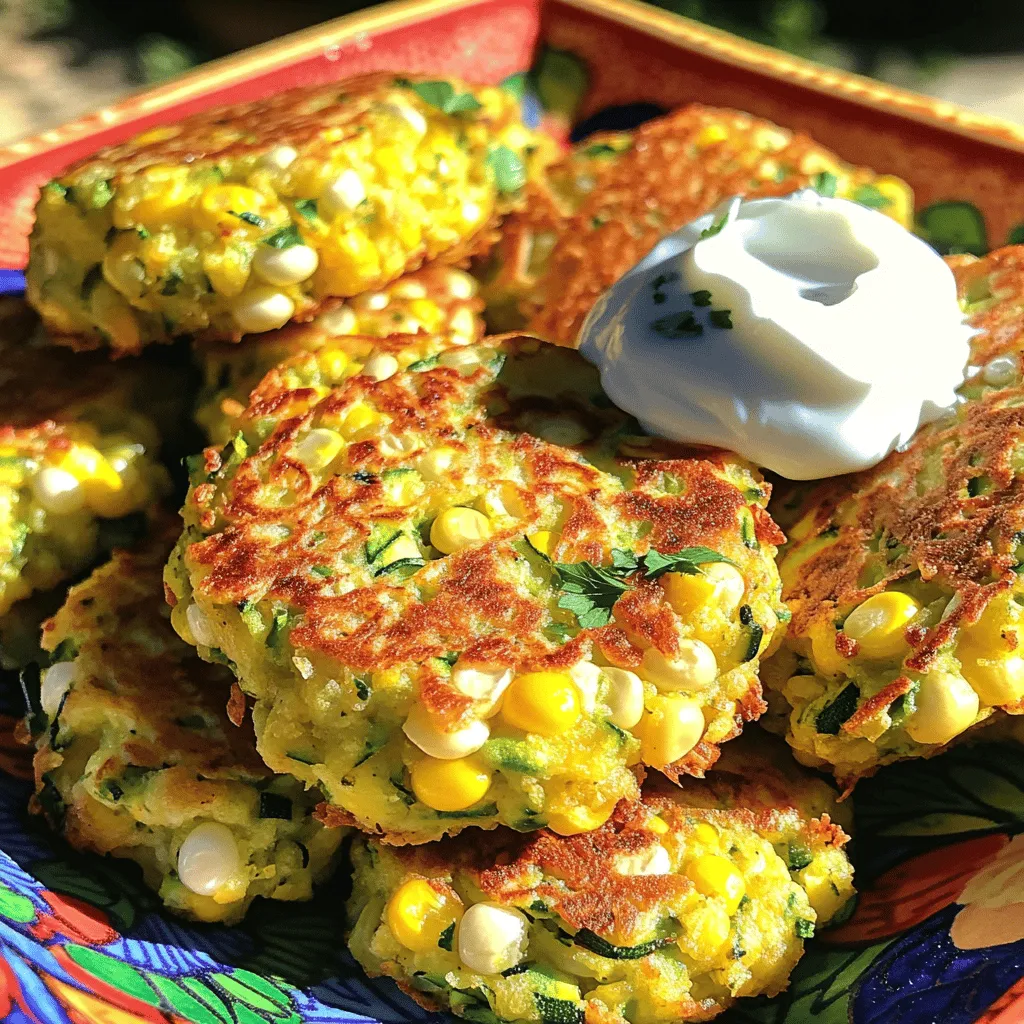 - Sweet corn kernels - Grated zucchini - All-purpose flour - Cornmeal - Eggs - Green onions - Fresh parsley - Baking powder - Garlic powder - Salt and pepper - Olive oil Gathering the right ingredients is key to making tasty fritters. Fresh sweet corn kernels add a sweet crunch. Grated zucchini brings moisture and flavor. All-purpose flour and cornmeal help bind everything together. You will need two eggs for a nice texture. Chopped green onions and parsley give your fritters a fresh taste. Baking powder makes them light and fluffy. Garlic powder enhances the flavor. Finally, salt and pepper add the perfect seasoning. You will fry the fritters in olive oil for that golden crust. - Gluten-free flour alternatives - Egg substitutes for vegan options - Fresh vs. frozen corn If you need gluten-free fritters, use almond flour or a gluten-free blend. For a vegan version, try flaxseed meal mixed with water instead of eggs. You can use frozen sweet corn if fresh corn isn’t available. Just thaw it and drain excess liquid before mixing. These substitutions will still give you delicious fritters. If you follow the Full Recipe, you will enjoy every bite! First, gather your ingredients. In a large bowl, mix the grated zucchini and sweet corn kernels. This combination brings bright flavors and textures. Next, add the chopped green onions and parsley, which add freshness and color. In a separate bowl, whisk the eggs until they are frothy. This step helps make the fritters light and airy. Once whisked, pour them into the vegetable mix. Now it's time to add the dry ingredients. Sprinkle in the all-purpose flour, cornmeal, baking powder, garlic powder, salt, and pepper. Stir gently until everything is just combined. The mixture should be thick but still spreadable, perfect for frying. Now, heat a skillet over medium heat. Add a drizzle of olive oil to the pan. When the oil is hot, take about 1/4 cup of the fritter mix. Drop it into the skillet and flatten it slightly with a spatula. Be careful not to overcrowd the skillet; you want space for each fritter. Cook for about 3-4 minutes on each side. Look for a golden-brown color and a crispy texture. When they are ready, remove the fritters from the skillet. Place them on a plate lined with paper towels to absorb any extra oil. Continue this process with the remaining batter, adding more oil as needed. For a beautiful presentation, serve the fritters on a colorful platter. A dollop of yogurt or sour cream on the side adds creaminess. Garnish with more fresh parsley for a pop of color. These fritters pair well with a fresh salad or a light dipping sauce. Enjoy your tasty delight! To keep your fritters from getting soggy, squeeze the grated zucchini well. Remove as much moisture as you can. This step is key for crispy fritters. Also, avoid adding too much flour. You want a thick but spreadable mix. If the mix is too runny, it won’t hold together. Frying at the right temperature is vital. Heat your oil over medium heat until it shimmers. This helps the fritters cook evenly and get golden brown. If the oil is too hot, they will burn. If it’s too cool, they will soak up oil and become greasy. Cook in batches to keep the frying temperature steady. Overcrowding the pan can lead to uneven cooking. Spices and herbs can elevate your fritters. Try adding paprika for a smoky kick or cumin for warmth. Fresh herbs like basil or cilantro can also brighten the flavor. Pair your fritters with yogurt or a spicy dipping sauce for extra taste. A squeeze of lemon juice can add a refreshing zing too. For the full recipe, check the previous section. {{image_2}} You can easily change the flavors of your fritters. Adding cheese gives them a rich taste. Try sharp cheddar or creamy feta for a great twist. You can also mix in other veggies. Bell peppers, carrots, or spinach add color and nutrition. These changes make each batch unique. Need a vegan option? Replace eggs with flaxseed meal or a banana. This keeps the fritters moist. For a low-carb version, try almond flour instead of all-purpose flour. This keeps the fritters light and tasty without all the carbs. Want to spice things up? Make Mexican-inspired fritters by adding cumin and chili powder. Serve these with a side of salsa for a zesty kick. For a Mediterranean twist, add herbs like oregano and basil. Serve with a dollop of tzatziki for a fresh taste. These international flavors can make your fritters exciting and new. Enjoy the Full Recipe for more ideas! To store leftovers, let the fritters cool first. Place them in an airtight container. They can last up to three days in the fridge. To reheat, put them in a hot skillet for a few minutes. This keeps them crispy and delicious. For freezing, place the cooled fritters in a single layer on a baking sheet. After they freeze solid, transfer them to a freezer bag. They can last up to three months in the freezer. Just make sure to label the bag with the date. To keep fritters crispy after storage, avoid stacking them. Use parchment paper between layers if needed. When reheating, preheat your oven to 375°F (190°C). Bake them for about 10 minutes until hot and crisp. This method keeps them tasty! For a quick fix, you could also use an air fryer. To make your fritters crispy, follow these simple tips: - Use hot oil: Heat your skillet well before adding the fritter mix. - Don't overcrowd: Fry a few fritters at a time to avoid steaming. - Use enough oil: Make sure there's enough oil to fry each fritter evenly. - Let them rest: After frying, place fritters on paper towels to absorb extra oil. These steps will help you achieve that perfect crunchy texture. Yes, you can make the batter ahead of time! Store it in the fridge for up to 24 hours. If you wait longer, the fritters may lose their texture. Always stir the batter before using. This helps mix any settled ingredients and keeps it fresh. These fritters pair well with many sides and dips. Here are some ideas: - Yogurt or sour cream: A creamy dip adds coolness to the fritters. - Fresh salsa: Bright flavors from salsa enhance the taste. - Mixed greens: Serve the fritters on a bed of fresh salad for crunch. - Grilled meats: Chicken or fish make a hearty meal with fritters. Feel free to mix and match to suit your taste! For the full recipe, check [Full Recipe]. We've covered all you need to make sweet corn and zucchini fritters. You learned about key ingredients, substitutions, and step-by-step instructions to prepare them perfectly. Tips and tricks help you avoid sogginess and enhance flavor. You can customize the fritters with various ingredients and store them for later use. Embrace these recipes and ideas to make delicious fritters at home. Enjoy experimenting and discovering your favorite combinations!