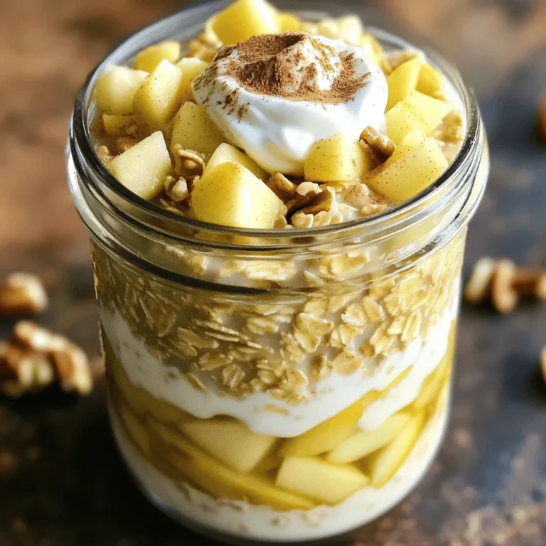 - 1 cup rolled oats - 1 cup unsweetened almond milk (or any milk of your choice) - 1 medium apple, diced (preferably a sweet variety like honeycrisp) - 1 tablespoon chia seeds - 1 teaspoon ground cinnamon - 1 tablespoon maple syrup (adjust sweetness to taste) - 1/2 teaspoon vanilla extract - 1/4 cup Greek yogurt (optional for creaminess) - A pinch of nutmeg (optional) - Chopped walnuts or pecans for topping (optional) - Other milk alternatives like soy or oat milk - Different apple varieties for varied flavors - Sweeteners such as honey or agave syrup When making Apple Pie Overnight Oats, gather the required ingredients first. Rolled oats form the base. They soak up the milk, making them soft and creamy. Use unsweetened almond milk or your favorite milk. I love honeycrisp apples for their sweetness. You want to dice them into small pieces. Chia seeds add a nice texture and help thicken the oats. Ground cinnamon gives that classic apple pie taste. Maple syrup sweetens the dish, so adjust it to your liking. A splash of vanilla extract enhances flavor. Greek yogurt is optional but adds richness and creaminess. A pinch of nutmeg gives a warm spice note. For toppings, chopped walnuts or pecans offer a nice crunch. You can also mix in optional ingredients for more flavor and variety. Trying different milks or apples can change the dish. Sweeteners like honey or agave syrup can replace maple syrup too. Once you have everything, you are ready to make your breakfast! For the full recipe, check out the Apple Pie Overnight Oats section. - Step 1: Combine rolled oats, almond milk, chia seeds, and Greek yogurt in a bowl or jar. - Step 2: Add diced apple, cinnamon, maple syrup, vanilla extract, and nutmeg (optional). This part is easy! Grab a bowl or jar. First, measure one cup of rolled oats. Then, pour in one cup of almond milk. If you like, you can use any milk you want. Next, add one tablespoon of chia seeds. Chia seeds help thicken the oats and add fiber. If you want a creamy texture, throw in a quarter cup of Greek yogurt. Mix it all up! Now it’s time for the yummy stuff. Take a medium apple, preferably a sweet one like honeycrisp, and dice it into small pieces. Toss those apple bits into the bowl. Add one teaspoon of ground cinnamon for that warm flavor. Drizzle in one tablespoon of maple syrup to sweeten it just right. If you want, add a half teaspoon of vanilla extract for extra taste. A pinch of nutmeg can add a nice touch too! - Step 3: Stir well to mix all ingredients thoroughly. - Step 4: Cover tightly and refrigerate overnight or for at least 4 hours. Stir the mixture well. You want all the oats, apples, and spices to mix together nicely. This is where the magic happens! Taste it. If it’s not sweet enough, feel free to add more maple syrup. Now, cover the bowl or jar tightly. Place it in the fridge. Let it chill overnight. If you can’t wait, at least four hours will also work. The oats will soak up all the flavors! - Step 5: Stir in the morning and adjust consistency with almond milk if needed. - Step 6: Top with additional ingredients like apples, cinnamon, and nuts before serving. In the morning, take it out of the fridge. Give it a good stir. If it feels too thick, just add a splash of almond milk. This will help make it creamy again. Now for the fun part! Top your oats with more diced apples, a sprinkle of cinnamon, and some chopped walnuts or pecans. This adds crunch and flavor. Enjoy your delicious Apple Pie Overnight Oats! For the full recipe, check out the complete instructions and tips. - Ensure oats are fully soaked for best texture. - Adjust sweetness to personal preference during mixing. When you soak your oats overnight, they absorb the liquid well. This means your oats will be creamy and soft in the morning. If you skip this step, your oats might taste dry and hard. You can mix in the maple syrup for sweetness right away. Taste it and add more if you like it sweeter. - Serve in individual jars for a visually appealing breakfast. - Add a dollop of yogurt and sprinkle of cinnamon as garnishes. Serving your oats in jars makes breakfast fun! You can see all the layers and colors. It’s like a mini dessert. A dollop of yogurt on top adds creaminess. A sprinkle of cinnamon makes it look nice and adds flavor too. You can even use different jars to match your style. - Experiment with different spices like ginger or cloves. - Try adding a spoonful of nut butter for added richness and flavor. Want to mix things up? Add some ginger or cloves to give your oats a nice kick. They add warmth and depth to the flavor. A spoonful of nut butter, like almond or peanut, makes your oats richer. It adds good fats and keeps you full longer. You can also change up the nuts or fruits for new tastes! {{image_2}} You can switch up your Apple Pie Overnight Oats easily. Try Pumpkin Pie Overnight Oats. Just add pumpkin puree and spices. These spices include cinnamon, nutmeg, and ginger. You’ll get that cozy fall flavor in every bite. Another fun option is Berry Overnight Oats. Use fresh strawberries or blueberries instead of apples. The berries add a sweet and tart taste. This keeps your breakfast exciting and colorful! If you need a dairy-free meal, swap yogurt and milk for non-dairy options. Almond, soy, or oat milk work great. You can also use dairy-free yogurt. This keeps your overnight oats creamy and tasty. For those who are gluten-free, use certified gluten-free oats. This way, you can enjoy the same delicious flavor without worry. It’s a simple switch that keeps everyone happy! Toppings can add fun textures and flavors. Use chopped nuts like walnuts or pecans for crunch. They also add healthy fats, making your meal even better. You can also add fresh fruits. Bananas, peaches, or whatever is in season can brighten your oats. These fruits add natural sweetness and a pop of color. For the full recipe, check out the main article. You’ll find all the details to make this tasty breakfast! Store your Apple Pie Overnight Oats in the refrigerator. They stay fresh for up to 4 days after you make them. Keep them in a jar or a bowl with a lid to keep out any odors. You can freeze these oats for up to a month. Just be aware that the texture might change when you thaw them. The oats may become a bit mushy, but they will still taste great. I find they taste best when eaten fresh. The flavor and texture shine when you enjoy them right after preparation. If you need a quick breakfast, grab them from the fridge. Typically, they last for about 3-4 days when stored properly. Keep them in a sealed jar. This way, they stay fresh and tasty. I love enjoying them for breakfast all week! Yes, but the texture may be different; instant oats can become mushy. I prefer rolled oats for a better bite. If you use instant oats, keep an eye on the soaking time. Honey, agave nectar, or a sugar alternative may be used. Each option adds a unique flavor. Experiment to find what you love! You can adjust sweetness to your taste for the perfect morning treat. In this article, we covered how to make Apple Pie Overnight Oats. You learned about the key ingredients, the step-by-step process, and helpful tips. I hope you feel ready to try this recipe yourself. It’s a tasty, easy breakfast option. You can also change ingredients to suit your taste. Remember to store leftovers in the fridge for up to four days. Enjoy your delicious overnight oats and the many ways to make them!