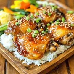 - 4 chicken thighs, skin-on and bone-in - 1/2 cup soy sauce (low sodium) - 1/4 cup honey - 1/4 cup rice vinegar - 2 tablespoons sesame oil - 3 cloves garlic, minced - 1 tablespoon fresh ginger, grated The chicken thighs are the stars of this dish. They have a rich flavor and juicy texture. Using skin-on, bone-in thighs keeps them moist during baking. The teriyaki sauce is simple yet flavorful. The soy sauce gives it a salty kick. Honey adds sweetness, while rice vinegar balances the flavors. Sesame oil brings a nutty aroma that makes this sauce special. Aromatics like garlic and ginger are key. They add depth and warmth to the dish. Minced garlic packs a punch, while grated ginger adds a nice zing. - 1 tablespoon cornstarch (optional, for thickening) - 1 tablespoon sesame seeds - 2 green onions, sliced (for garnish) Cornstarch helps thicken the sauce, making it stick to the chicken better. This is great if you like a richer glaze. Garnishes like sesame seeds and green onions add color and crunch. They make your dish look even more appealing. Plus, who doesn’t love a little extra flavor? - Salt and pepper to taste Seasoning is crucial. A pinch of salt and a dash of pepper make the chicken shine. These simple seasonings enhance the natural flavors without overpowering them. For the full recipe, check out the details provided earlier. Start by preheating your oven to 400°F (200°C). This will ensure that your chicken cooks evenly. Line a baking dish with aluminum foil. This makes cleanup a breeze. Next, mix the teriyaki sauce. In a medium bowl, add the soy sauce, honey, rice vinegar, sesame oil, minced garlic, and grated ginger. Whisk until it is smooth. If you want a thicker sauce, mix the cornstarch with one tablespoon of water. Add this to your sauce and stir well. Now it's time to cook the chicken. Pat the chicken thighs dry with paper towels. This helps them crisp up nicely. Season the thighs with salt and pepper. Place the chicken, skin-side up, in the prepared baking dish. Pour the teriyaki sauce over the chicken. Make sure each piece is well coated. Bake the chicken for 35-40 minutes. Halfway through, baste the chicken with the sauce from the dish. This adds extra flavor and moisture. You know the chicken is done when it reaches an internal temperature of 165°F (75°C). The skin should be crispy and golden. After baking, remove the chicken from the oven. Let it rest for 5 minutes. This helps the juices settle. For the final touch, sprinkle sesame seeds and sliced green onions on top. Serve the chicken on a platter with extra teriyaki sauce. Add a side of steamed rice and seasonal veggies for a complete meal. For the full recipe, check the section above. To get crispy skin on chicken thighs, start with dry skin. Pat the chicken thighs dry using paper towels. This helps remove moisture, which can make the skin soggy. Next, season them with salt and pepper. This adds flavor and helps with browning. When baking, place the chicken skin-side up in the dish. This allows the heat to circulate around the skin. Bake at 400°F (200°C) for 35-40 minutes. Basting halfway through with the teriyaki sauce keeps them juicy and adds flavor. To adjust the sauce's sweetness, add more or less honey. If you want a tangy kick, try increasing the rice vinegar. You can also mix in pineapple juice for a fruity twist. For extra depth, add minced ginger or garlic. These aromatics enhance the sauce's flavor. You can also toss in some sriracha if you like heat. This gives the dish a little zing. One big mistake is overcooking or undercooking the chicken. Use a meat thermometer to check the internal temperature. It should reach 165°F (75°C). This ensures the chicken is safe to eat and juicy. Another mistake is skipping the resting time. Let the chicken rest for 5 minutes after baking. This allows the juices to redistribute, making each bite tender. {{image_2}} If you want to switch things up, try using chicken breast instead of thighs. Chicken breast has less fat but can still be juicy. You can also use tofu for a plant-based option. It absorbs flavors well and is a great choice for vegetarians. For a gluten-free version, use tamari instead of soy sauce. It has a similar taste and works perfectly in this recipe. Want to spice it up? Add sriracha or chili flakes to the teriyaki sauce. This will give your dish a nice kick. You can also use fruit juices like orange or pineapple for a sweet twist. Citrus adds brightness and balances the savory notes. Mixing in fruit juices can make the dish even more tasty. You can grill the chicken if you prefer a smoky flavor. Just marinate the chicken in the teriyaki sauce, then grill over medium heat. Baking works great too, like in the full recipe. If you want a hands-off method, try a slow cooker. Cook on low for 4-6 hours for tender, flavorful chicken. Each method gives a different taste, so choose what you like best! After enjoying your baked teriyaki chicken thighs, store any leftovers properly. Place them in an airtight container. You can keep them in the fridge for up to four days. Make sure to let the chicken cool first. For long-term storage, freezing is a great option. Wrap each thigh tightly in plastic wrap, then place them in a freezer bag. This helps prevent freezer burn. Baked teriyaki chicken thighs can last in the freezer for up to three months. When you’re ready to enjoy leftovers, reheating is key. The best way to keep the texture nice is to use the stovetop. Heat a skillet over medium heat and add a splash of water or sauce. Place the chicken thighs in the skillet, cover, and heat until warmed through. This method helps keep the skin crispy. If using a microwave, place the chicken on a safe plate. Cover it with a microwave-safe lid to trap moisture. Heat in short intervals to avoid overcooking. In the fridge, your leftovers should be eaten within four days. If they sit longer, they may spoil. Look out for any odd smells or changes in color. If the chicken feels slimy, it’s best to throw it away. Always trust your senses when checking for spoilage. To know if your chicken thighs are done, check the internal temperature. It should reach 165°F (75°C). Use a meat thermometer for the best results. You can also look for visual cues. The juices should run clear, not pink. The skin should be crispy and golden brown. Yes, you can make teriyaki chicken thighs in advance. This is a great meal prep option. Cook the chicken and let it cool. Store it in an airtight container. Keep it in the fridge for up to three days. You can also freeze it for up to three months. Baked teriyaki chicken thighs pair well with rice and steamed veggies. White rice or jasmine rice works great. You can also use brown rice for a healthier option. For veggies, try broccoli, snap peas, or carrots. To present the dish, place the chicken on a platter. Drizzle extra teriyaki sauce on top for color. Add a side of rice and veggies for a complete meal. For the full recipe, check out the details above. Baked teriyaki chicken thighs blend tender chicken with sweet and savory flavors. We explored key ingredients, preparation steps, and cooking methods. We also shared tips for crispy skin and avoiding common mistakes. You can easily customize this dish with variations or enjoy leftovers the next day. With this guide, you can make a delicious meal that will impress anyone. Cooking at home can be simple and fun!