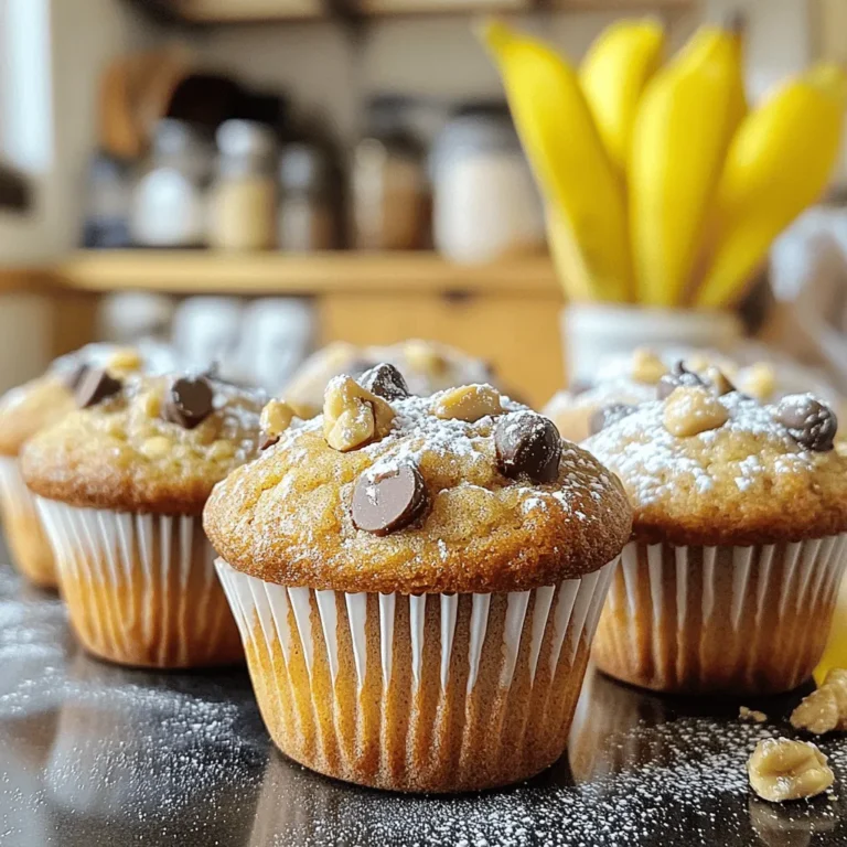 - 1/2 cup unsalted butter - 2 ripe bananas, mashed - 1/2 cup brown sugar - 1/4 cup granulated sugar - 1 large egg - 1 teaspoon vanilla extract - 1 cup all-purpose flour - 1 teaspoon baking soda - 1/2 teaspoon salt - 1/2 cup semi-sweet chocolate chips - 1/4 cup chopped walnuts (optional) Benefits of using brown butter Brown butter adds a rich, nutty flavor. It elevates the taste of the muffins. The browning process creates depth and complexity. I love the warm, toasted notes it brings. Simply melt the butter in a pan until golden. Choosing ripe bananas for sweetness Ripe bananas are key to a truly tasty muffin. Look for bananas with brown spots. They provide natural sweetness and moisture. The riper, the better! Mashed, they blend smoothly into the batter. Types of chocolate chips to use Semi-sweet chocolate chips are my go-to for balance. They add a sweet touch without being overpowering. You can also try dark chocolate chips for a richer flavor. White chocolate adds a fun twist too! For complete details, check the Full Recipe. First, get your baking pan ready. Line your muffin tin with paper liners or lightly grease it. This helps the muffins come out cleanly. Now, let's melt and brown the butter. In a small saucepan, place the unsalted butter over medium heat. Watch it closely as it melts. Stir it often. After a few minutes, the butter will foam. Keep cooking until it turns a lovely golden brown and smells nutty. This takes about 5-7 minutes. Once it looks perfect, remove it from the heat and let it cool slightly. Next, we combine the wet ingredients. In a large mixing bowl, mash the ripe bananas well. Add the brown sugar and granulated sugar to the bowl. Stir this mixture until it’s smooth and creamy. Now, slowly pour in the slightly cooled brown butter. Mix well until everything is blended. Beat in the egg and the vanilla extract. Make sure it’s all mixed together. In another bowl, whisk the dry ingredients. Combine the all-purpose flour, baking soda, and salt. Gradually add this dry mix to the wet ingredients. Stir gently until just combined. Don’t overmix; it’s okay if a few lumps remain. Next, it's time to fold in the chocolate chips and walnuts. If you choose to use walnuts, be gentle. Use a spatula to lift and fold, not stir. This helps keep the chocolate chips whole and the walnuts intact. Before you bake, preheat your oven to 350°F (175°C). This step is important for even baking. Once it’s hot, evenly divide the muffin batter among the muffin cups. Fill each cup about 2/3 full. Now, bake the muffins for 18-20 minutes. To test for doneness, insert a toothpick into the center of a muffin. If it comes out clean, they’re ready. If there’s batter on it, give them a few more minutes. After baking, let the muffins cool in the tin for 5 minutes. Then, transfer them to a wire rack to cool completely. To make the best Brown Butter Banana Chocolate Chip Muffins, avoid common mistakes. - Overmixing the batter: This can lead to tough muffins. Mix just until combined. - Not using ripe bananas: Ripe bananas bring natural sweetness. Choose bananas with brown spots. To get a moist muffin texture, here are some key tips: - Use brown butter: This adds a rich flavor. It also keeps muffins moist. - Don’t skip the eggs: Eggs provide structure and moisture. Make sure to use a large egg. Enjoy muffins warm for the best taste. Warm muffins have a soft texture and a lovely aroma. If you prefer cooled muffins, they still taste great. Serve with toppings like: - Butter: A simple spread can enhance flavor. - Honey or maple syrup: These add sweetness and richness. Consider pairing muffins with a hot cup of coffee or tea. The flavors complement each other nicely. Want to bake in larger quantities? Double the recipe! This gives you 24 muffins, perfect for sharing. When baking in batches, use multiple muffin tins. This speeds up the process. For gift-wrapping homemade muffins, follow these ideas: - Wrap in parchment paper: It looks nice and keeps muffins fresh. - Tie with twine: This adds a rustic touch that makes the gift special. You can find the full recipe for Brown Butter Banana Chocolate Chip Muffins to help you create these treats at home! {{image_2}} You can jazz up your muffins with spices. Try adding cinnamon or nutmeg. These spices bring warmth and depth. You can also swap in dark chocolate chips or white chocolate. Each choice gives a new twist to your muffins. Dark chocolate adds a rich taste, while white chocolate brings sweetness. If you need gluten-free muffins, use almond flour or gluten-free all-purpose flour. These options keep the muffins soft and tasty. For a vegan version, replace the butter with coconut oil. You can use flax eggs instead of a regular egg. This keeps your muffins moist and flavorful. Get creative by mixing in fruits or nuts. Chopped apples or berries work well. You can also add nuts like pecans or almonds for crunch. If you want a creamy taste, try adding nut butters. Peanut or almond butter gives extra flavor and a rich texture. For the full recipe, check out the details above. Let your muffins cool on a wire rack. This keeps them from getting soggy. After about 10 minutes, place them in an airtight container. This helps lock in freshness. Store them at room temperature for up to three days. You can also refrigerate them, but this may change their texture. To freeze muffins, wrap each one in plastic wrap. This helps prevent freezer burn. Place the wrapped muffins in a freezer-safe bag or container. They can last up to three months in the freezer. When you want to eat them, take them out and let them thaw in the fridge overnight. You can also warm them in the microwave for a quick treat. The best way to reheat muffins is in the oven. Preheat your oven to 350°F (175°C). Place the muffins on a baking sheet and warm them for about 5-10 minutes. This keeps them soft and tasty. You can also use the microwave. Heat each muffin for about 15-20 seconds. Enjoy your delicious Brown Butter Banana Chocolate Chip Muffins warm! For the complete recipe, refer to the Full Recipe section. Can I skip the walnuts? Yes, you can skip the walnuts. They add crunch and flavor, but muffins taste great without them. Simply leave them out when mixing the batter. How ripe should bananas be for the best flavor? Use very ripe bananas. They should have lots of brown spots. The riper they are, the sweeter and more flavorful your muffins will be. Can I use less sugar? Yes, you can reduce the sugar. Start with a quarter cup less. This may change the texture slightly but will still yield tasty muffins. What if I don’t have brown sugar? If you lack brown sugar, use white sugar instead. You can add a bit of molasses to mimic the flavor. Use one tablespoon of molasses for each cup of white sugar. What to do if muffins turn out dry? If your muffins are dry, check your oven temperature. It may be too hot. Also, ensure you do not overmix the batter, as this can dry out muffins. How to fix muffins that overflow in the pan? If muffins overflow, your batter may be too full. Fill each cup only two-thirds full next time. This allows room for rising without spilling. This blog post taught you how to make delicious muffins using simple ingredients. We covered everything from choosing the right bananas to perfect baking tips. Always aim to use fresh, ripe items for the best taste. Remember to be creative with flavors and adjust the recipe to your needs. Baking should be fun and easy! With the right tips and tricks, you can enjoy moist muffins every time. Now, grab your ingredients and start baking your own tasty treats!
