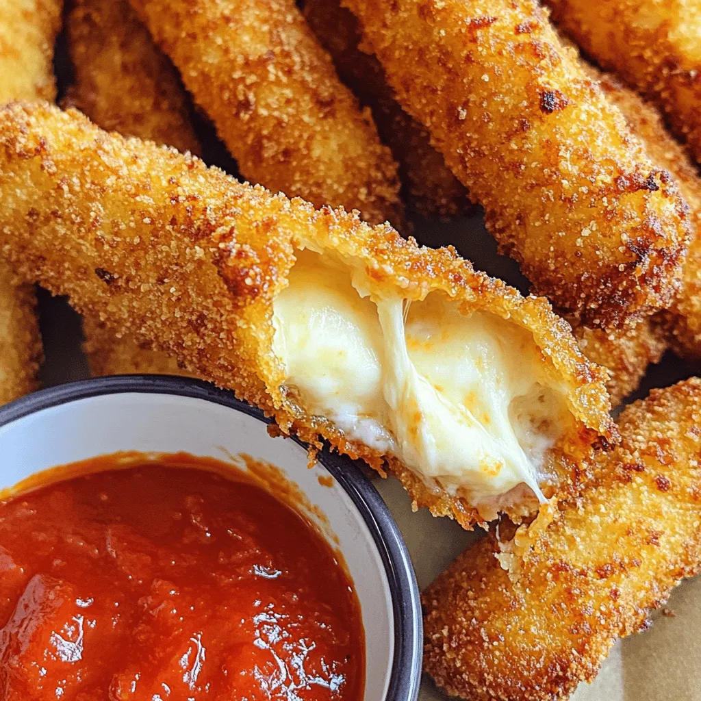 To make Easy Air Fryer Mozzarella Sticks, you need a few simple ingredients. Here’s what you will need: - 12 mozzarella string cheese sticks - 1 cup all-purpose flour - 2 large eggs, beaten - 1 cup breadcrumbs (preferably Italian-style) - 1 teaspoon garlic powder - 1 teaspoon Italian seasoning - ½ teaspoon paprika - Salt and pepper to taste - Cooking spray or olive oil spray - Marinara sauce for dipping Each ingredient adds its own flavor and texture. The mozzarella sticks bring all the cheesy goodness. The flour helps the cheese sticks stick. The eggs make the breadcrumbs adhere well. The breadcrumbs give a nice crunch. The spices add extra zest. You can use different cheese sticks if you want. Cheddar or a mix can work too. Just remember to adjust the cooking time if you change the cheese type. The marinara sauce is perfect for dipping. It adds a nice tang that pairs well with the cheesy taste. With these ingredients, you can create a tasty treat. Check out the Full Recipe for all the steps to make these yummy mozzarella sticks! 1. Cutting mozzarella sticks: Start by cutting each mozzarella stick in half. This gives you two shorter sticks. Shorter sticks are easier to dip and eat. 2. Setting up the breading station: Get three shallow dishes. Put the flour in one dish, the beaten eggs in another, and mix the breadcrumbs, garlic powder, Italian seasoning, paprika, salt, and pepper in the third dish. This setup makes it easy to coat the cheese. 1. Coating with flour: Take a mozzarella stick and roll it in the flour. Make sure it is covered well. Shake off any extra flour. 2. Dipping in beaten eggs: Next, dip the floured stick into the beaten eggs. Let any excess egg drip off. This helps the breadcrumbs stick better. 3. Rolling in breadcrumb mixture: Now, roll the stick in the breadcrumb mix. Press gently so the crumbs stick well. Repeat this for all the mozzarella sticks. 1. Freezing the breaded sticks: Place the breaded sticks on a baking sheet. Freeze them for at least 30 minutes. This step helps keep their shape when you cook them. 2. Preheating the air fryer: Preheat your air fryer to 390°F (200°C). While it heats up, lightly spray the basket with cooking spray. 3. Air frying instructions: Arrange a batch of mozzarella sticks in a single layer. Make sure they do not touch. Spray the tops lightly with cooking spray for extra crispiness. Cook for about 6-8 minutes, or until they are golden brown. Adjust the cooking time if needed, based on your air fryer model. Now you are ready to enjoy your crunchy, gooey mozzarella sticks! For more details, check the Full Recipe. To make your air fryer mozzarella sticks great, freezing is key. Freezing the breaded sticks for at least 30 minutes helps them keep their shape. If you skip this step, they may melt too much while cooking. Trust me; this makes a big difference. Different air fryers cook differently, so you might need to adjust the time. Most recipes suggest 6-8 minutes at 390°F (200°C). Check your sticks around the 6-minute mark. If they need more time, watch closely to avoid burning. Adding seasonings can boost the taste of your mozzarella sticks. I like garlic powder and Italian seasoning. These add a nice herby flavor. You can also try a bit of paprika for a hint of smokiness. Feel free to get creative with your favorite spices! While mozzarella is the classic choice, you can experiment with other cheeses too. Cheddar cheese sticks work well and offer a sharp flavor. A blend of mozzarella and cheddar gives you a rich taste. Just remember, softer cheeses may melt faster, so adjust your cooking time accordingly. For the full recipe, check out the details above. {{image_2}} You can switch up the cheese for fun. Cheddar cheese sticks give a sharp taste. Their creamy melt pairs well with the crunchy coating. You can also mix mozzarella and cheddar. This blend creates a rich flavor and gooey texture. Feel free to explore with other cheeses too. Think about pepper jack for a spicy kick. Want to make your sticks extra crunchy? Use panko breadcrumbs instead of regular ones. They add a nice crunch that is hard to beat. You can also spice up your breadcrumbs. Add garlic powder, onion powder, or even crushed red pepper. This makes each bite burst with flavor. Personalizing your coating can take these sticks to the next level. Check out the Full Recipe for more ideas! To keep your air fryer mozzarella sticks fresh, store them in the fridge. Place them in an airtight container. They will last for about three days. If you want to keep them longer, consider freezing them. To freeze the breaded sticks, first, lay them on a baking sheet. Make sure they are not touching each other. Freeze them for about two hours until they are firm. Then, transfer them to a freezer bag. Be sure to remove as much air as possible. When it’s time to enjoy your leftover mozzarella sticks, here are the best ways to reheat them: - Air Fryer: Preheat the air fryer to 350°F (175°C). Cook for about 4-5 minutes until they are hot and crispy. - Oven: Preheat your oven to 375°F (190°C). Spread the sticks on a baking sheet and bake for 10-12 minutes. - Microwave: This is quick but not the best for texture. Heat them for about 30 seconds. Check and add more time if needed. These methods will help you enjoy that gooey cheese and crispy outside again! To make Easy Air Fryer Mozzarella Sticks, follow these steps: 1. Cut each mozzarella stick in half. 2. Set up three shallow dishes: one with flour, one with beaten eggs, and one with breadcrumbs mixed with garlic powder, Italian seasoning, paprika, salt, and pepper. 3. Coat each mozzarella stick in flour, shake off excess. 4. Dip the stick in eggs, letting the extra drip off. 5. Roll in the breadcrumb mix, pressing gently. 6. Place the sticks on a baking sheet and freeze for at least 30 minutes. 7. Preheat the air fryer to 390°F (200°C) and spray the basket. 8. Arrange sticks in a single layer, spray tops lightly. 9. Air fry for 6-8 minutes until golden and crispy. 10. Cool for a minute, serve with marinara sauce. Yes, you can use other types of cheese! Here are some options: - Cheddar cheese sticks provide a sharp flavor. - Pepper jack gives a spicy kick. - String cheese blends well with different flavors. - Gouda offers a rich, smoky taste. Air fry mozzarella sticks for about 6-8 minutes. Cooking time may vary: - If they are larger, increase the time by 1-2 minutes. - For smaller sticks, check them at 5 minutes. - Always look for a golden-brown color as a sign they are done. Pair mozzarella sticks with tasty dips and sides like: - Marinara sauce is classic and delicious. - Ranch dressing adds a creamy touch. - Garlic aioli offers a gourmet spin. - Serve with a side salad for a fresh contrast. This post covered how to make delicious air fryer mozzarella sticks. We discussed the ingredients, from cheese to spices. You learned step-by-step instructions for preparation, breading, and cooking. Tips for the best texture and flavor helped enhance your dish. We explored variations and storage tips to keep leftovers fresh. Now you’re ready to impress friends and family with your tasty snacks. Enjoy your cooking adventure!