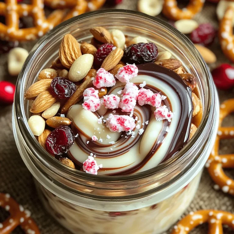 - 1 cup dark chocolate chips - 1 cup white chocolate chips - 1/2 cup crushed peppermint candies Dark chocolate chips bring a rich flavor. White chocolate chips add sweetness. Crushed peppermint candies give a festive crunch. Together, they create a perfect holiday base for the mix. - 1 cup almond or cashew nuts - 1 cup pretzel bites - 1/2 cup dried cranberries Nuts add a nice crunch and protein. Pretzel bites give a salty twist. Dried cranberries bring a chewy texture and a bit of tartness. These ingredients make the mix more fun and varied. - 1/2 teaspoon sea salt for seasoning - Extra crushed peppermint for garnish A sprinkle of sea salt enhances the flavors. Adding more crushed peppermint on top makes it look pretty. These optional touches can make your trail mix even more special. For the full recipe, follow the steps outlined to create this delightful treat! Start by melting 1 cup of dark chocolate chips. Place them in a microwave-safe bowl. Heat the chocolate in 30-second intervals. Stir the chocolate after each interval. This helps it melt evenly. Keep heating until it is fully melted and smooth. Once your chocolate is ready, pour it onto a baking sheet lined with parchment paper. Spread it into a thin layer using a spatula. This creates your dark chocolate base. Now, melt 1 cup of white chocolate chips in the same way. After it is melted, take a spoon and drizzle it over the dark chocolate base. Use a toothpick to swirl the white chocolate into the dark chocolate. This gives a nice marbled look. Before the chocolate sets, sprinkle 1/2 cup of crushed peppermint candies on top. Press them gently into the chocolate so they stick. Then, place your baking sheet in the refrigerator. Let it chill for about 20 minutes until the chocolate is firm. Once the chocolate is set, break it into uneven pieces. In a large mixing bowl, combine the chocolate bark pieces with 1 cup of nuts, 1 cup of pretzel bites, and 1/2 cup of dried cranberries. Toss everything together gently until well mixed. Finally, sprinkle 1/2 teaspoon of sea salt over the trail mix. This adds a tasty flavor boost. Enjoy your Peppermint Bark Trail Mix as a festive treat! For a full recipe, check the previous sections. To melt chocolate well, use microwave-safe bowls. This helps avoid any mess. Heat the chocolate in short bursts, about 30 seconds at a time. Stir after each round to keep the heat even. This way, you won’t burn the chocolate. Overheating can ruin the taste and texture. If it looks grainy or clumpy, it’s too hot. Feel free to adjust the trail mix to fit your taste. You can change the amount of nuts or pretzels. If you like more crunch, add extra pretzel bites. For a nut-free option, skip the nuts and add seeds instead. You can also mix in other snacks, like popcorn or chocolate-covered treats. This keeps the mix fun and interesting. When serving, use festive bowls or clear mason jars. This makes your mix look special. You can also sprinkle extra crushed peppermint on top for flair. For gifts, package the trail mix in cute bags or jars. Tie a ribbon around it for a nice touch. This adds a personal feel and makes it great for sharing. {{image_2}} You can make this Peppermint Bark Trail Mix dairy-free. Just swap out regular chocolate chips for dairy-free chocolate chips. These chips melt well and taste great. Look for options made from coconut or almond milk. This way, everyone can enjoy the treat! Add festive cheer to your trail mix for holidays. Include seasonal spices like cinnamon or nutmeg. You can also cut up dried fruits like apples or pears. These fruits add a sweet and festive touch. Try using different colored candies for fun and color. This makes your mix look extra special during the holidays! Changing up the nuts and snacks can make the mix more fun. Try using walnuts, pecans, or even hazelnuts. You can also add puffed rice or popcorn for a light crunch. Mixing different textures makes every bite exciting. Feel free to experiment until you find your favorite blend. To keep your peppermint bark trail mix fresh, store it in airtight containers. This helps keep air and moisture out. Choose containers that seal tightly. Glass jars or plastic containers work well. Avoid keeping the mix in paper bags or open bowls. These do not protect the mix from humidity. Temperature matters too. Store your trail mix in a cool, dry place. Heat and humidity can ruin the taste and texture. A pantry or cupboard away from the stove is ideal. Your peppermint bark trail mix will stay fresh for up to two weeks when stored correctly. After that, it may lose its crunch and flavor. Watch for signs of spoilage. If you see any white spots on the chocolate, it may be stale. A soft or chewy texture instead of a crisp one also means it’s time to toss it. Always trust your nose; if it smells off, it’s better to throw it out. For the full recipe, refer back to the main article. To make Peppermint Bark Trail Mix, follow these steps: 1. Melt the dark chocolate chips in a microwave-safe bowl. Heat in 30-second bursts. Stir between each until smooth. 2. Spread the melted dark chocolate on a parchment-lined baking sheet. Make a thin layer as your base. 3. Melt the white chocolate chips the same way. Drizzle it over the dark chocolate. Use a toothpick to swirl them for a pretty effect. 4. Sprinkle crushed peppermint candies on top. Press lightly to stick them to the chocolate. 5. Chill the baking sheet in the fridge for about 20 minutes to set the chocolate. 6. Break the chocolate into uneven pieces once firm. 7. In a bowl, mix the chocolate bark, nuts, pretzel bites, and dried cranberries. Toss gently to combine. 8. Finish by sprinkling sea salt over the mix for extra flavor. This recipe is quick and fun, making it great for all skill levels. You can find the Full Recipe for more detailed steps! Yes, you can use different types of chocolate! Here are some ideas: - Milk chocolate: For a sweeter taste, swap dark chocolate for milk chocolate. - White chocolate: If you love creamy flavors, use only white chocolate. - Flavored chocolate: Try mint or orange chocolate for a twist. - Dark chocolate: Use a higher cocoa percentage for a richer taste. Mix and match to discover your favorite flavors. Be creative with what you have on hand! Absolutely! Peppermint Bark Trail Mix makes a lovely gift. Here are some tips for packaging: - Use clear bags: Fill clear cellophane bags and tie them with ribbons. - Mason jars: Layer the mix in mason jars for a cute look. - Gift boxes: Fill small gift boxes with the trail mix. Add a festive note. - Personal touch: Include a handwritten recipe card for a personal touch. Make it eye-catching and festive. Your friends and family will love it! This blog post showed you how to make a fun Peppermint Bark Trail Mix. We covered the main and optional ingredients, from dark chocolate to peppermint candies. You learned step-by-step how to melt chocolate, layer it, and create a tasty mix with nuts and pretzels. I shared tips to customize your trail mix and keep it fresh. Remember, you can change the ingredients to match your taste. Enjoy making your trail mix for yourself or as gifts! It’s easy and fun to create.