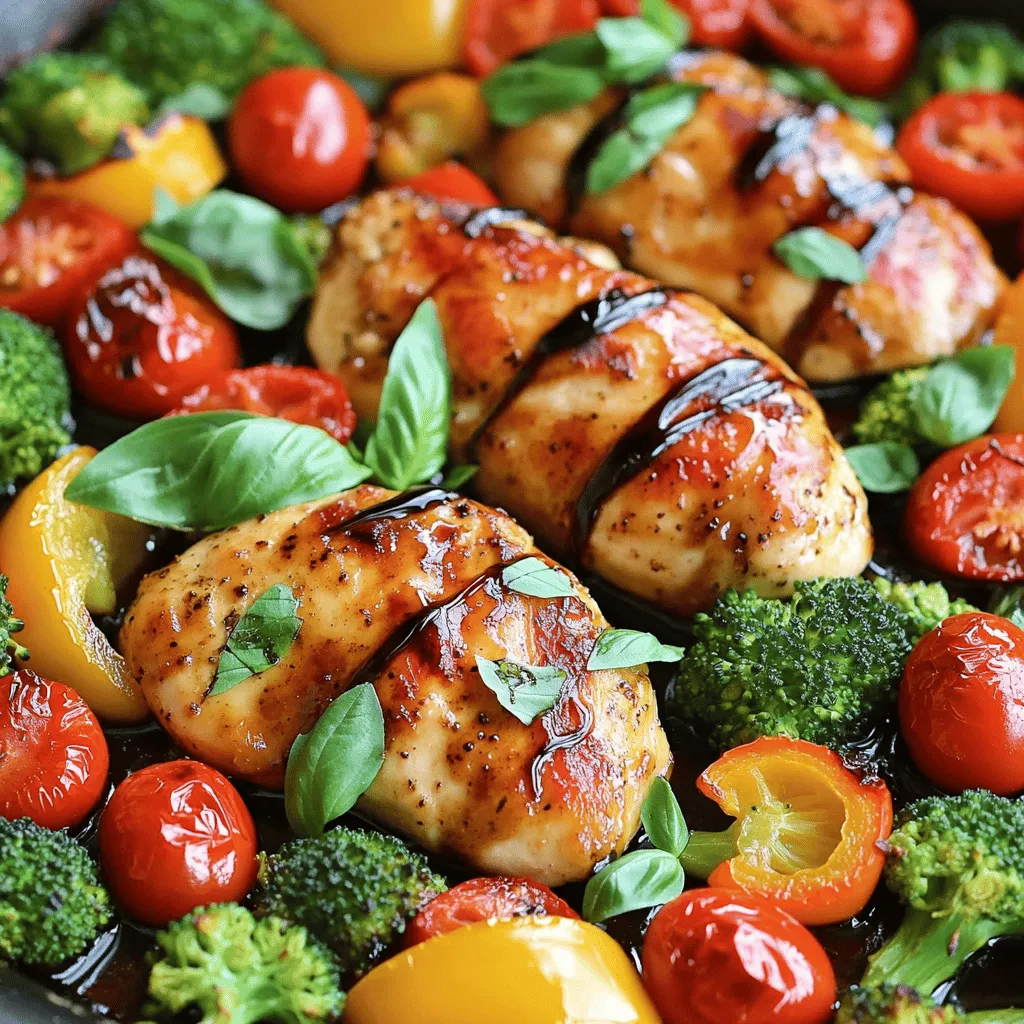 To make this tasty dish, gather the following items: - 4 boneless, skinless chicken breasts - 1 cup cherry tomatoes, halved - 2 cups broccoli florets - 1 red bell pepper, sliced - 1 yellow bell pepper, sliced - 4 cloves garlic, minced - 1/3 cup balsamic vinegar - 2 tablespoons honey - 2 tablespoons olive oil - Salt and pepper to taste - 1 teaspoon dried Italian herbs (or Italian seasoning) - Fresh basil leaves, for garnish If you need to swap some ingredients, here are a few ideas: - Use chicken thighs instead of breasts for more flavor. - Any colorful bell pepper works well. Try green or orange. - Instead of broccoli, use green beans or asparagus. - Maple syrup can replace honey for a different taste. - If you don’t have Italian herbs, use a mix of oregano and thyme. When choosing veggies, freshness matters. Here’s how to pick the best: - Look for bright colors and firm textures. - Check cherry tomatoes for smooth skin and no bruises. - Choose broccoli with a deep green color and tight florets. - Bell peppers should feel heavy and have shiny skin. - Smell the produce; it should smell fresh and earthy. These tips help ensure your One-Pan Balsamic Chicken and Veggies turns out great! First, gather all your ingredients. This makes cooking easier and more fun. You need chicken, veggies, and a tasty marinade. Preheat your oven to 400°F (200°C) to get it ready for baking. While the oven heats, mix up the marinade. This step adds great flavor to your dish. 1. In a small bowl, whisk together balsamic vinegar, honey, olive oil, garlic, Italian herbs, salt, and pepper. This will be your marinade. 2. Put the chicken breasts in a big bowl and pour half of the marinade over them. Toss the chicken to coat it well. Let the chicken sit for about 15 minutes to soak up the flavors. 3. Line a large baking sheet with parchment paper or foil. This makes cleanup easier. 4. After marinating, place the chicken on one side of the baking sheet. 5. On the other side, add cherry tomatoes, broccoli, and sliced bell peppers. Drizzle the rest of the marinade over the veggies. 6. Sprinkle some salt and pepper on the veggies. Toss them gently to coat. Bake everything in the oven for 25-30 minutes. The chicken should reach 165°F (75°C) inside. The veggies need to be tender but not mushy. After baking, let the dish rest for 5 minutes. Then, slice the chicken and serve it with the roasted veggies. Drizzle any leftover juices from the tray over the meal for extra flavor. Enjoy this savory one-pan balsamic chicken and veggies! For the complete recipe, check the Full Recipe section. To make a great one-pan meal, choose the right pan. A large, rimmed baking sheet works best. This helps the heat circulate. Keep the chicken and veggies in a single layer. This allows even cooking and browning. You can boost the taste with fresh herbs. Try adding rosemary or thyme before baking. A splash of lemon juice also adds brightness. If you love spice, sprinkle some red pepper flakes. They will give your dish a fun kick. Don’t skip the marinating step! This helps the chicken soak up the flavors well. Avoid overcrowding the pan. If everything is too close together, the food will steam instead of roast. Finally, remember to check the chicken's temperature. It should reach 165°F for safe eating. For the full recipe, check the details above! {{image_2}} You can switch chicken for other proteins. Try pork tenderloin for a juicy taste. Salmon works well, too, adding a rich flavor. Tofu is a great choice for a vegan option. Just cut it into cubes and marinate it like chicken. Each protein brings a unique twist to the dish. Feel free to mix up the veggies. Zucchini, carrots, or asparagus can all shine in this recipe. Try adding green beans for a nice crunch. Sweet potatoes add sweetness and heartiness. Just make sure to cut them into even pieces. This way, they cook at the same time as the chicken. You can easily change this recipe to fit your diet. For gluten-free meals, ensure your balsamic vinegar is gluten-free. Use low-sodium soy sauce instead of honey for a lower sugar option. If you are vegetarian, skip the chicken and focus on the veggies. This dish is flexible and can meet many dietary needs. For the full recipe, check above. Storing leftovers is easy with this dish. Once it cools, place chicken and veggies in an airtight container. This keeps them fresh. Make sure to separate chicken from veggies if you want. Store in the fridge for up to three days. If you want to keep them longer, consider freezing. When you are ready to eat, reheating is simple. You can use the microwave or the oven. For the microwave, place the chicken and veggies on a plate. Heat for one to two minutes. Stir halfway through for even heat. If using the oven, preheat to 350°F (175°C). Bake for about 10-15 minutes until hot. This keeps the chicken juicy and the veggies tender. Freezing is perfect for meal prep. To freeze, let the dish cool completely. Place the chicken and veggies in freezer-safe bags. Remove as much air as possible before sealing. Label the bags with the date. You can freeze them for up to three months. When ready to eat, thaw in the fridge overnight. Reheat as mentioned above. This way, you enjoy a tasty meal anytime! Check the Full Recipe for more details. The total time to cook One-Pan Balsamic Chicken and Veggies is about 45 minutes. This includes 15 minutes of prep time and 25 to 30 minutes of cooking time. You want the chicken to reach 165°F (75°C) for safe eating. This dish cooks quickly and is perfect for busy nights. Yes, you can make this dish in advance. You can marinate the chicken up to a day ahead. Just keep it in the fridge until you are ready to cook. This lets the flavors mix well. For best results, cook the veggies fresh. You can also prepare it all and reheat when ready to eat. You can serve this dish with many sides. Here are some tasty options: - Rice or quinoa for a filling meal - A fresh green salad for crunch - Garlic bread to soak up the sauce - Mashed potatoes for comfort food These sides will complement the flavors of the chicken and veggies well. For the full recipe, check the detailed steps above. In this blog post, we explored all you need for making One-Pan Balsamic Chicken and Veggies. We covered every ingredient, including substitutions and fresh produce tips. I shared a step-by-step guide for cooking and perfect timing. You learned helpful tips for flavor and common mistakes. We discussed variations for proteins and veggies to fit your needs. Finally, we highlighted storage and reheating tips. Enjoy your cooking journey and make this dish your own!