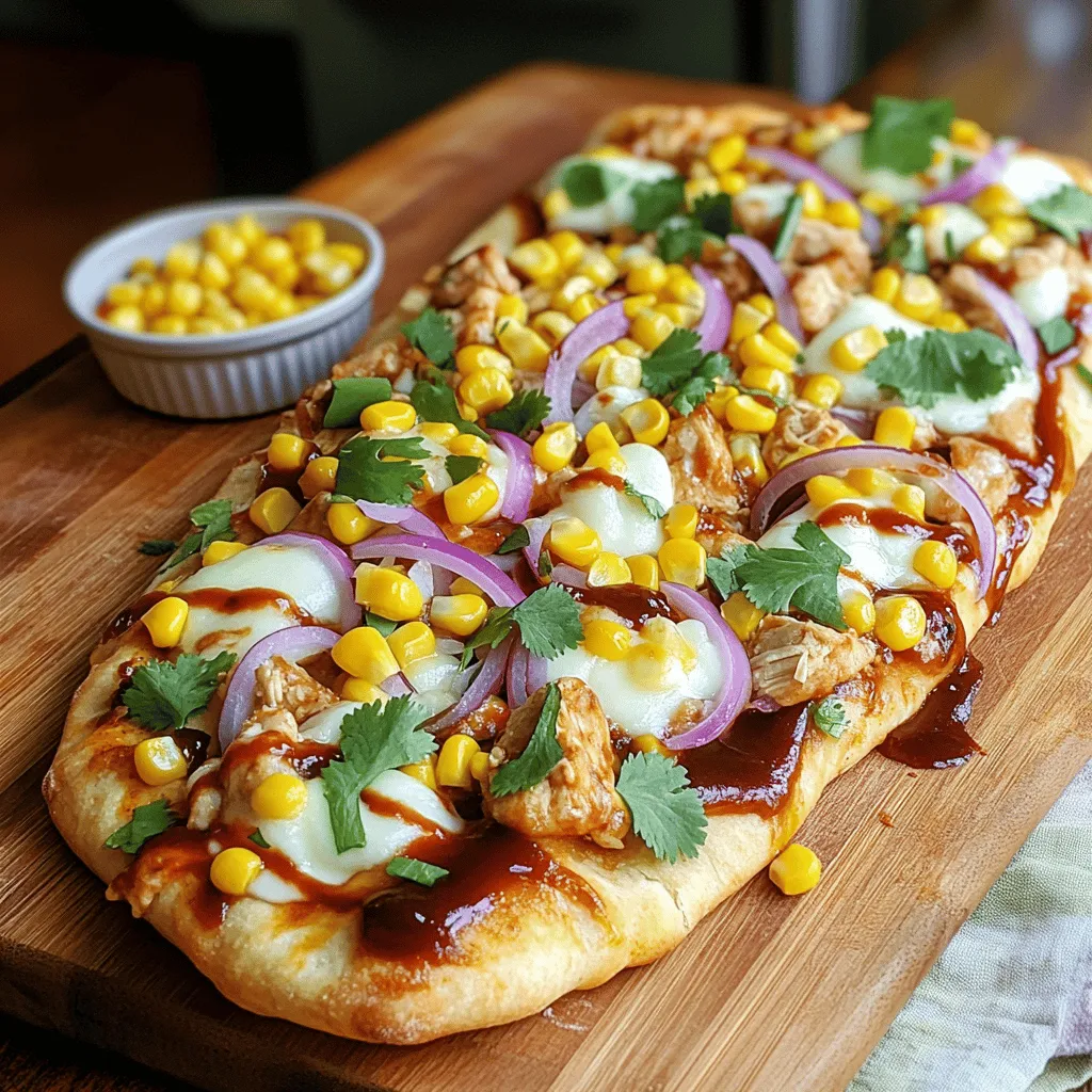 - Flatbreads (store-bought or homemade) - Shredded cooked chicken breast - BBQ sauce selection - Shredded mozzarella cheese - Red onion slices - Corn kernels - Fresh cilantro for garnish - Olive oil - Salt and pepper For this BBQ Chicken Flatbread, you need a few simple ingredients. Start with flatbreads. You can buy them or make your own. I love homemade flatbreads for their fresh taste. Next, you need shredded cooked chicken breast. Use leftover chicken or a rotisserie chicken for quick prep. Choose your favorite BBQ sauce. The flavor of the sauce makes a big difference. You can find many brands, so pick one you love. Mozzarella cheese adds creaminess. Shredding it yourself gives you better meltability. Red onion adds a nice crunch and flavor. Slice it thin so it cooks well. Corn kernels bring sweetness. You can use fresh corn or canned corn, depending on what's available. Fresh cilantro is a must for garnish. It adds color and freshness. A drizzle of olive oil helps the flatbreads crisp up in the oven. Finally, don't forget salt and pepper for seasoning. All these ingredients come together to create a tasty meal. Check the [Full Recipe] for more details. - Preheating the oven Start by preheating your oven to 400°F (200°C). This ensures even cooking and a perfect crust. - Mixing chicken with BBQ sauce In a bowl, combine 1 cup of shredded chicken with 1/2 cup of your favorite BBQ sauce. Stir until the chicken is fully coated. - Preparing flatbreads with olive oil Take 2 flatbreads and place them on a baking sheet. Drizzle 1 tablespoon of olive oil on each flatbread. Spread the oil evenly using a brush or the back of a spoon. This step adds flavor and helps the flatbreads crisp up. - Distributing BBQ chicken mixture Evenly distribute the BBQ chicken mixture over the flatbreads. Leave a small border around the edges for a nice crust. - Adding toppings: cheese, onion, corn Sprinkle 1 cup of shredded mozzarella cheese over the chicken. Next, add 1/2 thinly sliced red onion and 1/2 cup of corn kernels on top for extra flavor. - Seasoning the flatbreads Season the flatbreads with salt and pepper to your taste. This small step can make a big difference. - Proper baking time and temperature Place the baking sheet in the preheated oven. Bake the flatbreads for 10-12 minutes. This will melt the cheese and crisp the edges. - Signs that the flatbread is ready Look for the cheese to be melted and bubbly. The edges should be golden brown. This tells you that your flatbreads are ready. - How to slice and present the flatbreads Once out of the oven, let the flatbreads cool slightly. Use a sharp knife to slice them into wedges. Arrange them on a wooden cutting board for a rustic look. - Pairing options (sides or dips) Serve your BBQ chicken flatbread with a small bowl of extra BBQ sauce for dipping. You can also add a fresh salad or crunchy veggies on the side to complete the meal. Enjoy! To make sure your BBQ chicken flatbread cooks evenly, spread the toppings in a thin layer. This allows the heat to reach all parts of the flatbread. If you want extra flavor, mix in some diced jalapeños or smoked paprika with the chicken. These will add a nice kick! For spices, I recommend garlic powder and onion powder. They deepen the taste of the chicken. If you want to change up the recipe, try using ranch dressing instead of BBQ sauce. It gives a creamy twist that many people love! For serving, place the flatbreads on a wooden cutting board. This makes it look rustic and inviting. Add fresh cilantro on top for color. You can also serve a small bowl of BBQ sauce on the side for dipping. This will make your dish even more appealing! {{image_2}} You can change toppings to make your BBQ chicken flatbread unique. Try adding veggies like: - Bell peppers - Mushrooms These add color and flavor. You can also switch up the cheese. Instead of mozzarella, use: - Cheddar - Feta These cheeses give a new taste. Feta adds a salty kick, while cheddar adds richness. If you want to try something new, think about homemade BBQ sauce. Making your own lets you control the flavors. You can mix ingredients like honey, ketchup, and spices. Alternatively, look for unique specialty BBQ sauces. Some may have fruity or spicy notes that can enhance your dish. Flatbreads are versatile. You can choose different types based on your needs. For those who want gluten-free options, look for gluten-free flatbreads at stores. They work well and taste great. If you prefer something healthier, try whole wheat flatbreads. They add extra fiber compared to traditional flatbreads. Each type can change the taste and feel of your meal, so pick what you like best. To keep your BBQ chicken flatbread fresh, store leftovers in an airtight container. It’s best to refrigerate them within two hours of baking. When reheating, place the flatbread in the oven at 350°F (175°C) for about 10 minutes. This method keeps the crust crispy and warm. Avoid using the microwave, as it can make the flatbread soggy. If you want to meal prep, freezing is a great option. Wrap each flatbread tightly in plastic wrap, then place it in a freezer bag. You can freeze flatbreads for up to three months. When you’re ready to eat, thaw them in the fridge overnight. Reheat in the oven at 350°F (175°C) for 10-12 minutes until heated through. The ingredients in your BBQ chicken flatbread have different shelf lives. Cooked chicken lasts about 3-4 days in the fridge. The flatbreads can stay fresh for a week. BBQ sauce can last for months if stored properly. Look out for signs of spoilage, like a bad smell or mold on any ingredient. Always trust your senses when it comes to food safety. How do I make homemade flatbread? To make homemade flatbread, you need flour, water, salt, and a little oil. Mix these ingredients to form a dough. Knead it until smooth. Then, roll the dough into flat circles. Cook them in a hot skillet for a few minutes on each side until they puff up. Can I use raw chicken for this recipe? No, using raw chicken is not safe. Always cook your chicken first before adding it to the flatbread. Cooked chicken keeps the dish safe and tasty. What sauces pair well with BBQ chicken flatbread? Besides BBQ sauce, try ranch dressing or honey mustard. These sauces offer great flavor and balance the BBQ chicken. Hot sauce can also add a fun kick! How many calories are in BBQ chicken flatbread? Each serving of BBQ chicken flatbread has around 300 to 400 calories. This depends on the toppings and portion size you choose. Are there healthy alternatives for this recipe? Yes! Use whole wheat flatbreads for more fiber. You can also add more veggies like peppers and spinach to boost nutrition. Swap regular cheese for a low-fat option too. Can this recipe be made vegan? Yes, make it vegan by using plant-based chicken. Replace cheese with vegan cheese or skip it altogether. Use a vegan BBQ sauce to keep it tasty. How can I make this dish spicier? Add sliced jalapeños or a sprinkle of red pepper flakes. You can also mix some hot sauce into the BBQ sauce for extra heat. Adjust the spice to your liking! BBQ chicken flatbreads are simple to make and delicious. We covered the key ingredients, step-by-step prep, and how to serve them. I shared tips to enhance flavor and variations to customize your dish. Remember, these flatbreads can suit any taste or dietary need. Enjoy the process and feel free to experiment with toppings. Your creativity will lead to tasty results every time. Dive in and share your unique creations with others!