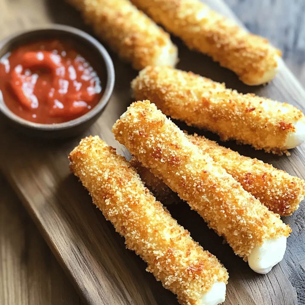 This easy Air Fryer Mozzarella Sticks recipe uses simple ingredients. You will need just a few items to create this tasty snack. - 12 string cheese sticks - 1 cup all-purpose flour - 2 large eggs, beaten - 1 cup breadcrumbs (panko for extra crunch) - 1 teaspoon Italian seasoning - ½ teaspoon garlic powder - ½ teaspoon salt - Cooking spray Each ingredient plays a key role in making your mozzarella sticks crispy and flavorful. For this recipe, I recommend using string cheese. It melts well and is easy to handle. You can also try other cheeses like cheddar or gouda. However, remember that they may melt differently than mozzarella. Stick with mozzarella for the classic taste. Start with 12 string cheese sticks. Cut each stick in half to make shorter pieces. This helps them cook evenly and makes them easier to dip. Next, set up a dredging station. You will need three shallow bowls: - Flour: Place 1 cup of all-purpose flour in the first bowl. - Eggs: Beat 2 large eggs in the second bowl. - Breadcrumbs: In the third bowl, mix 1 cup of breadcrumbs with 1 teaspoon of Italian seasoning, ½ teaspoon of garlic powder, and ½ teaspoon of salt. Now, it’s time to coat the cheese sticks. 1. First, dip each cheese stick in the flour, shaking off any extra. 2. Then, dip it in the beaten eggs, covering it well. 3. Roll it in the breadcrumb mix, pressing lightly to stick the crumbs. Once all sticks are coated, lay them on a parchment-lined baking sheet. Freeze them for 30 minutes. This step helps them hold their shape while cooking. Preheat your air fryer to 390°F (200°C). Lightly spray the air fryer basket with cooking spray. Arrange the frozen mozzarella sticks in a single layer. Make sure they do not touch. You may need to cook in batches. Cook the sticks for 6-8 minutes. Flip them halfway through for even cooking. They should turn golden brown and crispy. Once done, remove them carefully and serve with marinara sauce for dipping. Enjoy your delicious air fryer mozzarella sticks! To get the best crunch on your mozzarella sticks, freeze them before cooking. The cold helps keep the cheese from melting too fast. I usually freeze them for about 30 minutes. This way, they stay firm while the coating gets nice and crispy. Use panko breadcrumbs for extra crunch. They make a big difference! One common mistake is overcrowding the air fryer. If you place too many sticks at once, they won’t cook evenly. Always leave space between them. Another mistake is skipping the freeze. This can lead to melted cheese oozing out during cooking. Make sure to coat the sticks well, too; this helps hold everything together. Serve these mozzarella sticks hot for the best taste. Marinara sauce is a classic choice, but you can get creative! Try ranch dressing or spicy aioli for a twist. You can also add a sprinkle of fresh herbs on top for color. This makes your dish look even more inviting! For a fun snack tray, pair the sticks with veggies or pepperoni. {{image_2}} You can spice up your mozzarella sticks easily. Try adding a pinch of cayenne for heat. If you like herbs, mix in dried oregano or basil. These flavors blend well with cheese. For a twist, add a bit of paprika for smokiness. Don’t be shy to experiment! You can even add crushed red pepper flakes for a kick. Just remember, start small and taste as you go. If you need gluten-free mozzarella sticks, swap the flour and breadcrumbs. Use gluten-free flour and gluten-free breadcrumbs instead. Both are easy to find in stores. You can also use crushed rice cereal for a crunchy coating. This option keeps your dish tasty and safe for gluten-sensitive friends. Just follow the same steps in the recipe, and you are good to go! While mozzarella is classic, you can try other cheeses too. Cheddar, pepper jack, or gouda all work well. Each cheese gives a different taste and texture. For a fun mix, use a combination of cheeses. Just keep the same coating method from the recipe. Get creative and see what you like best! After making air fryer mozzarella sticks, let them cool first. Place any leftovers in an airtight container. Store them in the fridge for up to three days. If you want them to stay fresh longer, consider freezing them. To reheat mozzarella sticks, use the air fryer for best results. Preheat your air fryer to 350°F (175°C). Place the sticks in a single layer and cook for about 3-5 minutes. This method keeps them crispy and warm. You can also use a microwave, but they won’t be as crunchy. You can freeze uncooked mozzarella sticks for later use. After coating them, lay them on a baking sheet. Make sure they don’t touch. Freeze for about 30 minutes until firm, then transfer them to a freezer bag. They can stay in the freezer for up to three months. When ready to cook, you can air fry them straight from the freezer. Just add a couple of extra minutes to the cooking time. Yes, you can use regular mozzarella. Cut it into sticks. Make sure the pieces are thick enough to hold their shape. String cheese has a nice, stretchy texture. Regular mozzarella may not stretch as much when melted. Experiment with both to see which you like better. Cook mozzarella sticks for 6 to 8 minutes at 390°F (200°C). Halfway through, flip them for even cooking. Watch for a golden-brown color. This shows they’re crispy and ready to eat. Cooking times may vary by air fryer, so check often. If your mozzarella sticks aren’t crispy, try a few tips. First, make sure to freeze them before cooking. This helps them keep their shape. Second, check the oil spray on the basket. A light spray can help them crisp up. Lastly, avoid overcrowding the basket. Cook in batches if needed. You learned how to make great cheese sticks with this guide. We covered ingredients, step-by-step cooking, and tips for the best results. Remember to try different cheese and add fun spices. Store leftovers well, and you can enjoy them later. Air frying can give you crispy cheese sticks every time. With these tips, you can avoid common mistakes and impress anyone. Now, gather your ingredients and start cooking! Enjoy the delicious cheese goodness.